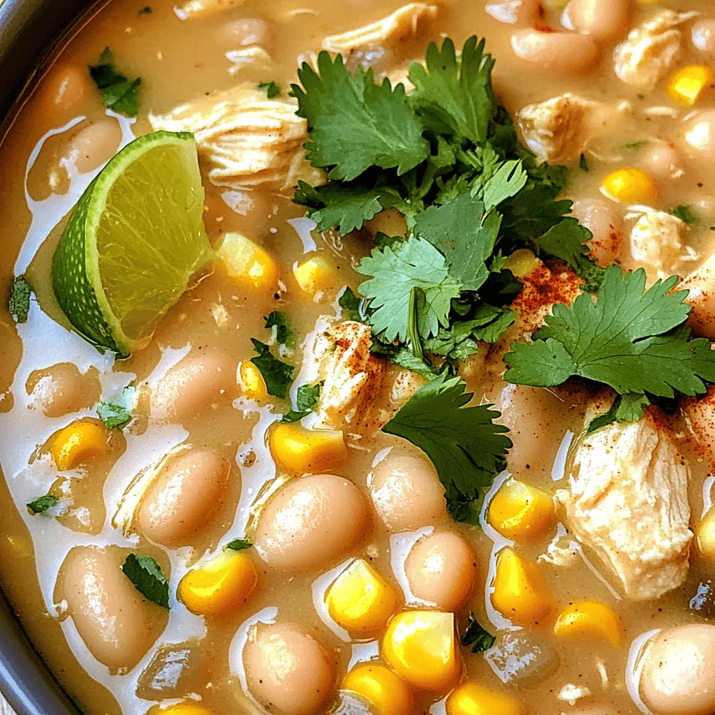 - 1 pound boneless, skinless chicken breasts, diced - 2 tablespoons olive oil - 2 cans (15 oz each) white beans, drained and rinsed - 1 cup heavy cream - 1 cup corn kernels - 1 teaspoon ground cumin - 1 teaspoon chili powder - ½ teaspoon paprika - 1 teaspoon dried oregano - Fresh cilantro and lime wedges - Large pot - Cutting board and knife - Measuring spoons and cups When making creamy white chicken chili, gather your main ingredients first. The chicken is the star of this dish. Use one pound of boneless, skinless chicken breasts. Dice them into small pieces. This size helps them cook evenly and mix well with other ingredients. Next, you'll need olive oil. Two tablespoons will help brown the chicken and add flavor. For the creamy base, grab two cans of white beans. Great Northern beans work well here. They add a nice texture and some protein. Don't forget one cup of heavy cream. This makes the chili rich and creamy. You'll also need one cup of corn kernels, which adds a sweet burst to each bite. Now, let’s talk about seasonings. Ground cumin adds a warm flavor. Use one teaspoon of this spice. Chili powder brings a nice kick, so add one teaspoon there as well. A half teaspoon of paprika adds color and a mild taste. Finally, one teaspoon of dried oregano rounds out the flavor profile. For garnishes, fresh cilantro brightens up the dish. A lime wedge adds a zesty finish. Lastly, keep your kitchen tools handy. A large pot is essential for cooking everything together. A cutting board and knife will help with prep work. Measuring spoons and cups will ensure you get the right amounts of each ingredient. Now that you have all your ingredients and tools ready, you're set to create a delicious creamy white chicken chili! First, grab a large pot and heat 2 tablespoons of olive oil over medium heat. Once the oil is hot, add 1 pound of diced boneless, skinless chicken. Cook for about 6 to 8 minutes until the chicken is browned and fully cooked. Make sure to stir often to avoid sticking. When the chicken is ready, remove it from the pot and set it aside on a plate. In the same pot, add the finely chopped onion. Cook the onion for 4 to 5 minutes. You want it to turn a nice translucent color. After that, add 3 cloves of minced garlic. Cook the garlic for about 1 minute until it smells great. This step builds a strong flavor base for your chili. Now, it’s time to bring everything together. Add 2 cans of white beans, 2 cups of low-sodium chicken broth, and 1 cup of heavy cream to the pot. Then, sprinkle in 1 teaspoon of ground cumin, 1 teaspoon of chili powder, ½ teaspoon of paprika, 1 teaspoon of dried oregano, and salt and pepper to taste. Stir everything well to combine. Bring the mixture to a gentle simmer. After it simmers, stir in the cooked chicken and 1 cup of corn kernels. Let the chili cook for another 10 to 15 minutes. Stir occasionally and watch it thicken to your liking. Taste and adjust the seasoning if needed. Add some diced jalapeños or a sprinkle of cayenne if you want more heat. Enjoy your creamy white chicken chili! To get your chili just right, you can adjust the thickness. If it’s too thick, add more broth or cream. This will help make it creamy and smooth. If it’s too thin, let it simmer longer to thicken up. Taste it as you go. Adjust the salt and pepper to match your palate. Want to amp up the flavor? Try adding spices like cayenne for heat or coriander for a fresh taste. You can also mix in fresh veggies, like bell peppers or zucchini. They add color and extra nutrients. Don't forget toppings! A sprinkle of fresh cilantro or a squeeze of lime can elevate your dish. If you want to use a slow cooker, brown the chicken, and then place everything in the pot. Cook on low for 6-8 hours. For an Instant Pot, simply add all ingredients and cook on high pressure for 10 minutes. Use a quick release for best results. Both methods will give you a tasty chili with minimal effort. {{image_2}} You can easily change the spice level of your creamy white chicken chili. If you like heat, try adding jalapeños. Dice them up and stir them in while cooking. You can also sprinkle in cayenne pepper for extra kick. Start small and taste as you go. If you want it milder, swap those out for sweet bell peppers. This way, you keep the flavor without the heat. Are you looking for gluten-free options? Good news! The ingredients in this recipe are naturally gluten-free. Just make sure your chicken broth is also gluten-free. For a dairy-free version, you can use coconut milk instead of heavy cream. It gives a nice creaminess with a hint of sweetness. You don’t have to stick with chicken. Ground turkey or shredded turkey work well too. They give a lighter taste but still pack a punch. If you want to skip meat altogether, plant-based proteins like tofu or lentils are great choices. For beans, Great Northern beans are common, but you can also use cannellini beans or even chickpeas. Mixing different beans adds depth of flavor and texture. To store your leftover Creamy White Chicken Chili, place it in an airtight container. Make sure to let it cool before sealing. Keep it in the fridge for up to three days. For the best taste, eat it within this time frame. To retain flavor, avoid adding garnishes like cilantro or lime until serving. This keeps the taste fresh and vibrant. You can freeze Creamy White Chicken Chili for later use. Start by letting it cool completely. Then, transfer it to a freezer-safe container or bag. Remove as much air as possible, then seal tightly. You can freeze it for up to three months. When you’re ready to enjoy it, thaw the chili in the fridge overnight. Reheat it on the stove over low heat, stirring often. If it seems thick, add a splash of chicken broth to reach your desired consistency. In the fridge, Creamy White Chicken Chili lasts for about three days. In the freezer, it stays safe for up to three months. Always check for off smells or changes in color before eating. If it looks or smells unusual, it's best to throw it out. Yes, you can use canned chicken in this recipe. Canned chicken saves time and effort. It is already cooked, so you can add it directly to your chili. However, the texture may differ from fresh chicken. Fresh chicken offers a firmer bite and richer flavor. When using canned chicken, check for added salt. This can affect the taste of your chili. Always drain and rinse the chicken to lessen the sodium content. To give your chili more heat, you can add diced jalapeños or a sprinkle of cayenne pepper. Start with a small amount and taste as you go. You can also try adding crushed red pepper flakes. Another option is to use spicy chicken broth. This will deepen the flavor and kick up the spice level. Always balance the heat with cream or lime to keep it flavorful. Yes, you can make this chili ahead of time. It tastes even better after sitting for a while. To prepare in advance, cook the chili and let it cool. Store it in an airtight container in the fridge. It will last for about 3-4 days. When ready to eat, reheat on the stove over low heat. You can also freeze it for up to 3 months. To thaw, put it in the fridge overnight before reheating. In this blog post, I shared a simple recipe for Creamy White Chicken Chili. You learned about the main ingredients, cooking steps, and kitchen tools you'll need. I also covered tips for adjusting flavor and texture and offered variations for different diets. Remember, make it your own by tweaking the spices or changing the protein. Enjoy your cooking, and don't hesitate to experiment. Each batch is a chance to learn and taste something new. Happy cooking!