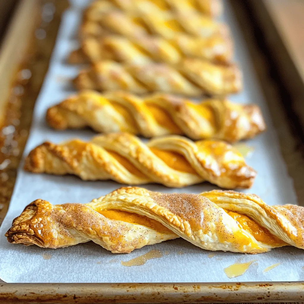 For this recipe, you need 1 sheet of puff pastry. Make sure it is thawed before you start. Puff pastry gives these twists their flaky and light texture. You can find it in the freezer section of most grocery stores. Be sure to keep it cold until you are ready to roll it out. The filling is key to the flavor. You will need 1/2 cup of canned pumpkin puree. This gives the twists that rich pumpkin taste. Mix the puree with 1/4 cup of granulated sugar for sweetness. Also, add 1 teaspoon of cinnamon, 1/4 teaspoon of nutmeg, and 1/4 teaspoon of ginger. These spices bring warmth and depth to your filling. Finally, stir in 1/2 teaspoon of vanilla extract for a lovely aroma. You will need some extra flavor on top. Prepare extra cinnamon sugar for sprinkling. This is just a mix of sugar and cinnamon. It adds a sweet crunch to the outside of the twists. You can make it by combining 1 tablespoon of sugar with 1/2 teaspoon of cinnamon. This simple touch makes your twists even more delicious! First, you need to preheat your oven to 400°F (200°C). This heat makes your twists crispy. Next, line your baking sheet with parchment paper. This paper helps keep the twists from sticking. It also makes cleanup easy. On a lightly floured surface, take your thawed puff pastry. Roll it out gently to smooth any creases. This makes it easier to work with. After that, cut the pastry into 6 equal rectangles. Make sure they are all the same size for even baking. In a mixing bowl, combine the pumpkin puree, granulated sugar, and spices. Add cinnamon, nutmeg, ginger, and vanilla extract. Mix these well until everything is blended. This filling gives your twists a warm, sweet flavor. It’s what makes them special. Now, take a generous spoonful of the pumpkin mixture. Place it in the center of each pastry rectangle. Fold one side of the pastry over the filling. Press down the edges to seal them tight. You can twist the pastry slightly for a fun look. Brush the tops of each twist with the beaten egg. Drizzle melted butter over them for extra flavor. Don’t forget to sprinkle extra cinnamon sugar on top. This adds sweetness and a nice crunch. Bake your twists in the preheated oven for 15-20 minutes. Look for them to turn golden brown and flaky. Once done, take them out and let them cool slightly before serving. Enjoy your tasty treats! To get the best puff pastry, start with a good quality sheet. Thaw it slowly in the fridge. This keeps the layers nice and flaky. Roll it out gently on a floured surface. Do not press too hard; you want to keep air in the layers. Cut the pastry into even rectangles for uniform baking. This helps them cook evenly. For a richer taste, consider adding a pinch of salt to the pumpkin filling. This enhances the sweetness and balances flavors. You can also use brown sugar instead of granulated sugar for a deeper taste. Mixing in a splash of maple syrup can add a lovely twist. If you like nuts, chop up some pecans or walnuts. They add crunch and flavor. Presentation matters for these treats. After baking, let them cool slightly. Dust them with extra cinnamon sugar for a sweet finish. Arrange them on a nice plate or platter. You can even drizzle a bit of melted chocolate over them for a fun touch. Serve with a dollop of whipped cream or ice cream on the side to make them special. {{image_2}} You can change the spice mix to fit your taste. Try adding cloves or allspice for a warm twist. For a more unique flavor, use cardamom. Adjust the spice levels to make your own blend. Just keep the total amount similar to what the recipe calls for. The key is to enhance the pumpkin flavor without overpowering it. While pumpkin is classic, other fillings work great too. You could use sweet potato for a different taste. Apple or pear filling adds a fresh fruit flavor. Chocolate ganache makes it rich and sweet. Each filling brings its own fun twist. Experiment and see which ones you like best! Puff pastry is light and flaky, but you have other choices. You can use phyllo dough for a crispier texture. Biscuits or pie dough offer a heartier bite. Each pastry type changes the final result. Choose the one that suits your taste and mood. Just remember to adjust baking times if needed. You can store your Cinnamon Sugar Pumpkin Pie Twists in the fridge. Place them in an airtight container. They stay fresh for up to three days. If you want to keep them longer, consider freezing them instead. This method helps maintain their taste and texture. To freeze your twists, follow these steps: - Allow the twists to cool completely. - Place them in a single layer on a baking sheet. - Freeze for about two hours until firm. - Transfer them to a freezer bag or container. - Label the bag with the date and store for up to three months. When you're ready to enjoy them again, reheat the twists easily. Preheat your oven to 350°F (175°C). Place the twists on a baking sheet. Heat for about 10-15 minutes until warm. This method keeps them flaky and delicious. You can also use a microwave, but the texture may change slightly. Yes, you can make these twists ahead of time. You can prepare the pumpkin filling and assemble the twists. Then, store them in the fridge for up to a day. When you are ready to bake, just brush them with egg wash and sprinkle with cinnamon sugar. Bake them right before serving for the best taste and texture. If you don’t have pumpkin puree, you can use sweet potato puree. It has a similar texture and flavor. You can also use butternut squash puree. Both options work well in this recipe. Just make sure to use unsweetened purees for the best results. To make these twists gluten-free, use gluten-free puff pastry. Many stores sell this option now. You can also make your own using gluten-free flour blends. Follow the same steps as with regular puff pastry. The flavor and texture will still be tasty! In this blog post, we explored puff pastry twists filled with pumpkin. We covered how to prepare, bake, and store them. You learned tips for perfect pastry and flavor boosts. Trying different spices or fillings can keep this fun. Remember to store leftovers well for fresh treats later. Enjoy making these tasty twists! They are sure to impress your family and friends.
