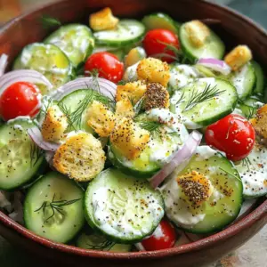 To make the Cucumber Everything Bagel Salad, you need these key ingredients: - 2 large cucumbers, thinly sliced - 1 cup cherry tomatoes, halved - 1/2 red onion, thinly sliced - 1/4 cup cream cheese, softened - 2 tablespoons Greek yogurt - 2 tablespoons lemon juice - 1 tablespoon everything bagel seasoning - 1/4 cup fresh dill, chopped (or 1 tablespoon dried dill) - Salt and pepper to taste - 1/2 cup croutons (store-bought or homemade) These fresh items bring the salad to life. The cucumbers add crispness, while the tomatoes provide sweetness. The red onion gives a nice bite. You can boost the taste of your salad with these optional ingredients: - Avocado for creaminess - Feta cheese for a salty kick - Extra herbs like parsley or chives for freshness These extras can add variety and depth to the flavor. Try them based on your mood or what you have at home. Choosing fresh produce makes a big difference. Here are tips to select the best ingredients: - Cucumbers: Look for firm, dark green cucumbers. Avoid soft or wrinkled ones. - Tomatoes: Choose ripe, vibrant tomatoes. They should feel heavy for their size. - Onions: Pick onions that feel solid and have a dry, papery skin. - Dill: Fresh dill should be bright green and fragrant. When shopping, always check for freshness. This adds flavor and nutrients to your salad. For the full recipe, you can refer to the main section above. Start by washing the cucumbers well. Thinly slice them into rounds. I find a sharp knife makes this easier. Next, take the cherry tomatoes and slice them in half. Their sweetness adds a nice touch. Then, grab the red onion and slice it thinly. The onion adds a great crunch and flavor. In a small bowl, mix the softened cream cheese and Greek yogurt. Use a fork to mash them together until smooth. It's important that there are no lumps. Then, add the lemon juice and everything bagel seasoning. This gives the dressing its unique taste. Mix well until everything is fully combined. In a large bowl, combine the sliced cucumbers, halved tomatoes, and red onion. Pour the creamy dressing over the vegetables. Gently toss everything together. You want each piece to get coated. Finally, stir in the fresh dill. Season with salt and pepper to your taste. Just before serving, sprinkle croutons on top for that extra crunch. For the full recipe, check out the directions above. To add more flavor, consider mixing in avocado. It provides creaminess and healthy fats. You can also add radishes for a peppery kick. If you like spice, diced jalapeños give a nice heat. For a sweet touch, add diced bell peppers. Fresh herbs like parsley or basil can brighten the dish. Experiment with your favorite tastes to make it your own. Serve the salad in a large bowl for a family-style meal. For individual plates, arrange the ingredients in layers. Garnish with extra dill and a sprinkle of everything bagel seasoning. You can also add lemon wedges on the side for a pop of color and freshness. Using colorful plates can make the dish even more appealing. One common mistake is over-salting. Taste before you add salt. Another mistake is cutting vegetables too thick. Thin slices help blend flavors and make the salad easier to eat. Don't forget to mix well; this ensures every bite is flavorful. Lastly, add croutons just before serving. This keeps them crunchy and tasty. For the full recipe, check the earlier section. {{image_2}} You can easily adjust this salad to fit your needs. If you want a vegan option, replace cream cheese with a plant-based cream cheese. Use coconut yogurt instead of Greek yogurt. You can skip the croutons or use gluten-free ones if needed. For a lower-fat option, use low-fat cream cheese and yogurt. Always check labels to ensure no hidden allergens. This salad shines in every season. In summer, add diced bell peppers for crunch and color. In fall, toss in roasted butternut squash for warmth and sweetness. In winter, mix in crunchy apples for a refreshing bite. In spring, fresh peas add a nice pop of color and taste. These simple changes keep the salad exciting and fresh. Cucumber Everything Bagel Salad pairs well with many meals. Serve it alongside grilled chicken or fish for a light lunch. It also goes great with hearty soups, like tomato or minestrone. For a picnic, pack it with sandwiches for a tasty combo. You can even use it as a topping on baked potatoes for a fun twist. Enjoy mixing and matching with your favorite dishes! To store leftovers, place the salad in an airtight container. This keeps moisture in and prevents the salad from wilting. Use it within three days for the best taste. If you add croutons, keep them separate. They can get soggy if mixed in. Keep cucumbers in the fridge. Wrap them in a paper towel to absorb moisture. Store cherry tomatoes at room temperature to maintain their flavor. Red onions can last well in a cool, dark place. Use your fresh dill within a week for the best flavor. This salad tastes best fresh and chilled, so reheating is not needed. If you want warm croutons, toast them in the oven for a few minutes. Just watch them closely to prevent burning. Enjoy your Cucumber Everything Bagel Salad fresh for the best experience! For the full recipe, check out the recipe section above. To make this salad vegan, skip the cream cheese and Greek yogurt. Use a vegan cream cheese instead. You can also blend silken tofu with lemon juice and seasoning for a creamy texture. This keeps the flavor and texture while making it plant-based. Yes, you can prep this salad ahead of time. Slice the cucumbers, tomatoes, and onion a few hours before serving. Mix the creamy dressing and store it separately. Combine everything just before serving to keep the veggies crisp. This way, you save time and enjoy fresh flavors. You can use many dressings for this salad. A simple vinaigrette made with olive oil and vinegar works well. Try tahini dressing for a nutty taste. A yogurt-based ranch dressing adds a creamy touch too. Experiment with flavors to find your favorite! This blog post covered everything you need to create a tasty salad. We explored essential and optional ingredients, quality tips for choosing fresh produce, and step-by-step instructions. You learned how to prepare vegetables, make a creamy dressing, and combine all the flavors. With tips for enhancing taste and avoiding common mistakes, you are set for success. Plus, we shared storage tips and various options for dietary needs. Now, you can enjoy your salad creations fresh and delicious!