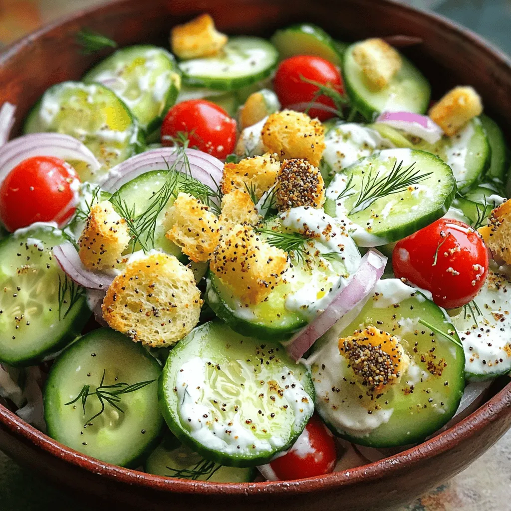 To make the Cucumber Everything Bagel Salad, you need these key ingredients: - 2 large cucumbers, thinly sliced - 1 cup cherry tomatoes, halved - 1/2 red onion, thinly sliced - 1/4 cup cream cheese, softened - 2 tablespoons Greek yogurt - 2 tablespoons lemon juice - 1 tablespoon everything bagel seasoning - 1/4 cup fresh dill, chopped (or 1 tablespoon dried dill) - Salt and pepper to taste - 1/2 cup croutons (store-bought or homemade) These fresh items bring the salad to life. The cucumbers add crispness, while the tomatoes provide sweetness. The red onion gives a nice bite. You can boost the taste of your salad with these optional ingredients: - Avocado for creaminess - Feta cheese for a salty kick - Extra herbs like parsley or chives for freshness These extras can add variety and depth to the flavor. Try them based on your mood or what you have at home. Choosing fresh produce makes a big difference. Here are tips to select the best ingredients: - Cucumbers: Look for firm, dark green cucumbers. Avoid soft or wrinkled ones. - Tomatoes: Choose ripe, vibrant tomatoes. They should feel heavy for their size. - Onions: Pick onions that feel solid and have a dry, papery skin. - Dill: Fresh dill should be bright green and fragrant. When shopping, always check for freshness. This adds flavor and nutrients to your salad. For the full recipe, you can refer to the main section above. Start by washing the cucumbers well. Thinly slice them into rounds. I find a sharp knife makes this easier. Next, take the cherry tomatoes and slice them in half. Their sweetness adds a nice touch. Then, grab the red onion and slice it thinly. The onion adds a great crunch and flavor. In a small bowl, mix the softened cream cheese and Greek yogurt. Use a fork to mash them together until smooth. It's important that there are no lumps. Then, add the lemon juice and everything bagel seasoning. This gives the dressing its unique taste. Mix well until everything is fully combined. In a large bowl, combine the sliced cucumbers, halved tomatoes, and red onion. Pour the creamy dressing over the vegetables. Gently toss everything together. You want each piece to get coated. Finally, stir in the fresh dill. Season with salt and pepper to your taste. Just before serving, sprinkle croutons on top for that extra crunch. For the full recipe, check out the directions above. To add more flavor, consider mixing in avocado. It provides creaminess and healthy fats. You can also add radishes for a peppery kick. If you like spice, diced jalapeños give a nice heat. For a sweet touch, add diced bell peppers. Fresh herbs like parsley or basil can brighten the dish. Experiment with your favorite tastes to make it your own. Serve the salad in a large bowl for a family-style meal. For individual plates, arrange the ingredients in layers. Garnish with extra dill and a sprinkle of everything bagel seasoning. You can also add lemon wedges on the side for a pop of color and freshness. Using colorful plates can make the dish even more appealing. One common mistake is over-salting. Taste before you add salt. Another mistake is cutting vegetables too thick. Thin slices help blend flavors and make the salad easier to eat. Don't forget to mix well; this ensures every bite is flavorful. Lastly, add croutons just before serving. This keeps them crunchy and tasty. For the full recipe, check the earlier section. {{image_2}} You can easily adjust this salad to fit your needs. If you want a vegan option, replace cream cheese with a plant-based cream cheese. Use coconut yogurt instead of Greek yogurt. You can skip the croutons or use gluten-free ones if needed. For a lower-fat option, use low-fat cream cheese and yogurt. Always check labels to ensure no hidden allergens. This salad shines in every season. In summer, add diced bell peppers for crunch and color. In fall, toss in roasted butternut squash for warmth and sweetness. In winter, mix in crunchy apples for a refreshing bite. In spring, fresh peas add a nice pop of color and taste. These simple changes keep the salad exciting and fresh. Cucumber Everything Bagel Salad pairs well with many meals. Serve it alongside grilled chicken or fish for a light lunch. It also goes great with hearty soups, like tomato or minestrone. For a picnic, pack it with sandwiches for a tasty combo. You can even use it as a topping on baked potatoes for a fun twist. Enjoy mixing and matching with your favorite dishes! To store leftovers, place the salad in an airtight container. This keeps moisture in and prevents the salad from wilting. Use it within three days for the best taste. If you add croutons, keep them separate. They can get soggy if mixed in. Keep cucumbers in the fridge. Wrap them in a paper towel to absorb moisture. Store cherry tomatoes at room temperature to maintain their flavor. Red onions can last well in a cool, dark place. Use your fresh dill within a week for the best flavor. This salad tastes best fresh and chilled, so reheating is not needed. If you want warm croutons, toast them in the oven for a few minutes. Just watch them closely to prevent burning. Enjoy your Cucumber Everything Bagel Salad fresh for the best experience! For the full recipe, check out the recipe section above. To make this salad vegan, skip the cream cheese and Greek yogurt. Use a vegan cream cheese instead. You can also blend silken tofu with lemon juice and seasoning for a creamy texture. This keeps the flavor and texture while making it plant-based. Yes, you can prep this salad ahead of time. Slice the cucumbers, tomatoes, and onion a few hours before serving. Mix the creamy dressing and store it separately. Combine everything just before serving to keep the veggies crisp. This way, you save time and enjoy fresh flavors. You can use many dressings for this salad. A simple vinaigrette made with olive oil and vinegar works well. Try tahini dressing for a nutty taste. A yogurt-based ranch dressing adds a creamy touch too. Experiment with flavors to find your favorite! This blog post covered everything you need to create a tasty salad. We explored essential and optional ingredients, quality tips for choosing fresh produce, and step-by-step instructions. You learned how to prepare vegetables, make a creamy dressing, and combine all the flavors. With tips for enhancing taste and avoiding common mistakes, you are set for success. Plus, we shared storage tips and various options for dietary needs. Now, you can enjoy your salad creations fresh and delicious!
