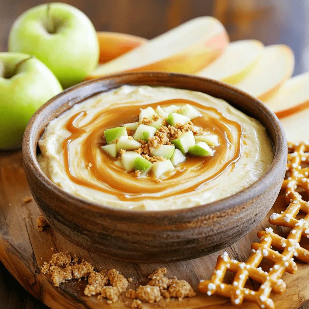 - 8 oz cream cheese, softened - 1/2 cup powdered sugar - 1 teaspoon vanilla extract - 1/2 cup sour cream - 1/2 teaspoon ground cinnamon - 1 large apple, diced (Granny Smith or Honeycrisp) - 1/4 cup caramel sauce (plus extra for drizzling) - Crushed graham crackers for serving To make the best caramel apple cheesecake dip, gather these simple ingredients. Start with cream cheese. It needs to be soft. This helps it mix well. Next, grab powdered sugar. It adds sweetness. Also, you’ll need vanilla extract for flavor. Sour cream makes it creamy and rich. Cinnamon is important too. It gives a warm taste. Choose a large apple, like Granny Smith or Honeycrisp. Dicing it into small pieces adds a fresh crunch. Don't forget caramel sauce. You will use it in the dip and for drizzling on top. Finally, have crushed graham crackers ready. They are perfect for scooping up the dip. This mix of flavors makes the dip a tasty fall treat. The sweet, creamy, and spiced notes work together beautifully. Enjoy creating this delight! To start, you need to mix the cream cheese and sugar. Take 8 oz of softened cream cheese and put it in a mixing bowl. Use a hand mixer to beat it until it's smooth and creamy. This will be the base for your dip. Next, incorporate the vanilla and sour cream. Add 1 teaspoon of vanilla extract and 1/2 cup of sour cream to the bowl. Mix these until they blend well into the cream cheese. This adds a rich and creamy flavor. Now, add the cinnamon and diced apples. Sprinkle in 1/2 teaspoon of ground cinnamon. Then, take 1 large diced apple, like Granny Smith or Honeycrisp, and fold it into the mixture. Make sure the apples are spread evenly throughout. Next, fold in the caramel sauce. Pour in 1/4 cup of caramel sauce and gently swirl it into the dip. Be careful not to mix it too much; you want a marbled effect. This makes the dip look beautiful and adds extra flavor. Once you have everything mixed, transfer the dip to a serving bowl. This is where the fun begins! Drizzle some extra caramel sauce on top. Then, sprinkle crushed graham crackers over the dip for a crunchy touch. For serving, you can use fresh apple slices, pretzel sticks, or more graham crackers. Arrange everything nicely on a platter. This makes your dip look inviting and delicious. Enjoy your caramel apple cheesecake dip! - Overmixing the cream cheese: Be careful not to overmix the cream cheese. If you do, it may become too runny. Mix just until smooth and creamy. - Choosing the right apples: Use crisp apples like Granny Smith or Honeycrisp. These apples add a nice crunch and balance the sweetness in the dip. - Best dipping options: Serve the dip with fresh apple slices, pretzel sticks, or graham crackers. These options add great texture and flavor. - Presentation tips for parties: Arrange the dip in a nice bowl. Drizzle extra caramel on top and sprinkle crushed graham crackers for a lovely look. Add some apple slices around the bowl for extra color. - Optional spices to consider: Try adding a pinch of nutmeg or ginger for more depth. These spices pair well with the apples and caramel. - Using flavored creams or extracts: You can swap regular vanilla extract for caramel or almond extract. This small change can give your dip a fun twist. {{image_2}} You can easily change the flavor of your dip. Adding chocolate chips gives a nice touch. Just fold them in after you mix everything. You can also try using different fruits. Pears or bananas can add a fun twist. Each fruit brings its own taste and pairs well with the dip. For a healthier version, you can use low-sugar substitutes. This way, you can enjoy the dip without too much sugar. Stevia or monk fruit sweeteners work well. You can also make it dairy-free. Use vegan cream cheese and coconut yogurt. These swaps keep the dip creamy and tasty. Fall is the perfect time for seasonal flavors. Try adding pumpkin spice for a cozy twist. Just a teaspoon will bring warmth to your dip. You can also add fall-themed treats like crushed nuts or dried cranberries. These extras give the dip a festive flair. To keep your caramel apple cheesecake dip fresh, use an airtight container. Glass or plastic containers with tight lids work best. This helps prevent air from drying out the dip. Always store the dip in the fridge right after serving. The dip lasts up to five days in the fridge. Store it in its airtight container to maintain freshness. If you want to freeze it, you can do that too! The dip will stay good for up to three months in the freezer. Just be sure to thaw it in the fridge when you’re ready to use it. You do not need to heat the dip. It tastes great cold or at room temperature. If you prefer it warm, gently heat it in the microwave. Use a microwave-safe bowl and heat it for about 10-15 seconds. Stir well after heating to ensure even warmth. Enjoy your dip the way you like it best! To make caramel apple cheesecake dip, start with a mixing bowl. Beat 8 oz of softened cream cheese until smooth. Slowly add 1/2 cup of powdered sugar, mixing well. Then, add 1 teaspoon of vanilla extract and 1/2 cup of sour cream. Stir until combined. Next, sprinkle in 1/2 teaspoon of ground cinnamon. Mix again to add flavor. Now, fold in a diced large apple, using Granny Smith or Honeycrisp for a tart taste. Finally, gently swirl in 1/4 cup of caramel sauce. Make sure to save some for drizzling later. Transfer your dip to a bowl and garnish with caramel and crushed graham crackers. Yes, you can make this dip ahead of time. Prepare it and store it in an airtight container. Keep it in the fridge for up to two days. This way, the flavors have time to meld. Before serving, give it a good stir. Add fresh garnishes just before you serve to keep it looking great. This dip pairs well with many snacks. Serve it with fresh apple slices for a classic touch. Pretzel sticks add a nice crunch. You can also use more graham crackers for dipping. For a fun twist, try some cookies or even fruit skewers. Arrange your dippers on a platter for a beautiful presentation. This blog post shared a simple and tasty recipe for caramel apple cheesecake dip. We looked at the key ingredients, from cream cheese to fresh apples. I provided clear steps for mixing and serving. You learned about common mistakes, fun variations, and handy storage tips. This dip is perfect for gatherings or a fun treat at home. Enjoy making it your own!