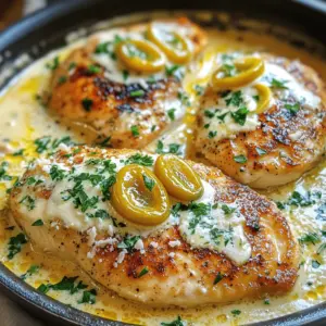 - 4 boneless, skinless chicken breasts - 1 cup pepperoncini peppers, sliced (jarred) - 1 cup heavy cream - 1 cup chicken broth - 1 tablespoon Italian seasoning - 2 tablespoons olive oil - 1 cup grated Parmesan cheese - 3 cloves garlic, minced - Salt and pepper to taste - Fresh parsley, chopped (for garnish) Gather these simple yet essential ingredients to create your Creamy Pepperoncini Chicken Skillet. The chicken breasts form the base of this dish, while the pepperoncini peppers add a nice zing. Heavy cream makes the sauce rich and smooth. The chicken broth helps to build flavor and keep things moist. Italian seasoning adds a touch of herbiness that ties all the flavors together. Olive oil is key for cooking the chicken, giving it a lovely sear. For the finishing touch, freshly grated Parmesan cheese melts beautifully into the sauce. Garlic adds depth, while salt and pepper enhance all the flavors. Finally, chopped parsley gives a fresh pop of color and flavor. Season your chicken breasts with salt, pepper, and Italian seasoning. Make sure to coat both sides. This helps the chicken to have great flavor. Even cooking is very important. It ensures that the chicken is juicy and tender. Thicker parts will take longer to cook, so try to choose even-sized pieces. Heat your skillet on medium-high heat. Add olive oil to the pan. When the oil shimmers, add the chicken breasts. Cook them for about 6-7 minutes on each side. You want a nice golden brown crust. This step locks in moisture and flavor. Always make sure the chicken is cooked through before removing it from the skillet. In the same skillet, add minced garlic and sauté for 1-2 minutes. This step brings out the garlic's full flavor. Next, add the sliced pepperoncini peppers. Sauté these for another minute. They add a nice tang to the sauce. Now, pour in the chicken broth and bring it to a simmer. It’s essential to scrape the browned bits off the bottom of the skillet. This adds depth to your sauce. Stir in the heavy cream, cooking for about 3-4 minutes. You want the sauce to thicken slightly for the best texture. Return the chicken to the skillet and spoon sauce over the top. Sprinkle the grated Parmesan cheese on the chicken. Simmer for another 2-3 minutes. The cheese should melt perfectly into the sauce. Taste your dish and adjust seasoning with salt and pepper if needed. Serve this creamy chicken in the skillet for a rustic look. You can also plate it with a bed of rice or pasta. Drizzle some extra sauce over the top. Garnish with freshly chopped parsley for a bright finish. This adds color and flavor to your dish. To keep your cream smooth, heat it gently. Avoid boiling the cream. If it curdles, it can spoil the dish. For a thicker sauce, you can mix in a bit of cornstarch. Just mix a tablespoon of cornstarch with a little water before adding it to the sauce. This will help it thicken up nicely without lumps. If you're out of boneless, skinless chicken, use thighs instead. They stay juicy and full of flavor. To keep the chicken moist, don't overcook it. Use a meat thermometer to check for doneness. Aim for 165°F. Letting it rest for a few minutes after cooking helps, too. Want to boost the flavor? Add fresh herbs like basil or thyme. They pair well with the creamy sauce. You can also use garlic powder or onion powder for a different taste. For cheese, try mozzarella or goat cheese. Each brings a unique twist to your dish. {{image_2}} To add more heat to your dish, consider these options: - Add more pepperoncini: Increase the amount of sliced pepperoncini to suit your taste. - Use crushed red pepper: A pinch of crushed red pepper adds a nice kick. - Choose spicy chicken varieties: Using peppered chicken can enhance the overall flavor. These changes will make your creamy pepperoncini chicken even more exciting! If you want to make a healthier version, here are some ideas: - Lower-fat cream substitutes: Swap heavy cream for Greek yogurt or light cream. This keeps the creaminess but cuts the calories. - Use chicken thighs: Chicken thighs are juicier and pack more flavor than breasts. They can also make your dish more tender. These swaps can help you enjoy the dish while being mindful of health. You can easily adapt this recipe for a vegetarian diet: - Use tofu or tempeh: Both can replace chicken well. Just cut them into cubes. - Adjust cooking times: Cook tofu or tempeh for a shorter time. You want them golden but not dry. This adaptation keeps the essence of the dish while offering a veggie-friendly option. To store leftovers, place them in airtight containers. This keeps the chicken fresh and safe. You can store it in the fridge for up to three days. After that, the taste and texture may change. For freezing, let the dish cool completely. Then transfer it to freezer-safe bags or containers. Remove as much air as possible to avoid freezer burn. The dish can last up to three months in the freezer. When ready to eat, thaw it in the fridge overnight. To keep the sauce creamy, reheat slowly. If using the microwave, do it in short bursts. Stir between each burst to ensure even heating. For stovetop reheating, use low heat. Stir often to prevent sticking and help the sauce stay smooth. Yes, you can use fresh pepperoncini peppers. Fresh peppers have a brighter taste. They may need more prep time. Slice them thinly and remove seeds if you want less heat. The jarred variety has a tangy flavor from brine. This adds a unique kick to the dish. This dish pairs well with several sides. Consider serving it over rice or pasta. Both options soak up the creamy sauce well. You might also enjoy it with garlic bread or a fresh salad. For a healthy twist, try steamed veggies or roasted potatoes. Yes, you can make this recipe ahead. Cook the chicken and sauce, then store them separately. Keep them in airtight containers in the fridge. When ready to eat, reheat gently on the stove. Add a splash of chicken broth to keep it creamy. Absolutely! You can adapt this recipe for a slow cooker. Season and sear the chicken first for flavor. Then add it to the slow cooker with the sauce ingredients. Cook on low for about 6 hours, or until the chicken is tender. This method makes it easy to prepare ahead of time. This blog post covered the essentials for making Creamy Pepperoncini Chicken. We explored the main ingredients, like chicken, pepperoncini, and cream. I shared step-by-step instructions, cooking tips, and variations to customize your dish. Don’t forget to store leftovers properly and reheat them for the best taste. Cooking should be fun and rewarding. With these tips, you can create a delicious meal everyone will enjoy. Experiment and find what works best for you. Happy cooking!