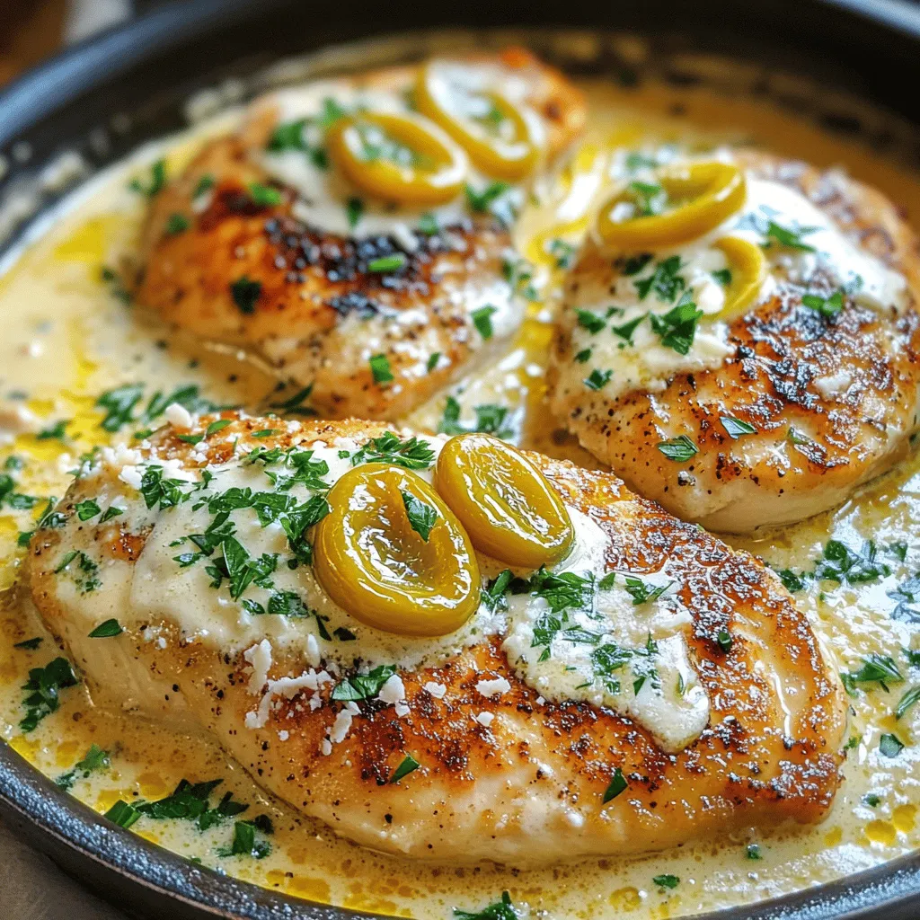 - 4 boneless, skinless chicken breasts - 1 cup pepperoncini peppers, sliced (jarred) - 1 cup heavy cream - 1 cup chicken broth - 1 tablespoon Italian seasoning - 2 tablespoons olive oil - 1 cup grated Parmesan cheese - 3 cloves garlic, minced - Salt and pepper to taste - Fresh parsley, chopped (for garnish) Gather these simple yet essential ingredients to create your Creamy Pepperoncini Chicken Skillet. The chicken breasts form the base of this dish, while the pepperoncini peppers add a nice zing. Heavy cream makes the sauce rich and smooth. The chicken broth helps to build flavor and keep things moist. Italian seasoning adds a touch of herbiness that ties all the flavors together. Olive oil is key for cooking the chicken, giving it a lovely sear. For the finishing touch, freshly grated Parmesan cheese melts beautifully into the sauce. Garlic adds depth, while salt and pepper enhance all the flavors. Finally, chopped parsley gives a fresh pop of color and flavor. Season your chicken breasts with salt, pepper, and Italian seasoning. Make sure to coat both sides. This helps the chicken to have great flavor. Even cooking is very important. It ensures that the chicken is juicy and tender. Thicker parts will take longer to cook, so try to choose even-sized pieces. Heat your skillet on medium-high heat. Add olive oil to the pan. When the oil shimmers, add the chicken breasts. Cook them for about 6-7 minutes on each side. You want a nice golden brown crust. This step locks in moisture and flavor. Always make sure the chicken is cooked through before removing it from the skillet. In the same skillet, add minced garlic and sauté for 1-2 minutes. This step brings out the garlic's full flavor. Next, add the sliced pepperoncini peppers. Sauté these for another minute. They add a nice tang to the sauce. Now, pour in the chicken broth and bring it to a simmer. It’s essential to scrape the browned bits off the bottom of the skillet. This adds depth to your sauce. Stir in the heavy cream, cooking for about 3-4 minutes. You want the sauce to thicken slightly for the best texture. Return the chicken to the skillet and spoon sauce over the top. Sprinkle the grated Parmesan cheese on the chicken. Simmer for another 2-3 minutes. The cheese should melt perfectly into the sauce. Taste your dish and adjust seasoning with salt and pepper if needed. Serve this creamy chicken in the skillet for a rustic look. You can also plate it with a bed of rice or pasta. Drizzle some extra sauce over the top. Garnish with freshly chopped parsley for a bright finish. This adds color and flavor to your dish. To keep your cream smooth, heat it gently. Avoid boiling the cream. If it curdles, it can spoil the dish. For a thicker sauce, you can mix in a bit of cornstarch. Just mix a tablespoon of cornstarch with a little water before adding it to the sauce. This will help it thicken up nicely without lumps. If you're out of boneless, skinless chicken, use thighs instead. They stay juicy and full of flavor. To keep the chicken moist, don't overcook it. Use a meat thermometer to check for doneness. Aim for 165°F. Letting it rest for a few minutes after cooking helps, too. Want to boost the flavor? Add fresh herbs like basil or thyme. They pair well with the creamy sauce. You can also use garlic powder or onion powder for a different taste. For cheese, try mozzarella or goat cheese. Each brings a unique twist to your dish. {{image_2}} To add more heat to your dish, consider these options: - Add more pepperoncini: Increase the amount of sliced pepperoncini to suit your taste. - Use crushed red pepper: A pinch of crushed red pepper adds a nice kick. - Choose spicy chicken varieties: Using peppered chicken can enhance the overall flavor. These changes will make your creamy pepperoncini chicken even more exciting! If you want to make a healthier version, here are some ideas: - Lower-fat cream substitutes: Swap heavy cream for Greek yogurt or light cream. This keeps the creaminess but cuts the calories. - Use chicken thighs: Chicken thighs are juicier and pack more flavor than breasts. They can also make your dish more tender. These swaps can help you enjoy the dish while being mindful of health. You can easily adapt this recipe for a vegetarian diet: - Use tofu or tempeh: Both can replace chicken well. Just cut them into cubes. - Adjust cooking times: Cook tofu or tempeh for a shorter time. You want them golden but not dry. This adaptation keeps the essence of the dish while offering a veggie-friendly option. To store leftovers, place them in airtight containers. This keeps the chicken fresh and safe. You can store it in the fridge for up to three days. After that, the taste and texture may change. For freezing, let the dish cool completely. Then transfer it to freezer-safe bags or containers. Remove as much air as possible to avoid freezer burn. The dish can last up to three months in the freezer. When ready to eat, thaw it in the fridge overnight. To keep the sauce creamy, reheat slowly. If using the microwave, do it in short bursts. Stir between each burst to ensure even heating. For stovetop reheating, use low heat. Stir often to prevent sticking and help the sauce stay smooth. Yes, you can use fresh pepperoncini peppers. Fresh peppers have a brighter taste. They may need more prep time. Slice them thinly and remove seeds if you want less heat. The jarred variety has a tangy flavor from brine. This adds a unique kick to the dish. This dish pairs well with several sides. Consider serving it over rice or pasta. Both options soak up the creamy sauce well. You might also enjoy it with garlic bread or a fresh salad. For a healthy twist, try steamed veggies or roasted potatoes. Yes, you can make this recipe ahead. Cook the chicken and sauce, then store them separately. Keep them in airtight containers in the fridge. When ready to eat, reheat gently on the stove. Add a splash of chicken broth to keep it creamy. Absolutely! You can adapt this recipe for a slow cooker. Season and sear the chicken first for flavor. Then add it to the slow cooker with the sauce ingredients. Cook on low for about 6 hours, or until the chicken is tender. This method makes it easy to prepare ahead of time. This blog post covered the essentials for making Creamy Pepperoncini Chicken. We explored the main ingredients, like chicken, pepperoncini, and cream. I shared step-by-step instructions, cooking tips, and variations to customize your dish. Don’t forget to store leftovers properly and reheat them for the best taste. Cooking should be fun and rewarding. With these tips, you can create a delicious meal everyone will enjoy. Experiment and find what works best for you. Happy cooking!