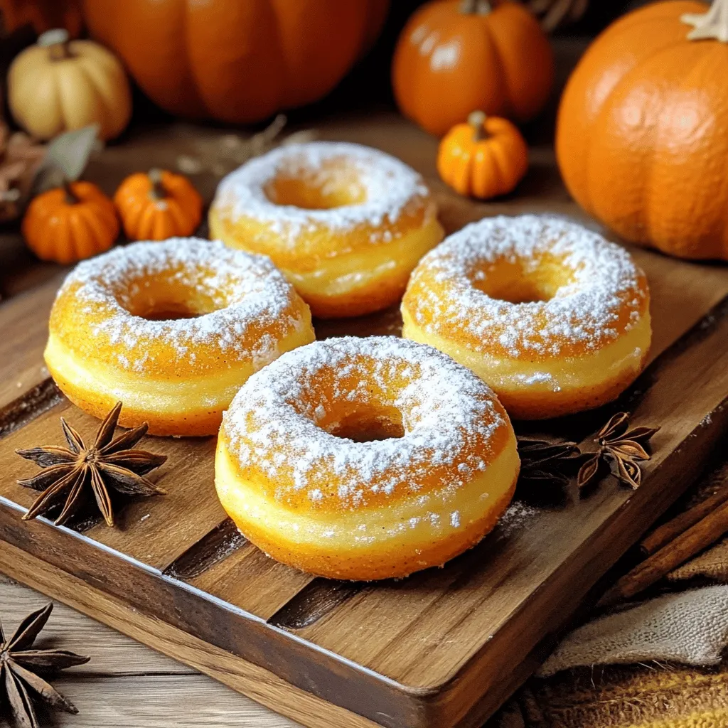 To make delicious pumpkin spice donuts, you need several key ingredients. Here is a list: - 1 cup pumpkin puree - 1 cup all-purpose flour - 1/2 cup granulated sugar - 1/4 cup brown sugar - 2 teaspoons baking powder - 1 teaspoon baking soda - 1 teaspoon pumpkin pie spice - 1/2 teaspoon salt - 1/4 cup milk - 2 tablespoons unsalted butter, melted - 1 large egg - 1 teaspoon vanilla extract Each ingredient plays a special role. The pumpkin puree gives moisture and flavor. The sugars add sweetness and help with browning. The spices bring that warm, cozy taste of fall. When measuring ingredients, use dry measuring cups for flour and sugar. For liquid ingredients, use a liquid measuring cup. If you run out of an ingredient, here are some swaps: - Use Greek yogurt instead of milk for a creamier texture. - Applesauce can replace the butter for a lower-fat option. - Use whole wheat flour for a nuttier flavor and added fiber. These swaps keep the donuts tasty while fitting your needs. To take these donuts to the next level, consider some fun toppings. After air frying, you can: - Toss them in a mix of sugar and extra pumpkin pie spice. - Drizzle with a simple glaze made from powdered sugar and milk. - Top with chopped nuts for a crunchy texture. For a festive touch, serve the donuts on a rustic platter with powdered sugar and mini pumpkins. This will impress your guests and make the donuts even more appealing! Start by grabbing a large bowl. Add the pumpkin puree, granulated sugar, and brown sugar. Then, pour in the milk, melted butter, and vanilla extract. Crack the egg into the bowl next. Whisk everything together until it looks smooth. This mix adds moisture and flavor to your donuts. Take another bowl and add the all-purpose flour, baking powder, baking soda, pumpkin pie spice, and salt. Stir these dry ingredients well. This step ensures your spices and leavening agents spread evenly. Mixing them first helps the donuts rise nicely when cooked. Now, slowly add the dry mix into the wet mix. Stir gently until just combined. It’s okay if some lumps remain; don’t overmix. Next, prepare your donut pan by lightly greasing it with cooking spray or oil. Fill a piping bag or a zip-lock bag with the batter. Cut off one corner of the bag. Pipe the batter into the donut molds, filling them about two-thirds full. Preheat your air fryer to 350°F (175°C). Place the donut pan in the air fryer basket. Cook the donuts for 5 to 7 minutes. They should be golden on top, and a toothpick inserted should come out clean. Keep an eye on them to avoid overcooking. Once cooked, carefully remove the donuts from the mold. Let them cool on a wire rack. If you want to coat them, mix sugar and extra pumpkin pie spice in a small bowl. While the donuts are still warm, toss them in this mix for extra flavor. You can also glaze them if you prefer a sweeter touch. To get the best texture for your donuts, keep your mixing simple. When you add the dry mix to the wet mix, stir gently. If you overmix, your donuts can become tough. You want a light and fluffy donut, so a few lumps are okay. Use fresh ingredients, especially the baking powder and baking soda, to help them rise well. One common mistake is not preheating the air fryer. If you skip this step, your donuts might cook unevenly. Also, be careful not to fill the donut molds too much. If you fill them to the top, the batter will overflow. Lastly, remember to check for doneness. Use a toothpick to see if they are fully cooked inside. For the best results, use a good quality air fryer. It should heat evenly and have enough space for your donut pan. I recommend a non-stick donut pan. It makes it easier to release the donuts after cooking. A piping bag or zip-lock bag helps you fill the molds neatly. Finally, keep a wire rack handy for cooling. This helps the donuts stay light and crisp. {{image_2}} You can easily make vegan pumpkin spice donuts. Swap the egg with a flax egg. To make a flax egg, mix one tablespoon of ground flaxseed with three tablespoons of water. Let it sit for five minutes to thicken. Use plant-based milk instead of regular milk. Coconut or almond milk works well. You can also replace the butter with coconut oil. This keeps the donuts moist and tasty. You have two fun options for finishing your donuts: glazing or coating. For a glaze, mix powdered sugar with a little milk until smooth. Dip the warm donuts in this sweet mix. For a coating, blend granulated sugar with pumpkin pie spice. Toss warm donuts in this mix for a spiced touch. Both options add flavor and fun, so pick your favorite! Want to mix things up? Add chocolate chips or chopped nuts to your batter. Chocolate chips bring a sweet touch to the warm spice. Nuts, like pecans or walnuts, add a nice crunch. Mix in about half a cup of either before piping the batter. You can also experiment with other spices, like cinnamon or nutmeg, for added flavor. These variations make your donuts unique and exciting! To keep your leftover donuts fresh, place them in an airtight container. This will help maintain their softness. Store them at room temperature for up to two days. If you want to keep them longer, consider freezing them. To freeze your donuts, first let them cool completely. Place them in a single layer on a baking sheet. Freeze for about one hour, then transfer them to a freezer-safe bag. This method prevents them from sticking together. You can freeze them for up to three months. When you're ready to enjoy your donuts, reheat them in the air fryer. Set the temperature to 300°F (150°C) and heat for about three to four minutes. This will make them warm and soft again. You can also microwave them for about 10-15 seconds, but they may not be as crispy. These donuts stay fresh for about 2-3 days. Store them in an airtight container. They taste best when enjoyed right after they cool. If you have leftovers, you can also freeze them for up to a month. Just wrap each donut well before freezing. Yes, you can use fresh pumpkin. Just cook and puree it first. Make sure the puree is smooth and thick. Canned pumpkin is easier, but fresh can add great flavor too. Just remember to remove excess water from the fresh puree. I recommend setting your air fryer to 350°F (175°C). This temperature ensures the donuts cook evenly and get that nice golden color. Cooking them at the right temperature helps keep them soft and fluffy inside. These donuts are not gluten-free as written. However, you can easily swap the all-purpose flour for a gluten-free blend. Look for a blend that works well for baking. This way, you can still enjoy these delicious treats! Yes, you can! If you don't have a donut pan, use silicone molds or even make donut holes. You can also shape the batter into rings on parchment paper. Just make sure they’re about the same thickness for even cooking. You now know how to make air fryer pumpkin spice donuts that are tasty and fun. We covered the key ingredients, step-by-step instructions, and useful tips to get it right. Variations let you customize your donuts for any taste. Lastly, easy storage and reheating tips help keep them fresh. Enjoy your baking and the delicious treats you create! Happy frying!