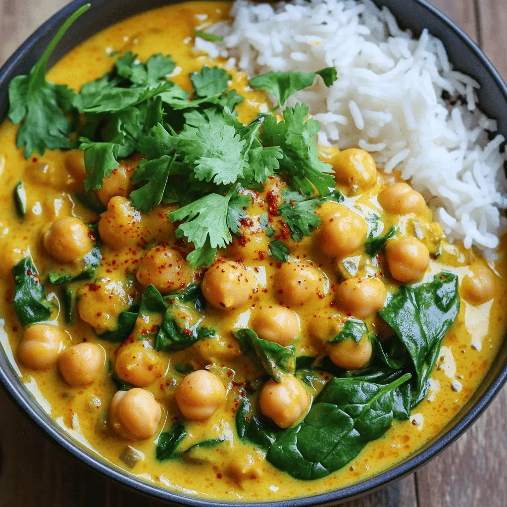 - 1 can chickpeas (15 oz) - 1 can coconut milk (14 oz) - 1 medium onion, finely chopped - 3 cloves garlic, minced - 1 tablespoon fresh ginger, grated - 2 tablespoons curry powder - 1 teaspoon cumin - 1 teaspoon turmeric - Salt and pepper to taste - 1 can diced tomatoes (14 oz) - 2 cups fresh baby spinach - 1 tablespoon olive oil - Fresh cilantro for garnish - Cooked rice or quinoa for serving The main ingredients in this recipe form a hearty base. Chickpeas give protein and texture. Coconut milk adds creaminess and a hint of sweetness. The onion, garlic, and ginger create a flavorful aroma when cooked. Spices make this dish pop. Curry powder brings warmth, while cumin adds earthiness. Turmeric gives a lovely golden color. You can adjust the salt and pepper to your taste. The diced tomatoes add a burst of flavor and acidity. Fresh baby spinach brings brightness and nutrition. Olive oil is essential for sautéing the onion. For serving, cooked rice or quinoa pairs perfectly. Garnish with fresh cilantro for a bright finish. Each ingredient plays a role in this creamy coconut chickpea curry, making it a simple yet rich dish. First, you will need to heat the olive oil in a large pot over medium heat. Add the finely chopped onion. Sauté it for about 5-7 minutes. You want the onion to become soft and clear. Next, stir in the minced garlic and grated ginger. Cook these for 1-2 minutes. The smell will be amazing! Now, it's time to add flavor. Sprinkle in the curry powder, cumin, and turmeric. Stir well and let the spices toast for about 1 minute. This step brings out their best taste. Next, pour in the diced tomatoes with their juice. Add the drained and rinsed chickpeas now. Mix everything well and let it simmer for 3-4 minutes. Reduce the heat to low and stir in the coconut milk. Mix until everything is blended. Let it simmer for another 10 minutes to let the flavors meld. After that, add the fresh baby spinach. Stir until it wilts down. You can then season it with salt and pepper to your taste. Finally, serve the curry over cooked rice or quinoa. Garnish it with fresh cilantro for a lovely touch! To make your coconut chickpea curry just right, you can adjust the spices. If you like heat, add more curry powder or some cayenne pepper. For a milder taste, cut back on the spices a bit. To boost creaminess, think about adding more coconut milk. You can also mix in a bit of nut butter for extra richness. Sautéing is key to making this dish flavorful. Heat olive oil over medium heat until it's hot. Add chopped onion and cook it until soft and clear. This usually takes about 5 to 7 minutes. When it comes to toasting spices, add them to the pot after the onion. Stir them for about a minute to bring out their flavors. This small step makes a big difference. Presentation matters! Serve your curry in deep bowls to keep it warm. For a pop of color, sprinkle fresh cilantro on top. You can also add crushed red pepper flakes for a touch of heat. A lime wedge on the side adds a burst of freshness and looks great too. Serve over a bed of rice or quinoa for a complete meal. {{image_2}} You can change up the ingredients in this dish. Try different legumes or grains. - Alternative legumes: Use lentils or black beans. They add nice texture and flavor. - Different grains: Quinoa or farro work well instead of rice. They offer unique tastes. You can also swap in various veggies. - Using different vegetables: Try bell peppers, sweet potatoes, or carrots. Each adds its own charm. To boost the taste, add a bit of heat. - Adding heat with peppers: Diced jalapeños or serranos can spice things up. - Incorporating other herbs: Fresh basil or mint brightens the curry. They add freshness and depth. This recipe is flexible for different diets. - Vegan options: This dish is already vegan! Enjoy it without worry. - Gluten-free options: All ingredients are gluten-free. You can serve it with gluten-free grains. - Low-carb variations: Use cauliflower rice instead of regular rice. It keeps the dish low in carbs. To keep your creamy coconut chickpea curry fresh, store leftovers in the fridge. Use an airtight container to seal in flavors. This helps them last longer. It’s best to eat your leftovers within three days for the best taste. For long-term storage, freeze the curry in a freezer-safe container. Make sure to leave some space at the top. The curry expands as it freezes. You can keep it for up to three months in the freezer. When it's time to enjoy your curry again, you can reheat it. The best way is to use the stove. Pour the curry into a pan over low heat. Stir it often to warm it evenly. If it seems thick, add a splash of water or coconut milk to loosen it. You can also use the microwave. Place the curry in a microwave-safe bowl. Cover it loosely to let steam escape. Heat in short bursts, stirring in between, until warm. Your creamy coconut chickpea curry has a good shelf life. In the fridge, it stays fresh for about three days. If you freeze it, it lasts up to three months. Look for signs of spoilage before eating. If it smells sour or has an off-color, it’s best to toss it. Always trust your senses! Enjoy your cooking! What can I substitute for coconut milk? You can use almond milk or soy milk. If you want richness, try using cashew cream. These options give a nice taste but may not be as creamy. How can I make it spicier? To make it spicier, add fresh chili peppers. You can also add red pepper flakes or cayenne pepper. Start with a little, then taste and adjust. Can I add proteins like chicken or tofu? Yes, you can add chicken or tofu for extra protein. Cook the chicken first or add cubed tofu in the last few minutes. This keeps it firm and tasty. How do I know when it's cooked properly? The curry should be bubbly and thick. The spinach will be wilted, and the chickpeas should be warm. Taste to check if the flavors are just right. How healthy is chickpea curry? Chickpea curry is very healthy. Chickpeas are high in protein and fiber. Coconut milk adds healthy fats, making this dish balanced and filling. What are the calorie counts per serving? Each serving has about 350-400 calories. This depends on how much rice or quinoa you serve with it. It's a great meal that keeps you satisfied. This blog post covered a simple chickpea curry recipe. We detailed the key ingredients, including chickpeas, coconut milk, and spices. Next, I shared easy steps to prepare the dish and tips to enhance flavor and presentation. I also offered variations to suit different diets and preferences. In conclusion, this chickpea curry is tasty, healthy, and adaptable. I hope you enjoy making it as much as I do!