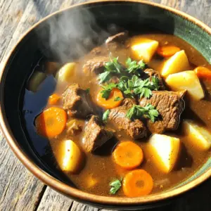 - 2 lbs beef chuck, cut into 1-inch cubes - 4 carrots, sliced into rounds - 4 medium potatoes, diced Beef chuck is the star of the show. It offers rich flavor and tenderness. Carrots add sweetness and color to the stew. Potatoes provide heartiness and absorb the tasty broth. - 1 large onion, diced - 3 garlic cloves, minced - 2 teaspoons dried thyme - 2 bay leaves Onions and garlic create a base of flavor. Thyme and bay leaves add depth and warmth. Together, they make every bite more delicious. - 2 tablespoons vegetable oil - 1 tablespoon Worcestershire sauce - 2 tablespoons tomato paste - 4 cups beef broth - Salt and freshly ground black pepper to taste Vegetable oil helps brown the beef, locking in flavor. Worcestershire sauce and tomato paste boost the stew's umami. Beef broth is essential for the rich, comforting liquid. Season with salt and pepper to taste. To start, heat 2 tablespoons of vegetable oil in a large pot or Dutch oven over medium-high heat. This oil helps brown the beef, giving it a rich flavor. Cut 2 lbs of beef chuck into 1-inch cubes. Add the beef in batches to avoid crowding. Brown it on all sides for about 5 to 7 minutes. Once browned, remove the beef from the pot and set it aside to rest. This step locks in the juices, making your stew more tasty. Next, we’ll focus on the aromatics. In the same pot, add 1 large diced onion. Cook the onion until it becomes soft and clear, about 3 to 4 minutes. This adds depth to your stew. After that, stir in 3 minced garlic cloves. Cook for another minute until you smell that beautiful garlic aroma filling your kitchen. Now, it’s time to bring everything together. Return the browned beef to the pot. Then, mix in 4 sliced carrots and 4 diced medium potatoes. Stir well to combine all the ingredients. Pour in 4 cups of beef broth. Add 2 teaspoons of dried thyme, 2 bay leaves, 1 tablespoon of Worcestershire sauce, and 2 tablespoons of tomato paste. Season with salt and freshly ground black pepper to taste. Stir everything well to make sure the flavors blend. Bring the stew to a boil. Once it starts bubbling, reduce the heat to low. Cover the pot and let it simmer for about 2 hours. This slow cooking helps the beef become tender and lets the flavors meld together. Stir occasionally to ensure nothing sticks to the bottom. After 2 hours, remove the bay leaves, check the seasoning, and adjust with more salt or pepper if needed. Now, your classic beef stew is ready to serve! Browning the meat is key for great flavor. When you brown the beef, it forms a crust. This crust adds depth to your stew. Make sure to do this in batches. This keeps the pot from getting too crowded. Crowding prevents proper browning. Fresh herbs bring bright flavors, but dried herbs work too. If you use dried thyme, add it early in cooking. Fresh herbs, like parsley, are best added at the end. This keeps their flavor fresh. Slow cooking is vital for tender meat. Cooking for about two hours allows the beef to break down. It also lets flavors mix well. Stir occasionally to ensure even cooking. To avoid mushy vegetables, add them at the right time. Carrots and potatoes should cook with the beef. If you add them too early, they may fall apart. Garnish with fresh parsley for a pop of color. This adds a fresh taste and makes the dish look nice. Pair your beef stew with crusty bread. This is perfect for soaking up the delicious broth. You can also serve it with a simple green salad. A salad adds a nice crunch to your meal. {{image_2}} Alternatives to beef If you want a tasty stew, you can try other meats. Lamb or pork works well in this dish. These meats bring their own unique flavors. Use the same cooking method as for beef. Vegetarian options For a meat-free version, use hearty vegetables and legumes. You can add mushrooms, lentils, or chickpeas. These ingredients make the stew filling and rich. Use vegetable broth instead of beef broth for depth. Adding red wine A splash of red wine can elevate your stew. It adds depth and richness to the flavor. Make sure to let it cook down to remove the alcohol. This step concentrates the taste and melds with the other ingredients. Incorporating other vegetables Feel free to get creative with your vegetables. Adding peas, green beans, or parsnips adds color and texture. Each vegetable brings its own flavor, making the stew even better. Just remember to adjust cooking times as needed. Gluten-free modifications To make this stew gluten-free, check all your ingredients. Many broths can contain gluten. Use gluten-free broth and ensure all seasonings are safe. This way, everyone can enjoy your hearty dish. Low-sodium adjustments To reduce sodium, use low-sodium broth and limit added salt. Fresh herbs can enhance flavor without extra salt. Taste as you go to keep the flavor balanced while adjusting sodium content. To keep your beef stew fresh, place it in a clean, airtight container. Allow the stew to cool before sealing. Store it in the fridge for up to four days. Make sure to label the container with the date. This way, you can track how long it has been stored. If you want to save some stew for later, freezing is a great option. First, let the stew cool completely. Next, use a freezer-safe container or heavy-duty freezer bags. Portion the stew into individual servings for easy meals later. Leave some space at the top of the containers, as the stew will expand when frozen. You can freeze the stew for up to three months. When you are ready to enjoy the stew again, reheat it safely. You can do this on the stove or in the microwave. If using the stove, heat it in a pot over low heat. Stir often to prevent sticking. For the microwave, place the stew in a microwave-safe bowl. Cover it loosely and heat in 1-minute intervals, stirring in between. Always check that it’s hot all the way through before serving. Beef stew can last about 3 to 4 days in the fridge. To keep it fresh, store it in an airtight container. Make sure the stew cools down before sealing it. This helps prevent moisture buildup, which can spoil the stew faster. If you want to keep it longer, consider freezing it. Yes, you can make beef stew in a slow cooker! To adjust the recipe, brown the beef first in a pan. After that, place the browned beef in the slow cooker. Add the onions, garlic, carrots, potatoes, broth, and seasonings. Cook on low for about 6 to 8 hours or on high for 4 to 5 hours. This method lets the flavors blend nicely. Beef stew pairs well with several side dishes. Here are some ideas: - Crusty bread to soak up the broth - Mashed potatoes for a creamy side - Green salad for a fresh touch - Rice or pasta for a filling option These sides enhance your meal and make it more satisfying. Enjoy your beef stew with any of these pairings! This blog post covered how to make a great beef stew. We discussed the key ingredients like beef chuck, carrots, and potatoes. I shared step-by-step instructions to prepare the stew and tips for the best flavor and texture. You can even try variations with different proteins or vegetables. Remember to store leftovers properly and reheat safely. Enjoy your hearty stew, and don’t be afraid to experiment with flavors. You have the tools to create something delicious and satisfying for every meal.