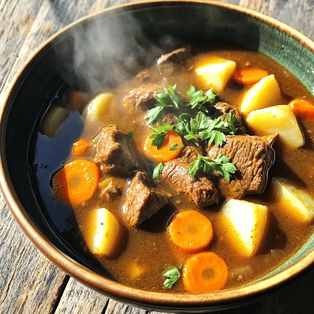 - 2 lbs beef chuck, cut into 1-inch cubes - 4 carrots, sliced into rounds - 4 medium potatoes, diced Beef chuck is the star of the show. It offers rich flavor and tenderness. Carrots add sweetness and color to the stew. Potatoes provide heartiness and absorb the tasty broth. - 1 large onion, diced - 3 garlic cloves, minced - 2 teaspoons dried thyme - 2 bay leaves Onions and garlic create a base of flavor. Thyme and bay leaves add depth and warmth. Together, they make every bite more delicious. - 2 tablespoons vegetable oil - 1 tablespoon Worcestershire sauce - 2 tablespoons tomato paste - 4 cups beef broth - Salt and freshly ground black pepper to taste Vegetable oil helps brown the beef, locking in flavor. Worcestershire sauce and tomato paste boost the stew's umami. Beef broth is essential for the rich, comforting liquid. Season with salt and pepper to taste. To start, heat 2 tablespoons of vegetable oil in a large pot or Dutch oven over medium-high heat. This oil helps brown the beef, giving it a rich flavor. Cut 2 lbs of beef chuck into 1-inch cubes. Add the beef in batches to avoid crowding. Brown it on all sides for about 5 to 7 minutes. Once browned, remove the beef from the pot and set it aside to rest. This step locks in the juices, making your stew more tasty. Next, we’ll focus on the aromatics. In the same pot, add 1 large diced onion. Cook the onion until it becomes soft and clear, about 3 to 4 minutes. This adds depth to your stew. After that, stir in 3 minced garlic cloves. Cook for another minute until you smell that beautiful garlic aroma filling your kitchen. Now, it’s time to bring everything together. Return the browned beef to the pot. Then, mix in 4 sliced carrots and 4 diced medium potatoes. Stir well to combine all the ingredients. Pour in 4 cups of beef broth. Add 2 teaspoons of dried thyme, 2 bay leaves, 1 tablespoon of Worcestershire sauce, and 2 tablespoons of tomato paste. Season with salt and freshly ground black pepper to taste. Stir everything well to make sure the flavors blend. Bring the stew to a boil. Once it starts bubbling, reduce the heat to low. Cover the pot and let it simmer for about 2 hours. This slow cooking helps the beef become tender and lets the flavors meld together. Stir occasionally to ensure nothing sticks to the bottom. After 2 hours, remove the bay leaves, check the seasoning, and adjust with more salt or pepper if needed. Now, your classic beef stew is ready to serve! Browning the meat is key for great flavor. When you brown the beef, it forms a crust. This crust adds depth to your stew. Make sure to do this in batches. This keeps the pot from getting too crowded. Crowding prevents proper browning. Fresh herbs bring bright flavors, but dried herbs work too. If you use dried thyme, add it early in cooking. Fresh herbs, like parsley, are best added at the end. This keeps their flavor fresh. Slow cooking is vital for tender meat. Cooking for about two hours allows the beef to break down. It also lets flavors mix well. Stir occasionally to ensure even cooking. To avoid mushy vegetables, add them at the right time. Carrots and potatoes should cook with the beef. If you add them too early, they may fall apart. Garnish with fresh parsley for a pop of color. This adds a fresh taste and makes the dish look nice. Pair your beef stew with crusty bread. This is perfect for soaking up the delicious broth. You can also serve it with a simple green salad. A salad adds a nice crunch to your meal. {{image_2}} Alternatives to beef If you want a tasty stew, you can try other meats. Lamb or pork works well in this dish. These meats bring their own unique flavors. Use the same cooking method as for beef. Vegetarian options For a meat-free version, use hearty vegetables and legumes. You can add mushrooms, lentils, or chickpeas. These ingredients make the stew filling and rich. Use vegetable broth instead of beef broth for depth. Adding red wine A splash of red wine can elevate your stew. It adds depth and richness to the flavor. Make sure to let it cook down to remove the alcohol. This step concentrates the taste and melds with the other ingredients. Incorporating other vegetables Feel free to get creative with your vegetables. Adding peas, green beans, or parsnips adds color and texture. Each vegetable brings its own flavor, making the stew even better. Just remember to adjust cooking times as needed. Gluten-free modifications To make this stew gluten-free, check all your ingredients. Many broths can contain gluten. Use gluten-free broth and ensure all seasonings are safe. This way, everyone can enjoy your hearty dish. Low-sodium adjustments To reduce sodium, use low-sodium broth and limit added salt. Fresh herbs can enhance flavor without extra salt. Taste as you go to keep the flavor balanced while adjusting sodium content. To keep your beef stew fresh, place it in a clean, airtight container. Allow the stew to cool before sealing. Store it in the fridge for up to four days. Make sure to label the container with the date. This way, you can track how long it has been stored. If you want to save some stew for later, freezing is a great option. First, let the stew cool completely. Next, use a freezer-safe container or heavy-duty freezer bags. Portion the stew into individual servings for easy meals later. Leave some space at the top of the containers, as the stew will expand when frozen. You can freeze the stew for up to three months. When you are ready to enjoy the stew again, reheat it safely. You can do this on the stove or in the microwave. If using the stove, heat it in a pot over low heat. Stir often to prevent sticking. For the microwave, place the stew in a microwave-safe bowl. Cover it loosely and heat in 1-minute intervals, stirring in between. Always check that it’s hot all the way through before serving. Beef stew can last about 3 to 4 days in the fridge. To keep it fresh, store it in an airtight container. Make sure the stew cools down before sealing it. This helps prevent moisture buildup, which can spoil the stew faster. If you want to keep it longer, consider freezing it. Yes, you can make beef stew in a slow cooker! To adjust the recipe, brown the beef first in a pan. After that, place the browned beef in the slow cooker. Add the onions, garlic, carrots, potatoes, broth, and seasonings. Cook on low for about 6 to 8 hours or on high for 4 to 5 hours. This method lets the flavors blend nicely. Beef stew pairs well with several side dishes. Here are some ideas: - Crusty bread to soak up the broth - Mashed potatoes for a creamy side - Green salad for a fresh touch - Rice or pasta for a filling option These sides enhance your meal and make it more satisfying. Enjoy your beef stew with any of these pairings! This blog post covered how to make a great beef stew. We discussed the key ingredients like beef chuck, carrots, and potatoes. I shared step-by-step instructions to prepare the stew and tips for the best flavor and texture. You can even try variations with different proteins or vegetables. Remember to store leftovers properly and reheat safely. Enjoy your hearty stew, and don’t be afraid to experiment with flavors. You have the tools to create something delicious and satisfying for every meal.