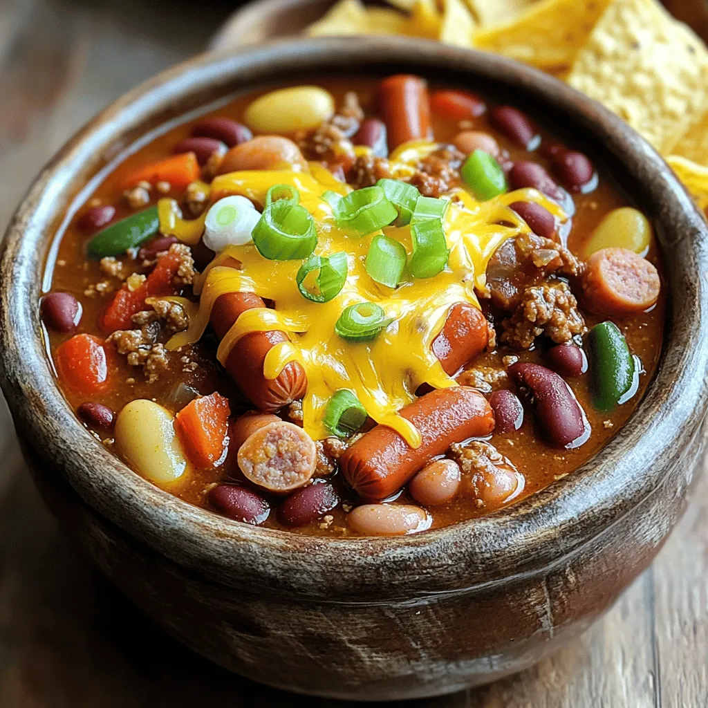 - 4 beef hot dogs, chopped - 1 pound ground turkey or beef - 1 can (15 oz) kidney beans, rinsed and drained - 1 can (15 oz) black beans, rinsed and drained - 1 can (14.5 oz) diced tomatoes - 1 medium onion, diced - 2 cloves garlic, minced - 1 tablespoon chili powder - 1 teaspoon cumin - 1 teaspoon smoked paprika - 1 teaspoon oregano - Salt and black pepper to taste - 2 tablespoons olive oil - 1 cup beef or vegetable broth - Shredded cheese, for serving (optional) - Green onions, sliced for garnish (optional) Start by gathering all your ingredients. Chop the hot dogs into bite-sized pieces. Dice the onion into small pieces. Mince the garlic cloves finely. Rinse and drain the kidney and black beans in a colander. This helps remove excess sodium. For the diced tomatoes, you can use canned or fresh. Canned saves time, but fresh adds a nice touch. You can switch the ground turkey for lean ground beef if you prefer. If you want a vegetarian option, use plant-based meat crumbles. For a spicier kick, add chopped jalapeños or a dash of cayenne pepper. If you don’t have olive oil, any cooking oil will work. You can also skip the cheese and green onions for a lighter dish. Start by heating olive oil in a large pot over medium heat. Add the diced onion and sauté it for about five minutes. You want the onion to turn soft and clear. Next, add minced garlic and cook for one more minute. This will make your kitchen smell wonderful! Now, stir in the ground turkey or beef. Cook it for six to eight minutes. Use a spatula to break up the meat as it cooks. You want it to brown nicely. Once the meat is browned, add the chopped hot dogs. Stir them in and cook for three to four minutes. Let them get a bit brown too. Then, it's time to add the spices! Mix in the chili powder, cumin, smoked paprika, oregano, salt, and black pepper. Let these spices cook with the meat for about two minutes. This helps the flavors blend well. Now, pour in the diced tomatoes and broth. Add the rinsed kidney and black beans next. Stir everything together until mixed well. Bring this mixture to a simmer. After that, reduce the heat to low. Let the chili cook for about 30 minutes. Stir it occasionally to prevent sticking. This simmering time helps all the flavors come together. Before serving, taste it and adjust the seasoning if you need to. Enjoy your rich hot dog chili! To enhance the richness of your chili, consider adding a splash of red wine. It gives depth and a nice touch. You can also try using more hot dogs or a mix of meats. The more flavors, the better! For a creamier texture, stir in some sour cream just before serving. It adds a lovely tang that balances the spices. Spices are key to a great chili. Don’t be afraid to adjust them! If you want a kick, add more chili powder or even a dash of cayenne pepper. Taste as you go. If the chili feels flat, a pinch of sugar can brighten the flavors. Always have salt and black pepper handy to fine-tune the taste. Serve your chili hot in bowls. Top it with shredded cheese and sliced green onions for a pop of color. If you like crunch, add tortilla chips on the side. They pair perfectly with the warm chili. You can also serve it over rice or in a bun for a fun twist. Enjoy your meal! {{image_2}} You can easily make a vegetarian or vegan hot dog chili. Instead of beef, use lentils or mushrooms for texture. Replace the hot dogs with plant-based ones. Use vegetable broth instead of beef broth. This keeps the chili hearty and flavorful without meat. If you want to switch up the meat, try ground chicken or pork. You can also mix meats for a richer taste. Using a mix of turkey and beef gives a nice balance. This chili works well with any ground meat you prefer. Toppings can make your chili unique and fun. Try adding crushed tortilla chips for crunch. Sliced jalapeños can give it a spicy kick. You could also add avocado slices for creaminess. Don't forget about sour cream or yogurt for a cool finish. A sprinkle of lime juice brightens the flavors too. Experiment with different toppings to find your favorite! Storing leftover chili is simple. First, let the chili cool down. Then, transfer it into an airtight container. You can keep it in the fridge for up to four days. Make sure to label the container with the date. This way, you will know when to eat it again. If you want to keep chili longer, freezing is a great option. Pour the cooled chili into freezer-safe bags or containers. Leave some space at the top for expansion. Seal the bags tightly and label them. You can freeze it for up to three months. When ready to eat, thaw it in the fridge overnight. To reheat your chili, use a pot on the stove. Add a splash of broth or water to keep it moist. Heat over medium until it is hot. Stir often to avoid sticking. You can also use the microwave. Place the chili in a bowl, cover it, and heat in short bursts. Stir between heating to ensure even warming. Enjoy your rich hot dog chili just like the first day! To thicken hot dog chili, you can let it simmer longer. This helps reduce liquid. You can also mash some beans against the pot's side. This adds thickness without changing the flavor. If you want a quicker option, mix a tablespoon of cornstarch with cold water. Stir this mixture into your chili, then heat until it thickens. Yes, you can make hot dog chili in a slow cooker. Start by browning the meat in a pan. This step adds more flavor. Then, add all the ingredients to the slow cooker. Cook it on low for 6-8 hours or on high for 3-4 hours. The slow cooker gives the flavors time to blend perfectly. To spice up your chili, add more chili powder or diced jalapeños. You can also include hot sauce for an extra kick. Another option is to mix in some cayenne pepper. Start with a small amount, then taste and adjust. This way, you can find the perfect heat level for your taste. This article covered how to make tasty hot dog chili. We discussed key ingredients, step-by-step cooking, and tips for perfect spice balance. I shared ideas for variations, from vegetarian options to fun toppings. Lastly, I explained how to store and reheat your chili for future meals. Enjoy your delicious creation and don’t be afraid to get creative. Making great chili is fun and satisfying!