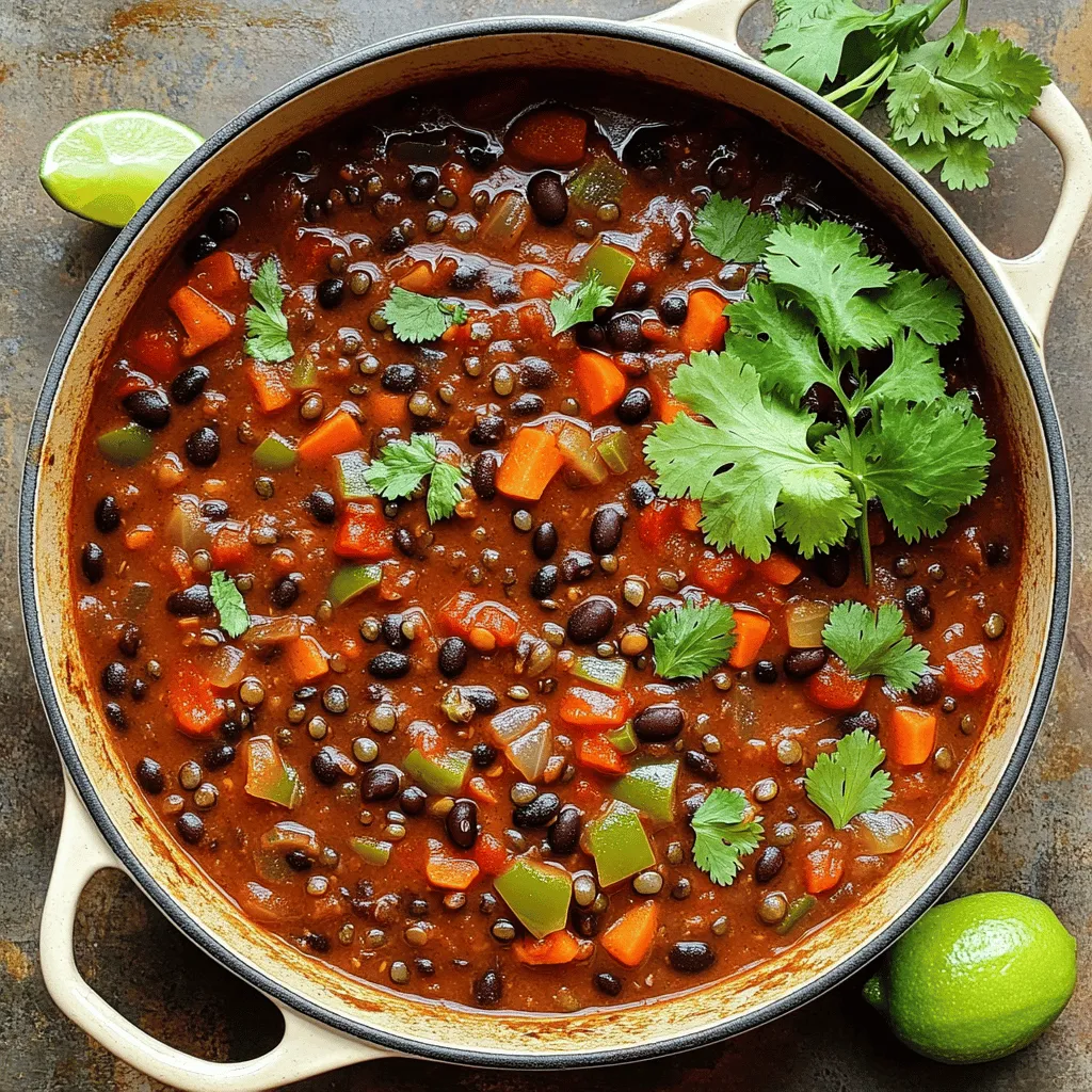 - 1 cup dried green or brown lentils, rinsed - 1 can (15 oz) black beans, drained and rinsed - 1 tablespoon olive oil - 1 large onion, diced - 3 cloves garlic, minced - 1 bell pepper (red or green), diced - 2 carrots, diced - 1 can (28 oz) crushed tomatoes - 2 tablespoons chili powder - 1 tablespoon cumin - 1 teaspoon smoked paprika - 1 teaspoon dried oregano - 1/2 teaspoon cayenne pepper (optional, for heat) - Salt and pepper to taste - 4 cups vegetable broth - Fresh cilantro for garnish - Lime wedges for serving This chili is rich in flavors and nutrients. The dried lentils provide protein and fiber. You can use green or brown lentils; both work well. Canned black beans add a creamy texture and even more protein. Rinsing them helps remove extra sodium. I use olive oil for sautéing. It adds a nice flavor and helps the veggies cook evenly. Onion, garlic, bell pepper, and carrots form the base of this chili. They add sweetness and depth. Dice them well so they cook evenly. Crushed tomatoes give the chili its body. They blend with the spices to create a rich sauce. Speaking of spices, chili powder, cumin, smoked paprika, oregano, and cayenne pepper bring warmth and complexity. Adjust the cayenne for heat as you like. Salt and pepper enhance all the flavors. Use them to taste, so it suits your palate. Vegetable broth adds moisture and flavor. You can use homemade broth or store-bought. Finally, fresh cilantro and lime wedges add brightness when serving. They elevate the dish and give it a fresh touch. First, heat one tablespoon of olive oil in a large pot over medium heat. Once the oil is warm, add one large, diced onion. Sauté the onion for about five minutes until it softens. This step adds a sweet flavor to your chili. Next, stir in three minced cloves of garlic, one diced bell pepper, and two diced carrots. Cook these veggies for three to four more minutes. They should be tender and bright. Now, it's time to add flavor. Mix in two tablespoons of chili powder, one tablespoon of cumin, one teaspoon of smoked paprika, one teaspoon of dried oregano, and half a teaspoon of cayenne pepper if you like heat. Add salt and pepper to taste. Stir well and cook for one to two minutes. You want to smell the spices as they toast. Next, pour in one can of crushed tomatoes and four cups of vegetable broth. Make sure to scrape the bottom of the pot to get all the tasty bits. Then, add one cup of rinsed lentils. Bring this mixture to a boil. Once boiling, reduce the heat to low. Cover the pot and let it simmer for about 25 to 30 minutes. The lentils should be tender when done. After the lentils are cooked, stir in one can of drained and rinsed black beans. Let the chili cook for an additional five to ten minutes. This gives the flavors time to mix. If the chili is too thick, add a bit more vegetable broth. Finally, taste it and adjust the seasoning if needed. Serve hot, topped with fresh cilantro and lime wedges for a burst of flavor. To boost flavor in your vegan black bean and lentil chili, use fresh herbs and spices. Here are some great choices: - Cilantro: Adds a fresh taste. - Chili powder: Gives warmth and depth. - Cumin: Offers a warm, earthy flavor. - Smoked paprika: Adds a smoky note. - Oregano: Brings a hint of sweetness. Seasoning is key. Always taste your chili as it cooks. Adjust spices and salt to enhance your dish. A pinch of salt can make a big difference. Sautéing is vital for building flavor. Start with onions in hot olive oil. Cook until soft, about five minutes. Then, add garlic and other veggies. Stir for three to four minutes. This step makes your chili rich and tasty. When cooking lentils, keep an eye on the simmer. After boiling, lower the heat and cover the pot. Let it simmer for 25-30 minutes. This helps the lentils cook evenly and absorb the flavors. If your chili is too thick, it’s easy to fix. Simply add more vegetable broth. Stir well and let it heat through. You can add small amounts until you reach the right texture. For broth additions, use vegetable broth for the best taste. If you want more flavor, try adding a splash of lime juice. It brightens up the dish and balances the flavors. {{image_2}} You can change the beans and lentils in this chili to fit your taste. Try kidney beans or pinto beans instead of black beans. For lentils, use red or yellow lentils. These swaps will still give you a tasty dish. Adding more vegetables can boost flavor and nutrition. Consider using zucchini, corn, or sweet potatoes. They add color and texture, making your chili even better. Want more heat? Adjust the spice level by adding more cayenne pepper. You can also use jalapeños for a fresh kick. If you prefer milder chili, skip the cayenne. Different herbs can change the flavor profile. Add fresh basil or thyme for a new twist. These herbs bring a unique taste that pairs well with the chili. Garnishing your chili can make it more appealing. Fresh cilantro adds brightness. Lime wedges give a zesty touch when squeezed on top. Pair your chili with sides like cornbread or rice. These sides complement the flavors and add heartiness to your meal. Enjoy your delicious vegan black bean and lentil chili! Your Vegan Black Bean & Lentil Chili stays fresh for about 4 to 5 days in the fridge. To store it well, use airtight containers. Glass or plastic containers with tight lids work best. Make sure to let the chili cool down before sealing it. This helps avoid extra moisture. You can freeze your chili for up to 3 months. To freeze, let it cool completely first. Then, pour it into freezer-safe containers or bags. Remove as much air as you can before sealing. When you want to eat it, defrost it in the fridge overnight. For reheating, use a pot on the stove or the microwave. Heat until it’s hot all the way through. You may need to add a splash of vegetable broth to loosen it up. Look for signs of spoilage to keep your chili fresh. If you see mold or smell something off, it's best to toss it out. The chili may also change color or texture if it’s spoiled. To keep your chili fresh, always store it in the fridge or freezer right after cooking. Avoid leaving it out for longer than two hours. What can I serve with Vegan Black Bean & Lentil Chili? You can serve this chili with rice, quinoa, or crusty bread. It pairs well with tortilla chips too. Top it with avocado, fresh cilantro, or a squeeze of lime for extra flavor. Can I make this chili in advance? Yes, you can make this chili ahead of time. It tastes even better the next day. Store it in the fridge for up to 5 days. Just reheat on the stove or in the microwave. Is it possible to make chili in a slow cooker? Absolutely! You can cook this chili in a slow cooker. Just sauté the onion, garlic, and veggies first, then add everything to the slow cooker. Cook on low for 6-8 hours or high for 3-4 hours. Is Vegan Black Bean & Lentil Chili healthy? Yes, this chili is very healthy. It is high in protein and fiber. Lentils and black beans provide essential nutrients and help keep you full. Plus, it is low in fat and packed with vitamins. What are the benefits of lentils and black beans? Lentils are rich in protein, fiber, and iron. They help with digestion and heart health. Black beans are also high in protein and antioxidants. They can aid in blood sugar control and support gut health. This blog taught you how to make a tasty Vegan Black Bean & Lentil Chili. We covered all the ingredients, from lentils to spices. You learned how to prepare the base and combine ingredients step by step. Tips on enhancing flavor and texture help you create the best dish possible. Explore different variations and serving suggestions to keep it fresh. Remember to store your chili properly for lasting quality. Enjoy your cooking, and share this hearty recipe with friends!