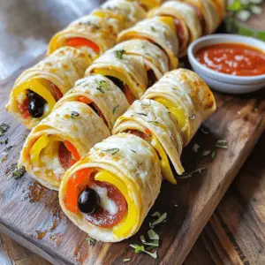 - 4 large flour tortillas - 1 cup mozzarella cheese, shredded - 1/2 cup pepperoni slices - 1/4 cup black olives, sliced - 1/2 cup bell peppers, finely chopped - 1 cup marinara sauce (for dipping) - 1 teaspoon Italian seasoning - 1 tablespoon olive oil - Salt and pepper to taste - Different cheeses (cheddar, gouda) - Additional toppings (mushrooms, jalapeños) - Alternative sauces (pesto, barbecue) I love making tortilla pizza rolls because they are so easy and fun. You can use the main ingredients listed above to create a classic flavor. The flour tortillas serve as a great base. The mozzarella cheese melts perfectly, making each bite creamy and cheesy. Pepperoni adds a nice kick, while olives and peppers give a fresh crunch. If you want to mix things up, feel free to try optional ingredients. Swap mozzarella for cheddar or gouda for a different taste. Adding mushrooms or jalapeños can enhance the flavor. You can also switch the marinara sauce with pesto or barbecue for a fun twist. Using fresh ingredients is key. Fresh veggies make the rolls taste vibrant. For the best flavor, use high-quality cheese. You can find many options at your local store. For a complete guide to making these tasty rolls, check the Full Recipe. 1. Preheat your oven to 400°F (200°C). This makes sure your rolls cook well. 2. Lay the flour tortillas flat on a clean surface. Make them ready for filling. 3. Evenly distribute a quarter of the mozzarella cheese over each tortilla. The cheese binds everything together. 4. Arrange pepperoni slices, black olives, and bell peppers over the cheese. Add your favorite toppings. 5. Sprinkle Italian seasoning along with a pinch of salt and pepper over the toppings. This adds great flavor. 6. Carefully roll each tortilla up tightly, starting from one edge. Roll all the way to the other side. 7. Use a sharp knife to slice each rolled tortilla into 1-inch pieces. This makes them easy to eat. 8. Drizzle olive oil over the cut rolls. This helps the rolls crisp up nicely. 9. Place them cut side up on a baking sheet lined with parchment paper. This keeps them from sticking. 10. Bake in the preheated oven for 12-15 minutes. Watch for golden color and melted cheese. 11. To check for doneness, look for a golden color on the outside. The cheese should be bubbly. Enjoy your tasty Tortilla Pizza Rolls! For the complete recipe, check out the Full Recipe section. To make great tortilla pizza rolls, start with the right rolling technique. Lay your filling in the center of each tortilla. Leave some space at the edges. This helps keep your filling in place. Tightly roll the tortilla away from you. Tuck in the sides as you go. This keeps everything secure. For even baking, place the rolls cut side up on the baking sheet. This allows hot air to circulate properly. Bake them until golden brown. Keep an eye on them to avoid burning. These rolls shine when paired with dips. Marinara sauce is a classic choice. You can also try ranch or a spicy salsa. For drinks, pair them with lemonade or soda. Both are refreshing options. When serving, arrange the rolls on a nice platter. You can garnish with fresh herbs. A sprinkle of parsley or basil adds color. This makes your dish pop and looks appetizing. One common mistake is overfilling the tortillas. It might seem tempting, but it leads to messy rolls. Stick to a modest amount of filling for the best results. Another mistake is not setting the oven to the right temperature. Always preheat to 400°F (200°C). If the oven is too cool, the rolls won't crisp up well. If it’s too hot, they may burn before cooking through. {{image_2}} You can easily make tortilla pizza rolls vegetarian. Just replace the meat with fresh veggies. Try using spinach, zucchini, or mushrooms. These add flavor and texture. You can also mix different cheeses. Cheddar, gouda, or pepper jack give a nice twist. For gluten-free tortilla pizza rolls, use gluten-free tortillas. They are just as tasty! You can fill them with any mix of veggies and cheese. Some ideas include roasted peppers or artichokes. You can even try using hummus as a spread. Get creative with themes for your tortilla rolls. A taco-themed roll might include ground beef, salsa, and cheese. Add taco seasoning for extra flavor. For breakfast rolls, use scrambled eggs, cheese, and sausage. This makes a fun morning snack! For more ideas, check out the Full Recipe. To keep your Tortilla Pizza Rolls fresh, store them in an airtight container. This helps prevent them from drying out. Place a paper towel inside the container to absorb moisture. Your rolls will stay good for about 3-4 days in the fridge. When reheating, you want to keep the rolls crispy. The oven is the best choice for this. Preheat it to 350°F (175°C) and bake for about 10 minutes. This way, the Tortilla Pizza Rolls stay crunchy. If you use a microwave, they might get soggy. To freeze your Tortilla Pizza Rolls, first let them cool completely. Then, wrap each roll in plastic wrap. Place the wrapped rolls in a freezer bag. They can last for up to 2 months in the freezer. When you’re ready to eat, thaw them overnight in the fridge. After that, you can reheat them in the oven for best results. You can use several types of cheese in place of mozzarella. Cheddar adds a sharp taste. Gouda gives a rich, creamy flavor. You can also mix different cheeses for fun flavors. Just remember, each cheese melts differently. When choosing a cheese, think about how it will blend with other flavors. For a mild mix, stick to creamy cheeses. For a bolder taste, use stronger cheeses. Keep it balanced so every bite is tasty. Yes, you can prepare these rolls ahead of time. To do this, roll and slice the tortillas as normal. Then, place them in a baking dish. Cover with plastic wrap and store in the fridge. They stay fresh for up to two days. When you’re ready to bake, just remove them from the fridge. Let them sit at room temperature for about 10-15 minutes. Then, drizzle with olive oil and bake as usual. This makes it easy to serve a quick snack. To keep your tortilla pizza rolls intact, rolling is key. Start by spreading the cheese and toppings evenly. Don’t overfill; a little goes a long way. When rolling, tuck in the sides as you go. This helps seal the filling inside. Use a sharp knife to slice the rolls gently. Cutting too hard can make them fall apart. After slicing, place them cut side up on the baking sheet. This makes sure they hold their shape while baking. Tortilla pizza rolls are a fun and tasty dish. You can customize them with your favorite toppings. Remember to roll your tortillas tightly and avoid overfilling them. Pair these rolls with tasty dips for extra flavor. In summary, you can explore variations like vegetarian and gluten-free options. Proper storage ensures they stay delicious for later. With these tips, I hope you enjoy making and sharing tortilla pizza rolls!