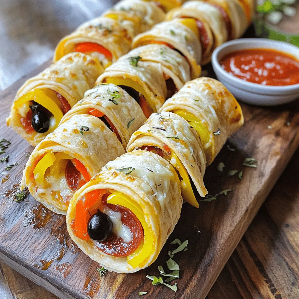 - 4 large flour tortillas - 1 cup mozzarella cheese, shredded - 1/2 cup pepperoni slices - 1/4 cup black olives, sliced - 1/2 cup bell peppers, finely chopped - 1 cup marinara sauce (for dipping) - 1 teaspoon Italian seasoning - 1 tablespoon olive oil - Salt and pepper to taste - Different cheeses (cheddar, gouda) - Additional toppings (mushrooms, jalapeños) - Alternative sauces (pesto, barbecue) I love making tortilla pizza rolls because they are so easy and fun. You can use the main ingredients listed above to create a classic flavor. The flour tortillas serve as a great base. The mozzarella cheese melts perfectly, making each bite creamy and cheesy. Pepperoni adds a nice kick, while olives and peppers give a fresh crunch. If you want to mix things up, feel free to try optional ingredients. Swap mozzarella for cheddar or gouda for a different taste. Adding mushrooms or jalapeños can enhance the flavor. You can also switch the marinara sauce with pesto or barbecue for a fun twist. Using fresh ingredients is key. Fresh veggies make the rolls taste vibrant. For the best flavor, use high-quality cheese. You can find many options at your local store. For a complete guide to making these tasty rolls, check the Full Recipe. 1. Preheat your oven to 400°F (200°C). This makes sure your rolls cook well. 2. Lay the flour tortillas flat on a clean surface. Make them ready for filling. 3. Evenly distribute a quarter of the mozzarella cheese over each tortilla. The cheese binds everything together. 4. Arrange pepperoni slices, black olives, and bell peppers over the cheese. Add your favorite toppings. 5. Sprinkle Italian seasoning along with a pinch of salt and pepper over the toppings. This adds great flavor. 6. Carefully roll each tortilla up tightly, starting from one edge. Roll all the way to the other side. 7. Use a sharp knife to slice each rolled tortilla into 1-inch pieces. This makes them easy to eat. 8. Drizzle olive oil over the cut rolls. This helps the rolls crisp up nicely. 9. Place them cut side up on a baking sheet lined with parchment paper. This keeps them from sticking. 10. Bake in the preheated oven for 12-15 minutes. Watch for golden color and melted cheese. 11. To check for doneness, look for a golden color on the outside. The cheese should be bubbly. Enjoy your tasty Tortilla Pizza Rolls! For the complete recipe, check out the Full Recipe section. To make great tortilla pizza rolls, start with the right rolling technique. Lay your filling in the center of each tortilla. Leave some space at the edges. This helps keep your filling in place. Tightly roll the tortilla away from you. Tuck in the sides as you go. This keeps everything secure. For even baking, place the rolls cut side up on the baking sheet. This allows hot air to circulate properly. Bake them until golden brown. Keep an eye on them to avoid burning. These rolls shine when paired with dips. Marinara sauce is a classic choice. You can also try ranch or a spicy salsa. For drinks, pair them with lemonade or soda. Both are refreshing options. When serving, arrange the rolls on a nice platter. You can garnish with fresh herbs. A sprinkle of parsley or basil adds color. This makes your dish pop and looks appetizing. One common mistake is overfilling the tortillas. It might seem tempting, but it leads to messy rolls. Stick to a modest amount of filling for the best results. Another mistake is not setting the oven to the right temperature. Always preheat to 400°F (200°C). If the oven is too cool, the rolls won't crisp up well. If it’s too hot, they may burn before cooking through. {{image_2}} You can easily make tortilla pizza rolls vegetarian. Just replace the meat with fresh veggies. Try using spinach, zucchini, or mushrooms. These add flavor and texture. You can also mix different cheeses. Cheddar, gouda, or pepper jack give a nice twist. For gluten-free tortilla pizza rolls, use gluten-free tortillas. They are just as tasty! You can fill them with any mix of veggies and cheese. Some ideas include roasted peppers or artichokes. You can even try using hummus as a spread. Get creative with themes for your tortilla rolls. A taco-themed roll might include ground beef, salsa, and cheese. Add taco seasoning for extra flavor. For breakfast rolls, use scrambled eggs, cheese, and sausage. This makes a fun morning snack! For more ideas, check out the Full Recipe. To keep your Tortilla Pizza Rolls fresh, store them in an airtight container. This helps prevent them from drying out. Place a paper towel inside the container to absorb moisture. Your rolls will stay good for about 3-4 days in the fridge. When reheating, you want to keep the rolls crispy. The oven is the best choice for this. Preheat it to 350°F (175°C) and bake for about 10 minutes. This way, the Tortilla Pizza Rolls stay crunchy. If you use a microwave, they might get soggy. To freeze your Tortilla Pizza Rolls, first let them cool completely. Then, wrap each roll in plastic wrap. Place the wrapped rolls in a freezer bag. They can last for up to 2 months in the freezer. When you’re ready to eat, thaw them overnight in the fridge. After that, you can reheat them in the oven for best results. You can use several types of cheese in place of mozzarella. Cheddar adds a sharp taste. Gouda gives a rich, creamy flavor. You can also mix different cheeses for fun flavors. Just remember, each cheese melts differently. When choosing a cheese, think about how it will blend with other flavors. For a mild mix, stick to creamy cheeses. For a bolder taste, use stronger cheeses. Keep it balanced so every bite is tasty. Yes, you can prepare these rolls ahead of time. To do this, roll and slice the tortillas as normal. Then, place them in a baking dish. Cover with plastic wrap and store in the fridge. They stay fresh for up to two days. When you’re ready to bake, just remove them from the fridge. Let them sit at room temperature for about 10-15 minutes. Then, drizzle with olive oil and bake as usual. This makes it easy to serve a quick snack. To keep your tortilla pizza rolls intact, rolling is key. Start by spreading the cheese and toppings evenly. Don’t overfill; a little goes a long way. When rolling, tuck in the sides as you go. This helps seal the filling inside. Use a sharp knife to slice the rolls gently. Cutting too hard can make them fall apart. After slicing, place them cut side up on the baking sheet. This makes sure they hold their shape while baking. Tortilla pizza rolls are a fun and tasty dish. You can customize them with your favorite toppings. Remember to roll your tortillas tightly and avoid overfilling them. Pair these rolls with tasty dips for extra flavor. In summary, you can explore variations like vegetarian and gluten-free options. Proper storage ensures they stay delicious for later. With these tips, I hope you enjoy making and sharing tortilla pizza rolls!