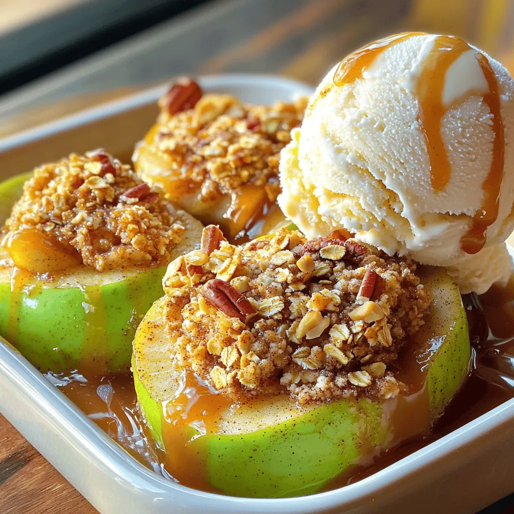 - 4 medium apples (such as Granny Smith or Honeycrisp), peeled and sliced - 1/4 cup brown sugar - 1 teaspoon ground cinnamon - 1/4 teaspoon nutmeg - 1 tablespoon lemon juice - 2 tablespoons unsalted butter, melted - 1 cup rolled oats - 1 cup vanilla ice cream (for serving) When measuring the ingredients, be precise. Use a dry measuring cup for brown sugar. Pack it lightly to maintain the right texture. For spices, a teaspoon should be leveled off for accuracy. If you don't have a tablespoon, you can use three teaspoons as a substitute. Not all apples are the same. For this recipe, I recommend using Granny Smith or Honeycrisp. Granny Smith apples bring a nice tartness that balances the sweetness. Honeycrisp apples add a juicy crunch. Other good options include Fuji or Braeburn apples. Each variety offers its unique flavor, so feel free to experiment! For the best results, choose apples that are firm and fresh. This will ensure your baked apple slices turn out perfectly. For the full recipe, check the details above. Start by washing the apples. I love using Granny Smith for their tartness. Honeycrisp also works well if you like sweetness. Peel the apples and slice them into thin wedges. Aim for even pieces so they cook the same. This helps to keep the texture just right. In a large bowl, combine the apple slices with brown sugar, cinnamon, nutmeg, and lemon juice. The lemon juice adds a nice zing. Next, pour in the melted butter. Toss everything together gently until the apple slices are well coated. You want every slice to be covered in that sweet mixture. Spread the coated apple slices evenly in your greased baking dish. In the same bowl, mix the rolled oats with a pinch of cinnamon and some brown sugar. Sprinkle this oat mixture over the apples. Bake in your preheated oven at 350°F for 25-30 minutes. The apples should be tender and the topping golden brown. Once done, let it cool for a few minutes. Serve warm with a scoop of vanilla ice cream for a delightful treat. For the full recipe, check the earlier section. To get the best flavor, choose the right apples. Granny Smith and Honeycrisp work well. They add a good balance of sweet and tart. Make sure to slice them evenly for even cooking. If the slices are too thick, they may not soften properly. Toss the apples with lemon juice to keep them fresh and bright. Mixing brown sugar and spices gives the apples a warm flavor. Don't skimp on the melted butter; it makes the topping crisp and tasty. When it comes to ice cream, vanilla is the classic choice. Its smooth taste pairs perfectly with warm apples. You can also try caramel or cinnamon ice cream for a twist. For a fun touch, add a scoop of ice cream right when the apples come out of the oven. The heat will slightly melt the ice cream, creating a creamy sauce. Drizzling caramel sauce on top makes it even better. Nuts like walnuts or pecans add a lovely crunch. Avoid using apples that are too soft. They can turn mushy when baked. Don’t skip the spices; they add depth to the dish. If you bake for too long, the apples will lose texture. Keep an eye on them, especially in the last few minutes. Make sure to let the baked apples cool briefly before serving. This helps the flavors meld together. And remember, serve while warm for the best experience! Check out the Full Recipe for all the steps. {{image_2}} You can switch up the apples with other fruits. Pears add a nice touch. Peaches can bring a sweet twist. Berries like blueberries or raspberries also work great. Mixing fruits gives you new flavors. Just keep the same baking time. For a vegan version, swap the butter with coconut oil. Use dairy-free ice cream instead of vanilla. Almond or cashew ice cream blends well with the apples. This keeps the dessert creamy and delicious without dairy. You get the same cozy feel. Nuts can add crunch to your baked apple slices. Walnuts or pecans are tasty choices. Just sprinkle them over the apples before baking. You can also add shredded coconut for extra flavor. Try drizzling caramel or maple syrup on top. These toppings make your dish even more special. For the full recipe, check out the details above. To keep your baked apple slices fresh, store them in an airtight container. Let them cool to room temperature first. Place a layer of parchment paper between the apples and the lid. This helps prevent excess moisture. Stored this way, they will last for about three days in the fridge. When you want to enjoy your leftovers, reheating is simple. Preheat your oven to 350°F (175°C). Place the apple slices in an oven-safe dish and cover with foil. Heat for about 10-15 minutes until warm. You can also microwave them for about 1-2 minutes, but the oven keeps the topping crispier. If you want to save some for later, freezing is a great choice. Allow the baked apple slices to cool completely. Then, place them in a freezer-safe container. They should last up to three months in the freezer. When you're ready to eat, thaw them overnight in the fridge, then reheat as described above. This method lets you enjoy the flavors of old-fashioned baked apple slices anytime you crave a sweet treat. For the full recipe, check the earlier section. Baked apple slices can last for about 3-5 days in the fridge. Store them in an airtight container to keep them fresh. If you want to save them longer, consider freezing them. They can stay good for about 2 months in the freezer. Yes, you can prep the apples ahead of time. Just slice them and toss them with lemon juice to prevent browning. Store the slices in an airtight container in the fridge. You can do this up to a day in advance. You can serve baked apple slices with whipped cream or yogurt for a twist. They also taste great with a sprinkle of granola on top. If you're feeling fancy, drizzle caramel sauce over the ice cream. Chopped nuts can add a nice crunch too. To make baked apple slices without oats, simply skip that ingredient. Use more brown sugar and butter for a richer topping. You can also add crushed graham crackers or flour mixed with cinnamon for texture. Just spread this mix over the apples before baking. For the full recipe, check the earlier section on ingredients and instructions. You learned how to make delicious baked apple slices. We covered ingredients, step-by-step instructions, and tips for success. You also discovered variations to try and how to store leftovers. This treat is fun to make and enjoy with others, plus it’s easy to customize. Don't hesitate to get creative with fruits or toppings. Have fun baking and tasting your treats. Enjoy every bite!