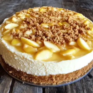 - 1 ½ cups graham cracker crumbs - ½ cup unsalted butter, melted - 1 tablespoon sugar - 2 cups cream cheese, softened - 1 cup granulated sugar - 3 large eggs - 1 teaspoon vanilla extract - ½ cup sour cream - 2 cups apples, peeled and diced - 1 teaspoon cinnamon - ½ teaspoon nutmeg - ½ cup rolled oats - ¼ cup brown sugar - ¼ cup all-purpose flour - Pinch of salt To make this creamy apple crumble cheesecake, you need specific ingredients. The base forms with graham cracker crumbs, adding flavor and crunch. Melted unsalted butter binds the crumbs, giving a rich taste. We mix a tablespoon of sugar into the crust for a touch of sweetness. The filling requires two cups of softened cream cheese. This makes the cheesecake creamy and rich. A cup of granulated sugar balances the cream cheese's tartness. You will add three large eggs for structure, plus a teaspoon of vanilla extract for flavor. Sour cream, at half a cup, adds tang and creaminess. Now for the stars of the show: apples! You need two cups of peeled and diced apples. I love using tart varieties like Granny Smith. They add a fresh taste. Spice it up with a teaspoon of cinnamon and half a teaspoon of nutmeg. For the crumble topping, combine half a cup of rolled oats, a quarter cup of brown sugar, and a quarter cup of all-purpose flour. A pinch of salt rounds out the flavors. Together, these ingredients make the cheesecake irresistible. Each bite is a mix of creamy cheese, sweet apples, and crunchy topping. 1. Preheat your oven to 325°F (163°C). 2. Grease a 9-inch springform pan with cooking spray. 3. In a medium bowl, mix together the graham cracker crumbs, melted butter, and sugar. 4. Press the crumb mixture firmly into the bottom of the pan. 5. Bake the crust for 10 minutes, then let it cool. 1. In a large bowl, beat the softened cream cheese with an electric mixer until smooth. 2. Gradually add the granulated sugar, mixing well. 3. Add the eggs one at a time, mixing on low after each addition. 4. Stir in the vanilla extract and sour cream until smooth. 1. In a separate bowl, toss the diced apples with cinnamon and nutmeg. 2. Gently fold the spiced apples into the cheesecake batter until evenly mixed. 1. Pour the cheesecake mixture over the cooled graham cracker crust. 2. Spread it evenly with a spatula. 3. In another bowl, mix rolled oats, brown sugar, flour, and a pinch of salt for the crumble topping. 4. Sprinkle the crumble mixture evenly over the cheesecake. 5. Bake in the oven for 55-65 minutes until the center is set but slightly jiggly. 1. Remove the cheesecake from the oven and let it cool on a wire rack for at least 1 hour. 2. Refrigerate the cheesecake for at least 4 hours, or overnight for best results. Enjoy each step as you create this creamy apple crumble cheesecake! To get a creamy cheesecake, beat your cream cheese well. Start with softened cream cheese. This helps mix it smoothly with the sugar. Use an electric mixer on medium speed. Mix until there are no lumps. To stop cracks from forming, bake slowly. A water bath helps too. Wrap the springform pan with foil. This keeps moisture in and helps it bake evenly. Let the cheesecake cool slowly. This also helps avoid cracks. This cheesecake pairs well with whipped cream and caramel sauce. A scoop of vanilla ice cream makes it extra special. Fresh apple slices on the side add a nice touch. For presentation, use a cake stand. This showcases the layers. You can sprinkle extra cinnamon on top for color. Slices look pretty when plated with a drizzle of caramel. If your cheesecake is too runny, it may not have baked long enough. Bake it a little longer and check for firmness. The center should be set but still jiggle slightly. For the right baking time, check at 55 minutes. If it’s jiggly but not liquid, it’s done. The edges should look firm, while the center is soft. This means your cheesecake will set up nicely in the fridge. {{image_2}} To make this cheesecake even better, you can change up the fruit. Try using pears or berries for a new taste. Each fruit brings its unique flavor. They can add sweetness or tartness to the dish. You can also mix in spices. Consider adding ginger or cardamom to give your cheesecake warmth. If you're looking for gluten-free options, use almond flour or gluten-free cookies for the crust. These options work well and keep the cheesecake tasty. For those who want a vegan cheesecake, swap cream cheese for vegan cream cheese. Use flax eggs instead of regular eggs. This will keep the cheesecake creamy while staying plant-based. Making mini cheesecakes is fun! You can use cupcake liners or small jars for easy serving. Just adjust the bake time. Smaller sizes need less time in the oven, around 20-25 minutes. This way, everyone can enjoy their own little cheesecake. To keep your creamy apple crumble cheesecake fresh, refrigerate it correctly. First, allow the cheesecake to cool completely on a wire rack. Once cool, cover it with plastic wrap or aluminum foil. Make sure to seal it tightly to prevent air from getting in. This keeps the cheesecake moist and tasty. If you want to save it for later, you can freeze it. Slice the cheesecake into pieces and wrap each slice in plastic wrap. Then, place the wrapped slices in a freezer bag. This method helps keep the cheesecake fresh for up to three months. When you are ready to eat, thaw the slices in the fridge overnight. In the fridge, the cheesecake lasts for about five to seven days. Always check for signs that it has gone bad. If you see any mold or a change in color, it’s time to toss it. Another sign is an off smell. If it smells sour or strange, don’t eat it. It's better to be safe than sorry when it comes to food! The best apples for cheesecake are tart varieties. I recommend Granny Smith or Honeycrisp apples. They add a nice balance of sweetness and tartness. Using apples that hold their shape when cooked is ideal. Avoid soft apples, as they can turn mushy. Yes, you can make this cheesecake ahead of time. It tastes even better after chilling overnight. Just keep it covered in the fridge until you are ready to serve. This way, the flavors meld nicely, and the texture sets perfectly. To check if your cheesecake is done, look for a slight jiggle in the center. The edges should be firm, while the center should be soft but not liquid. A toothpick inserted should come out clean or with just a few crumbs. You can substitute cream cheese with Greek yogurt, but the texture will change. Greek yogurt creates a lighter cheesecake. If you want a creamier texture, mix Greek yogurt with some cream cheese. This gives you a nice balance of flavors. A regular cheesecake is lighter and fluffier, often made with ricotta or mascarpone. New York-style cheesecake is denser and creamier, using cream cheese as the main ingredient. New York-style also often has sour cream, which adds richness. This cheesecake recipe combines sweet apples, spices, and creamy cheese. You learned how to make the crust, filling, and topping to create a perfect dessert. Remember to chill it well for the best flavor. Experiment with toppings or try different fruits to make it your own. This dessert not only tastes great but also offers room for your creativity. Enjoy crafting this delicious treat and sharing it with friends and family. Fresh flavors and simple steps make every bite special. Happy baking!