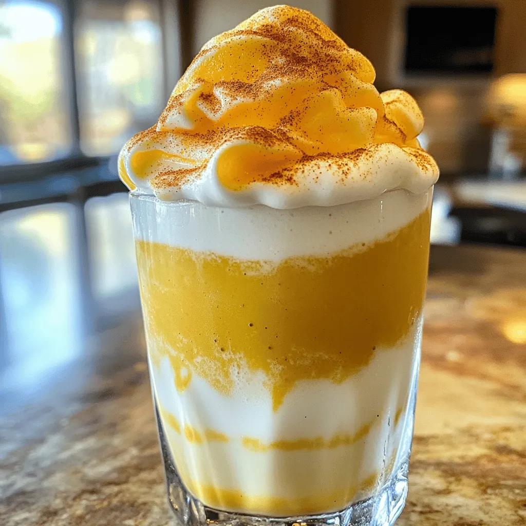 To make a delicious Pumpkin Cold Foam, gather these main ingredients: - 1 cup heavy whipping cream - 2 tablespoons pumpkin puree - 1 tablespoon powdered sugar - 1 teaspoon vanilla extract - ½ teaspoon pumpkin spice mix (or a blend of cinnamon, nutmeg, and ginger) - ¼ cup milk (dairy or non-dairy) Each ingredient plays a key role. The heavy cream gives richness, while pumpkin puree brings that warm fall flavor. Powdered sugar adds sweetness, and vanilla extract enhances the taste. The pumpkin spice mix gives it that signature autumn aroma. Finally, milk helps create a creamy base. You can add a few optional ingredients for extra flavor: - Whipped cream (for topping) - Extra pumpkin spice (for garnish) - Chocolate syrup (for a sweet twist) These ingredients can elevate your cold foam experience. Whipped cream makes it richer, and a drizzle of chocolate adds a fun surprise. Using quality brands can enhance your dish. Here are some recommendations: - Heavy whipping cream: Land O'Lakes or Horizon Organic - Pumpkin puree: Libby's or Farmer's Market - Powdered sugar: Domino or Wholesome Sweeteners - Vanilla extract: McCormick or Nielsen-Massey - Pumpkin spice mix: Simply Organic or Penzey's Spices These brands are known for their quality and flavor. They help ensure your Pumpkin Cold Foam tastes its best. Using good products matters for the final dish. To make the pumpkin cold foam, gather your ingredients. You need: - 1 cup heavy whipping cream - 2 tablespoons pumpkin puree - 1 tablespoon powdered sugar - 1 teaspoon vanilla extract - ½ teaspoon pumpkin spice mix - ¼ cup milk Start by mixing the heavy whipping cream, pumpkin puree, powdered sugar, vanilla, and pumpkin spice in a medium bowl. Use a hand mixer or whisk to beat the mixture. Whip until soft peaks form, but don’t overdo it. The foam must stay light and airy. Once it's ready, set the foam aside. To serve your pumpkin cold foam, take a glass and fill it with ice. Pour your milk over the ice. You can use regular or non-dairy milk based on your taste. Next, gently spoon or dollop the pumpkin cold foam on top. Let it float nicely on the milk. For a fun touch, sprinkle a little pumpkin spice on the foam. This adds extra flavor and looks great! To get the best texture for your cold foam, keep a few things in mind. First, make sure your heavy cream is cold before whipping. Cold cream whips better and faster. Second, stop whipping when you see soft peaks. This keeps the foam light. If you whip too long, it can turn into butter. Lastly, use a wide bowl for easier mixing. This helps incorporate air and gives you the perfect foam. When making pumpkin cold foam, avoid over-whipping the cream. Keep an eye on it as you mix. If you whip it too long, the foam can turn grainy. You want soft peaks, not butter. Also, don’t skip the pumpkin spice mix. It adds a rich flavor that makes the foam special. You can make this foam your own! Try adding different spices like cardamom or cloves. If you want it sweeter, add more powdered sugar. For a creamier texture, mix in a splash of flavored syrup, like caramel or hazelnut. You can even switch the pumpkin puree for other purees, like sweet potato. Start with cold cream for the best results. Chilling your bowl and beaters helps too. Use a hand mixer for speed, but you can whisk it by hand if you prefer a workout. Beat until you see soft peaks, which take about 2 to 3 minutes. Enjoy the process. The fluffy foam is worth it! {{image_2}} To make a dairy-free pumpkin cold foam, swap the heavy cream for coconut cream. It gives a lovely texture and flavor. Use almond milk or oat milk instead of dairy milk. This keeps it creamy while being light. Ensure you chill the coconut cream before whipping. It works best when cold. You can add flavors to your pumpkin cold foam. Try a splash of maple syrup for extra sweetness. A bit of caramel can make it rich and tasty. For a chai twist, mix in chai spice. Each addition brings a new layer of flavor to your drink. If you want to cut down on sugar, try using stevia or monk fruit. These sweeteners blend well without adding calories. You can also play with spices. Instead of pumpkin spice, try cardamom or allspice. Each spice brings unique warmth and flavor to your foam. To keep your pumpkin cold foam fresh, store it in an airtight container. Use a bowl with a lid or a jar. Make sure to seal it tightly. This helps prevent the foam from absorbing other smells in your fridge. Pumpkin cold foam stays good for about three days in the fridge. After that, the texture may change. It can become watery or lose its fluffiness. To enjoy the best taste, use it within this time. Always check for any off smells or changes before using. You can't really reheat pumpkin cold foam. It’s best served cold. If it loses its texture, you can gently whip it again. Just be careful not to over-whip it. This can make it too stiff. Use it again on iced drinks or desserts for a tasty treat! Pumpkin cold foam is a creamy topping made with heavy cream and pumpkin puree. It’s light and airy, perfect for coffee or drinks. You whip the cream with pumpkin puree, sugar, and spices. This mix creates a delightful flavor and texture. You can enjoy it on iced coffee or hot drinks for a seasonal twist. Yes! You can use coconut cream or any non-dairy cream. This will still give you a rich texture. Just ensure it whips well. You can also use whole milk for a lighter foam. The key is to find a base that can hold air when whipped. Many coffee shops offer pumpkin cold foam in the fall. Some grocery stores may sell it pre-made or as a flavored cream. Check your local cafe or specialty store for fresh options. You can often find pumpkin spice creamers that mimic the flavor as well. Pumpkin cold foam has some healthy aspects. Pumpkin puree is full of vitamins and fiber. However, it does contain heavy cream and sugar, which add calories. For a healthier option, use less sugar or a sugar substitute. This way, you can enjoy the flavor without too many calories. Pumpkin cold foam has a richer flavor due to the pumpkin and spices. Regular whipped cream is lighter and sweeter. The texture of pumpkin cold foam is thicker and creamier. If you love pumpkin spice, you'll find this foam is a fun twist on classic whipped cream. Pumpkin cold foam is simple and fun to make. We discussed key ingredients, options, and brands. Then, I gave you step-by-step instructions to whip up the perfect foam. I shared tips to avoid common mistakes and ways to customize your drink. You can even try dairy-free or flavored variations. Store leftover foam correctly to keep it fresh. With this guide, you can enjoy pumpkin cold foam with ease. Now, go ahead and impress yourself and others with your tasty creation!