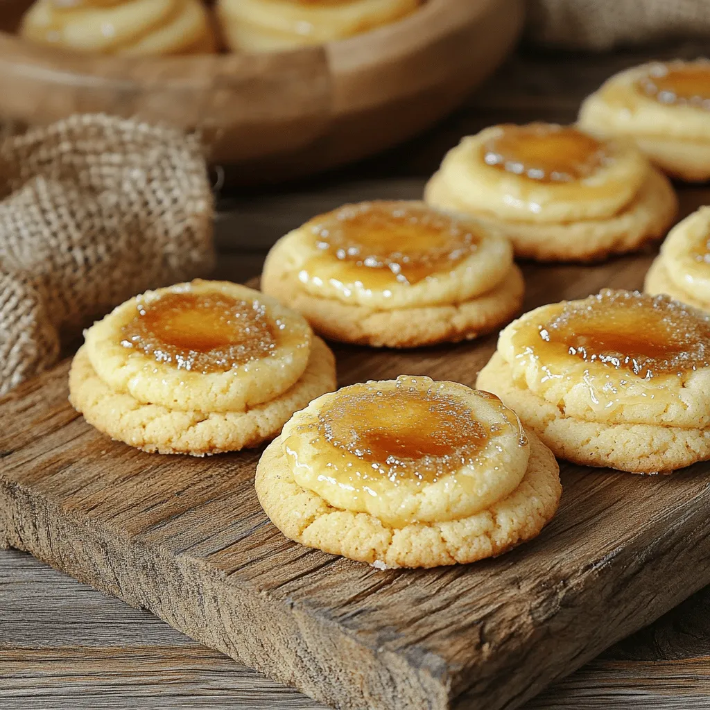 To make Crème Brûlée Cookies, you'll need the following ingredients: - 1 cup unsalted butter, softened - 1 cup granulated sugar - 1 cup packed brown sugar - 2 large eggs - 2 teaspoons vanilla extract - 3 cups all-purpose flour - 1 teaspoon baking soda - 1/2 teaspoon salt - 1/2 cup heavy cream - 1/4 cup granulated sugar (for caramelizing) If you're missing some ingredients, don't worry! Here are a few swaps you can use: - Unsalted butter: You can replace it with coconut oil for a dairy-free option. - Granulated sugar: Brown sugar can act as a substitute, but it may change the texture slightly. - Heavy cream: Use coconut cream or cashew cream for a dairy-free version. - All-purpose flour: You can try a gluten-free flour blend for a gluten-free cookie. Choosing the right ingredients makes a big difference in your cookies: - Butter: Use fresh unsalted butter for the best taste. Avoid margarine, as it changes flavor. - Sugars: Opt for high-quality granulated and brown sugars. They enhance sweetness and flavor. - Eggs: Buy farm-fresh eggs for a rich taste and good texture. - Vanilla extract: Pure vanilla extract always beats imitation. It brings out the best flavors. - Flour: Check that your all-purpose flour is fresh. Old flour can lead to dense cookies. These tips will help you create the best Crème Brûlée Cookies. Enjoy baking! Start by preheating your oven to 350°F (180°C). This step is key for even baking. Line a baking sheet with parchment paper. This helps the cookies not stick. In a large mixing bowl, add 1 cup of softened unsalted butter, 1 cup of granulated sugar, and 1 cup of packed brown sugar. Mix them together until light and fluffy. This should take about 2-3 minutes. This step adds air, making your cookies soft. Now, beat in 2 large eggs, one at a time. Then, add 2 teaspoons of vanilla extract. Mix until everything blends well. This adds richness and flavor to your cookies. In a separate bowl, whisk together 3 cups of all-purpose flour, 1 teaspoon of baking soda, and 1/2 teaspoon of salt. Gradually add this dry mix to your wet ingredients. Stir just until combined. Be careful not to overmix, or your cookies may become tough. Take a small saucepan and heat 1/2 cup of heavy cream over low heat. Do not let it boil. Once warm, remove it from the heat and let it cool slightly. This cream will create a delicious center in your cookies. Using a cookie scoop or tablespoon, drop dollops of dough onto your prepared baking sheet. Leave some space between each cookie to allow for spreading. Make an indentation in the center of each cookie with your thumb. Fill this with a small spoonful of the warm heavy cream. Be careful not to overfill. Bake these cookies for 12-15 minutes or until they are lightly golden. After baking, let them cool on the sheet for a few minutes before moving them to a wire rack. Enjoy making these delicious treats! To get the right texture, start by creaming your butter and sugars well. Mix them until they look light and fluffy. This takes about 2-3 minutes. Next, don’t mix the dough too much after adding the flour. Just blend until it is combined. This keeps your cookies soft and chewy. Caramelizing sugar is all about control. After baking, cool your cookies first. Sprinkle a thin layer of granulated sugar over each cookie. Use a kitchen torch to melt the sugar until it turns golden. If you don't have a torch, broil them in your oven. Watch closely to avoid burning. The sugar should bubble and turn crisp. If your cookies spread too much, try chilling the dough for 30 minutes. This helps them hold shape. If they are too hard, you might have overbaked them. Aim for a light golden color. Lastly, if the sugar doesn’t caramelize well, ensure you use enough and melt it evenly. {{image_2}} You can add chocolate to the mix for a rich twist. Just fold in one cup of chocolate chips into the dough after mixing in the dry ingredients. The chocolate adds depth and pairs perfectly with the creamy center. These cookies will be a hit with chocolate lovers. They retain that classic crème brûlée taste while offering a delightful chocolate surprise. Nutty flavors add a great crunch to your cookies. You can use chopped almonds or hazelnuts. Simply mix in half a cup of your chosen nuts after the dry ingredients. This not only enhances flavor but also gives added texture. The nuts bring a lovely contrast to the creamy filling, making each bite exciting. For a festive twist, try pumpkin spice or gingerbread spices. Add a teaspoon of pumpkin pie spice or a mix of cinnamon and ginger to your dry ingredients. This variation works great in the fall and winter. The spices will warm up the flavor and bring cozy vibes to your cookie jar. You can enjoy these cookies year-round by adjusting the spices for any season. To keep your Crème Brûlée Cookies fresh, store them in an airtight container. This will help keep the cookies soft. Make sure they are completely cool before you store them. If you stack them, put parchment paper between layers to avoid sticking. You can freeze these cookies for up to three months. Place cooled cookies in a single layer on a baking sheet. Freeze them until solid, then transfer to a freezer bag. Remove as much air as possible before sealing. This keeps them tasty and fresh. When you're ready to enjoy a cookie, preheat your oven to 350°F (180°C). Place cookies on a baking sheet. Heat for about 5-10 minutes until warm. This will revive their soft texture. If the sugar topping needs caramelizing again, use a kitchen torch for a quick finish. Enjoy your sweet treat! Crème brûlée cookies come from the famous French dessert called crème brûlée. This dessert features a creamy custard under a hard caramel shell. Bakers wanted to capture that same taste in a cookie form. Now, you can enjoy the rich flavors of vanilla and caramel in every bite. Yes, you can make these cookies gluten-free! Use a gluten-free all-purpose flour blend instead of regular flour. Make sure the blend includes a binding agent like xanthan gum. This way, you get the same great texture and taste without gluten. The cookies are done when they are lightly golden around the edges. The center should look slightly soft but not wet. You can also gently press the top with your finger. If it springs back, it's ready! If you don't have a kitchen torch, you can use your oven's broiler. After baking and cooling the cookies, sprinkle sugar on top. Place the cookies on a baking sheet under the broiler for a few minutes. Watch closely so they don’t burn. The sugar will melt and turn golden, just like with a torch. To make Crème Brûlée cookies, you need specific ingredients and careful steps. Start with the right butter and sugars for creaminess and flavor. Follow each step to create that perfect blend of texture and taste. Remember tips for caramelizing sugar to get that golden crust. With variations like chocolate or nutty options, there’s a cookie for everyone. Store them well, and you can enjoy them later. Now, you have all the tools to create delicious Crème Brûlée cookies. Happy baking!