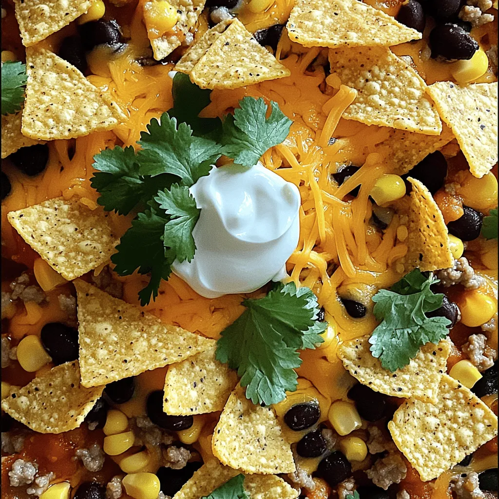 - Ground meat options: You can use 1 lb ground turkey or beef. Choose what you like best. - Vegetables: Dice 1 small onion and chop 1 cup of bell peppers. Any color works great! - Canned items: You will need 1 can of black beans, 1 can of corn, and 1 can of diced tomatoes with green chilies. Make sure to drain and rinse the beans and corn. - Seasonings and condiments: Grab 1 packet of taco seasoning, 1 cup of salsa, and 1 tsp of garlic powder. These will add a lot of flavor. - Cheese and tortilla chips: You’ll need 2 cups of crushed tortilla chips and 1 cup of shredded cheddar cheese for that cheesy goodness. This mix of tasty ingredients makes your Crockpot Taco Casserole a hit. It’s simple to put together, and the flavors blend well as it cooks. You can even add toppings like sour cream, jalapeños, or chopped cilantro for extra zing! - Sautéing the vegetables: Start by heating a skillet over medium heat. Add one tablespoon of olive oil. Toss in the finely chopped onion and diced bell peppers. Stir them for about five minutes until they soften. This step adds great flavor. - Browning the meat: Next, add one pound of ground turkey or beef to the skillet. Season it with salt, pepper, and one teaspoon of garlic powder. Cook the meat until it turns brown and is fully cooked. Use a spatula to break it apart as it cooks. This helps the meat mix well with the other ingredients later. - Combining ingredients in the crockpot: Grab your crockpot and add the cooked meat mixture. Then, stir in one can of drained and rinsed black beans, one can of drained corn, one can of diced tomatoes with green chilies, one cup of salsa, and one packet of taco seasoning. Mix everything together well. - Layering tortilla chips and cheese: Now, crush two cups of tortilla chips. Layer half of the chips over the mixture in the crockpot. Sprinkle half of the one cup of shredded cheddar cheese on top of the chips. Repeat this layering with the remaining chips and cheese. This creates a yummy texture and flavor. - Setting the crockpot temperature and time: Cover the crockpot with its lid. If you set it on low, cook for about four to five hours. If you choose high, cook for two to three hours. This allows all the flavors to blend. - Checking for doneness: Before serving, lift the lid and check if the cheese has melted nicely. This is a sign that your casserole is ready to enjoy. Browning the meat is key for great flavor. It adds depth and a nice color. When you brown ground turkey or beef, it cooks better in the crockpot. Make sure to break it up well while cooking. This step makes your casserole taste more like a homemade dish. For melting cheese, layer it carefully. Add cheese in layers during cooking. This helps it melt evenly. If you want extra meltiness, add the cheese in the last hour. You can also cover the crockpot with a clean kitchen towel before putting the lid on. This traps steam and helps the cheese get gooey. When serving, think about presentation. Use bowls and serve directly from the crockpot. Add a sprinkle of fresh cilantro on top. A dollop of sour cream makes it look nice too. For toppings, consider more than just sour cream. Jalapeños add heat and flavor. Chopped cilantro freshens each bite. You can also try avocado slices or diced tomatoes for extra color and taste. These toppings make each serving unique and flavorful. {{image_2}} You can easily change the protein in this recipe. Ground turkey is lean, but you can swap it for ground beef or even chicken. If you prefer plant-based meals, try using lentils or black beans as your protein. Both options add great flavor and texture. For a vegetarian twist, you can use more beans and skip the meat altogether. Black beans and kidney beans work well. You can also add tofu for extra protein. This makes the dish tasty and filling without meat. To boost the flavor, add spices like cumin or chili powder. These spices give the casserole a warm taste. You can also add some smoked paprika for a smoky kick. Just a pinch can change the whole dish. Adding more vegetables can make your casserole colorful and healthy. Try bell peppers, zucchini, or corn. You can even toss in some spinach or kale for extra nutrients. The more veggies, the better! After enjoying your Crockpot Taco Casserole, store leftovers in the refrigerator. Use an airtight container to keep it fresh. It will last for about three to four days. When you want to heat it again, scoop out the amount you need. Place it in a microwave-safe dish. Heat it for one to two minutes, stirring halfway through. This helps it warm evenly. You can also reheat it on the stove. Just add a little water to prevent sticking, and heat over low heat. If you have a lot of leftovers, freezing is a great option. To freeze, let the casserole cool completely. Then, transfer it to a freezer-safe container. You can also use freezer bags for easier storage. Label the container with the date. It will stay good for up to three months in the freezer. When you’re ready to enjoy it again, thaw it in the fridge overnight. You can also thaw it in the microwave if you're in a hurry. After thawing, reheat it in the oven or microwave. Make sure it is heated all the way through before serving. Enjoy your tasty meal again! Can I use fresh vegetables instead of canned ones? Yes, you can use fresh vegetables. Just chop them up and add them to the skillet. Fresh bell peppers and onions will add great flavor. You may want to sauté them a bit longer to soften. How can I make the casserole spicier? To add heat, you can use spicy salsa or add chopped jalapeños. You can also sprinkle in some cayenne pepper or red pepper flakes while cooking. Is it possible to prepare this recipe overnight? Yes, you can prep it the night before. Cook the meat and veggies, then layer everything in the crockpot. Cover it and store it in the fridge. In the morning, just set the crockpot to cook. What are some common toppings for taco casserole? Some tasty toppings include sour cream, sliced jalapeños, or fresh cilantro. You can also add avocado slices or extra cheese for more flavor. Crockpot taco casserole is easy and fun to make. You start with ground meat, veggies, and tasty canned items. You can mix it all in a crockpot and let it cook. Remember to brown the meat for flavor, and layer cheese for that perfect melt. With simple swaps, you can create your version of this dish. It stores well, so save leftovers for later. Enjoy your delicious meal, and don’t forget to try different toppings to make it even better!