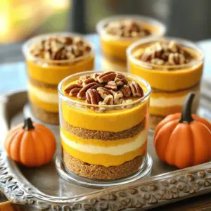 - 1 cup cream cheese, softened - 1 cup canned pumpkin puree - 1/2 cup powdered sugar The main ingredients make this dessert creamy and sweet. Cream cheese gives a rich base. Canned pumpkin puree adds flavor and a lovely color. Powdered sugar sweetens the mix, making it a treat. - Cinnamon for dusting - Chopped pecans for garnish Cinnamon adds warmth and spice. It enhances the pumpkin flavor. Chopped pecans add a nice crunch. They also give a pretty look to your cups. - 1 cup graham cracker crumbs - 1/4 cup unsalted butter, melted The crust is simple yet tasty. Graham cracker crumbs provide a sweet, crunchy base. Unsalted butter helps bind the crumbs together. This gives the crust a nice texture. Start by beating the cream cheese. Use an electric mixer in a medium bowl. Mix until the cream cheese is smooth and creamy. This step is key for a good texture. Next, add pumpkin puree, powdered sugar, vanilla extract, and pumpkin pie spice. Mix until everything is well-combined. The goal is a smooth and flavorful pumpkin mixture. Now, let’s whip the cream. In a clean bowl, pour the heavy cream. Use a hand mixer and beat until stiff peaks form. This means the cream should hold its shape well. It may take a few minutes, so be patient. Gently fold the whipped cream into the pumpkin mixture. Be careful not to deflate it. This keeps the blend light and fluffy. Time to assemble the cups! Take small cups or bowls. Start with a layer of graham cracker crumbs at the bottom. Press them down gently to form a solid base. Next, add a generous layer of the pumpkin cheesecake mixture on top. Repeat these layers until the cups are filled. Finish with a layer of the pumpkin mixture. Now, refrigerate the cups for at least 2 hours. This helps them set properly. The longer they chill, the better they taste. To get a creamy texture, fold the whipped cream gently into the pumpkin mix. Why? If you stir too hard, the air bubbles pop. This makes your cheesecake less fluffy. Use a spatula and lift the mixture from the bottom to the top. Be patient and keep folding until blended. You can serve these cups in many fun ways. Try using clear glass cups to show off the layers. Add a sprinkle of cinnamon on top for a pop of color. For a festive touch, place a small pumpkin next to the cups. You could even use mini pumpkins as cups for a unique look! Want to boost the flavor? Add more spices! Try nutmeg or ginger for a warm taste. A little bit of orange zest can brighten the flavor too. Experiment with what you love. Just remember to keep it balanced, so the pumpkin shines through. {{image_2}} You can easily make this recipe dairy-free or vegan. For cream cheese, use a dairy-free cream cheese alternative. Many brands offer great flavors. Instead of heavy cream, try coconut cream. It whips up nicely and adds a hint of coconut flavor. You can also substitute powdered sugar with a vegan-friendly sweetener like agave or maple syrup. Want to change the flavor? You can switch up the spices. Instead of pumpkin pie spice, try cinnamon or nutmeg. For a twist, add a bit of ginger or cardamom. You could also mix in some finely grated orange zest for a citrus kick. Each option adds a fun new taste to your cheesecake cups. The crust is easy to change. If you love chocolate, use chocolate cookie crumbs instead of graham cracker crumbs. Just mix them with melted butter, as you would with the graham crackers. If you prefer a nutty flavor, try almond or pecan crumbs. These choices add variety and keep things exciting in your kitchen. To keep your No-Bake Pumpkin Cheesecake Cups fresh, store them in the fridge. Use an airtight container to prevent odors from other foods. You can also cover each cup with plastic wrap. This keeps the cheesecake moist and tasty. If you have leftovers, make sure to eat them within a few days for the best flavor. You can freeze these cheesecake cups if you want to save some for later. First, cover each cup with plastic wrap or foil. Then, place them in a freezer-safe bag or container. When you are ready to eat, take them out and thaw them in the fridge overnight. This way, they will stay creamy and delicious. These cheesecake cups can last in the fridge for about 3 to 4 days. If you freeze them, they can last up to 2 months. Just remember, the taste is best when they are fresh. Enjoy them while they are at their peak! Yes, you can use fresh pumpkin. Fresh pumpkin gives a rich, natural taste. However, it requires more work. You must roast and puree it first. Canned pumpkin is easier and quicker. It is also consistent in flavor and texture. If you have fresh pumpkin, go for it! Just remember to adjust the moisture. These cups need at least two hours to chill. Chilling helps them firm up and taste better. I recommend letting them set longer if you can. Four hours is even better! This extra time enhances the flavors and texture, making each bite more delightful. Yes, you can make these cups ahead of time. They are great for meal prep! Just store them in the fridge. They stay tasty for up to three days. Just keep the lids on or cover them tightly. This way, they won’t absorb any other smells from the fridge. In this post, we explored how to make No-Bake Pumpkin Cheesecake Cups. You learned about the main ingredients, optional additions, and how to achieve the perfect texture. I shared step-by-step instructions for preparing the mixture and assembling the cups. You can even customize the recipe with variations and storage tips. Remember, you can make this dessert your own. Whether you add spices or change the crust, have fun with it. Enjoy every bite of your delicious creation!