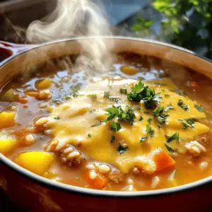 To make Cheesy Stuffed Pepper Soup, you need these ingredients: - 2 large bell peppers (any color), diced - 1 cup onion, chopped - 3 cloves garlic, minced - 1 pound ground beef or turkey - 1 (15 oz) can diced tomatoes - 4 cups beef or vegetable broth - 1 cup uncooked rice (white or brown) - 1 teaspoon Italian seasoning - 1 teaspoon smoked paprika - Salt and pepper to taste - 1 cup corn kernels (frozen or fresh) - 1 ½ cups shredded cheese (cheddar or mozzarella) - Fresh parsley or cilantro for garnish You can change some of the ingredients to fit your taste. Try these ideas: - Use different colors of bell peppers for a vibrant look. - Swap ground beef for ground chicken or pork for a lighter option. - Instead of rice, use quinoa for a protein boost. - Add other vegetables like zucchini or carrots for more nutrients. - Change the cheese to pepper jack for a spicy kick. If you’re missing an ingredient, don’t worry! Here are some swaps: - Use vegetable broth instead of beef broth for a vegetarian option. - Replace rice with cooked pasta if you prefer. - If you don’t have fresh corn, canned corn works fine. - Use onion powder if you lack fresh onions. - If you need a dairy-free option, try a plant-based cheese. These swaps and variations make this soup flexible and fun. Enjoy making it your own! Start by gathering your ingredients. You need: - 2 large bell peppers (any color), diced - 1 cup onion, chopped - 3 cloves garlic, minced - 1 pound ground beef or turkey - 1 (15 oz) can diced tomatoes - 4 cups beef or vegetable broth - 1 cup uncooked rice (white or brown) - 1 teaspoon Italian seasoning - 1 teaspoon smoked paprika - Salt and pepper to taste - 1 cup corn kernels (frozen or fresh) - 1 ½ cups shredded cheese (cheddar or mozzarella) - Fresh parsley or cilantro for garnish Chop the onion, garlic, and bell peppers first. This makes cooking easier. Heat a tablespoon of oil in a large pot over medium heat. Add the chopped onion. Sauté it until it looks clear, which takes about 5 minutes. Next, add the minced garlic and diced bell peppers. Cook these for another 3-4 minutes until they soften a bit. Now, raise the heat to medium-high. Add the ground beef or turkey. Cook this until it browns, which takes about 5-7 minutes. Break it apart with a spatula as it cooks. After that, stir in the diced tomatoes, broth, uncooked rice, Italian seasoning, smoked paprika, salt, and pepper. Bring this mix to a boil. Once it boils, lower the heat to low. Cover the pot and let it simmer for about 20 minutes. This allows the rice to cook fully. Finally, add the corn kernels and shredded cheese. Stir this until the cheese melts and blends well. Taste it and adjust the seasoning if needed. Serve it hot, garnished with fresh parsley or cilantro for a nice touch. Keep an eye on the heat. Too high, and the soup can burn. Stir often to prevent sticking. If you want a thicker soup, let it simmer longer. For a thinner soup, add more broth. You can also switch up the cheese. Try mozzarella for a creamier texture or cheddar for a sharper taste. Don't forget to taste and adjust your seasoning. This ensures every bite is full of flavor. To make the best Cheesy Stuffed Pepper Soup, start with fresh ingredients. Use ripe bell peppers for a sweet taste. When cooking the onions, let them become soft and clear. This step adds great flavor. Also, don't rush the browning of the meat. A good browning gives your soup depth. For extra flavor, add a splash of hot sauce or a pinch of red pepper flakes. These give a nice kick. You can also try different spices like cumin or oregano. A squeeze of fresh lemon juice brightens the dish. Fresh herbs like parsley or cilantro make it fresh and tasty. Serve the soup hot in bowls, topped with extra cheese. You can also add a dollop of sour cream for creaminess. Pair your soup with crusty bread or a fresh side salad. This makes a cozy meal for any day. Don't forget to share with family or friends! {{image_2}} You can make this soup vegetarian or vegan. Start by skipping the meat. Use a mix of beans, like black beans or chickpeas, instead. This adds protein and texture. Use vegetable broth for the base. You can also use extra veggies, like zucchini or mushrooms, for flavor. Choose plant-based cheese or skip it for a lighter soup. Fresh herbs like basil or parsley will make it taste great. If you want a different protein, try ground chicken or pork. You can also use lentils for a fun twist. Cook the lentils separately and add them in later. This keeps their texture nice. If you are short on time, grab pre-cooked rotisserie chicken. This adds flavor and cuts cooking time. To add heat, toss in some chili powder or cayenne pepper. Start with a little and taste as you go. You can also add diced jalapeños for more kick. If you like a smoky flavor, use smoked paprika. Top your soup with sliced fresh peppers for a spicy crunch. This version will warm you up on chilly days. To keep your cheesy stuffed pepper soup fresh, let it cool first. Use an airtight container to store leftovers. This helps keep the soup from drying out. You can store it in the fridge for up to three days. If you notice any changes in smell or color, throw it away. You can freeze cheesy stuffed pepper soup for later. Use freezer-safe containers or bags. Make sure to leave some space for expansion. Label each container with the date. The soup can last up to three months in the freezer. When ready to use, thaw it overnight in the fridge before reheating. Reheat the soup on the stove for the best flavor. Use medium heat and stir often. This helps prevent sticking or burning. You can also use the microwave. Pour the soup into a microwave-safe bowl. Cover it, leaving a small gap for steam. Heat in short bursts, stirring in between, until hot. Adjust seasoning if needed before serving again. You can make Cheesy Stuffed Pepper Soup ahead of time. First, cook the soup as usual. Let it cool completely. Then, store it in an airtight container in the fridge. It stays fresh for about three days. To reheat, warm it on the stove or in the microwave. If you want to make it even tastier, add cheese right before serving. Yes, you can use different types of cheese. Cheddar and mozzarella work well, but feel free to experiment. Try pepper jack for a spicy kick or cream cheese for extra creaminess. Each cheese will change the flavor a bit, so pick what you love. Just remember to adjust the amount if you choose a stronger cheese. You can serve this soup with many tasty sides. A simple green salad pairs well and adds freshness. Crusty bread or garlic bread is great for dipping. You might even consider serving it over cooked pasta or quinoa for a heartier meal. Each option brings its own twist, making your meal even more enjoyable. In this blog post, I covered the key parts of making Cheesy Stuffed Pepper Soup. We talked about ingredients, the cooking process, and tips to improve flavor. I shared ways to store leftovers and answered common questions. Remember, you can easily swap ingredients for your taste. Don’t hesitate to get creative. Enjoy your cooking journey and the warmth this soup brings to your table.
