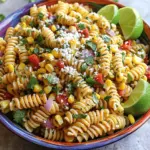 - 8 oz pasta (fusilli or penne) - 2 cups fresh corn kernels or 1 can of corn - 1 red bell pepper, diced - 1 small red onion, finely chopped - 1 jalapeño, deseeded and minced - 1/2 cup crumbled cotija cheese or feta cheese - 1/4 cup fresh cilantro, chopped - 1/4 cup mayonnaise - 2 tablespoons lime juice - 1 teaspoon chili powder - Salt and pepper to taste I love how each ingredient in this dish adds a special touch. The pasta serves as the base. I suggest fusilli or penne because they hold the flavors well. Fresh corn brings a sweet crunch, while canned corn works just fine if you’re in a hurry. The red bell pepper adds a pop of color and sweetness. The small red onion gives a mild bite. If you like heat, the minced jalapeño is a must. Cotija or feta cheese adds creaminess and saltiness. Cilantro brings freshness and a burst of flavor. The dressing, made of mayonnaise, lime juice, and chili powder, ties everything together. Adjust the salt and pepper to your taste. Each bite will be a vibrant mix of flavors! - Large mixing bowl - Grill (if using fresh corn) - Whisk or fork for dressing - Measuring cups and spoons You will need a large mixing bowl to combine all the ingredients. If you choose fresh corn, a grill helps to char it nicely. A whisk or fork is perfect for mixing the dressing. Make sure you have measuring cups and spoons for accuracy. Each tool plays a key role in creating this tasty salad! Start by boiling water in a large pot. Add a pinch of salt to the water. Once it boils, add 8 oz of pasta. I prefer fusilli or penne for this salad. Cook the pasta as per the package instructions. It usually takes about 8-10 minutes. Check the pasta for doneness; it should be al dente. Drain the pasta in a colander and rinse it under cold water. This stops the cooking and cools the pasta down. Set it aside while you prepare the other ingredients. You can use fresh corn or canned corn for this recipe. If you choose fresh corn, grill it on a hot grill for about 3-4 minutes. Look for a nice char on the kernels. Once done, let it cool a bit. Cut the kernels off the cob. If you use canned corn, simply drain it and rinse. Both options work well, but grilled corn gives a nice smoky flavor. In a large mixing bowl, combine the cooled pasta, corn, diced red bell pepper, finely chopped red onion, and minced jalapeño. Don’t forget the crumbled cotija cheese; it adds a creamy touch. Next, make the dressing. In a separate small bowl, whisk together 1/4 cup of mayonnaise, 2 tablespoons of lime juice, and 1 teaspoon of chili powder. Add salt and pepper to taste. This dressing brings all the flavors together. Pour the dressing over the pasta salad mix. Toss everything gently until well coated. Fold in the chopped cilantro at the end for a fresh burst. Once mixed, taste the salad and adjust any seasoning if needed. To let the flavors meld, chill the salad in the fridge for at least 30 minutes. This step is key for a flavorful dish. When ready to serve, scoop the salad into a colorful bowl. For a fun touch, garnish with extra cilantro and cotija cheese. You can also add lime wedges on the side for extra zest! To grill corn well, heat your grill first. Use medium-high heat for a good char. Place the corn on the grill and turn it every few minutes. Cook for about 3-4 minutes until it has nice grill marks. If the corn is fresh, this adds a smoky taste. Let the corn cool before cutting off the kernels. For the pasta, follow the package instructions. Cook it until it is al dente. This means it should be firm but not hard. After cooking, drain the pasta and rinse it with cold water. This stops the cooking process and cools it down quickly. Add flavor with fresh herbs. Consider using parsley or green onions for a twist. You can also try spices like cumin or smoked paprika. These will give your salad a new depth of taste. For dressings, you can swap mayonnaise for Greek yogurt for a lighter option. A vinaigrette made with olive oil and vinegar can also work well. Experiment with these alternatives to find your favorite. Serve the salad in a colorful bowl to make it eye-catching. Sprinkle extra cotija cheese on top for a creamy finish. Add a handful of cilantro for a fresh look. Lime wedges on the side add a nice touch and let guests add their own zing. This not only makes the dish pretty but also enhances the flavors. {{image_2}} If you want to swap some ingredients, there are great options. For a gluten-free version, try using gluten-free pasta. Many brands offer tasty choices that work well. For a dairy-free option, substitute the cheese. Use a plant-based cheese or skip it altogether. You can also make the dressing using a dairy-free mayonnaise. This keeps the flavor while catering to dietary needs. For added protein, you can mix in grilled chicken or shrimp. Both options bring a nice flavor and texture. To make it vegetarian, use black beans or chickpeas. They add protein and make the salad more filling. To change the flavor, think about Southwest-style additions. You can add avocado or diced tomatoes for freshness. Another idea is to throw in some lime zest for a zesty kick. For a tropical twist, try adding diced mango or pineapple. This gives a sweet contrast to the savory flavors in the salad. You can also mix in some coconut flakes for a fun touch. To keep your Mexican street corn pasta salad fresh, store it in an airtight container. Cover it tightly to prevent air from getting in. This helps maintain its taste and texture. Place the container in the fridge right after serving. If you have a larger batch, you can divide it into smaller containers. This makes it easy to grab a quick meal later. Your pasta salad can last in the fridge for about 3 to 5 days. After that, the corn and veggies may start to lose their crunch. If the dressing separates or the salad looks off, it is best to toss it. Always check for any signs of spoilage before eating leftovers. You can freeze pasta salad, but with some caveats. Pasta can become mushy once thawed. If you decide to freeze it, leave out the dressing and cheese. Instead, mix these in after thawing. To freeze, place the salad in a freezer-safe container. It should last for about 1 to 2 months. When ready to eat, thaw it overnight in the fridge. Mexican Street Corn Pasta Salad is a fun and tasty dish. It mixes pasta with fresh corn, peppers, and cheese. You can use fusilli or penne pasta. I love using fresh corn, but canned corn works, too. This salad also has diced red bell pepper, chopped red onion, and minced jalapeño for a kick. The creamy dressing includes mayonnaise, lime juice, and chili powder. Finally, crumbled cotija cheese adds a rich flavor. Fresh cilantro gives it a bright touch. Yes, you can make this salad ahead of time. It tastes even better after chilling in the fridge. I suggest making it a few hours before serving. This way, the flavors mix well. Just cover it tightly in the fridge. If you want to save time, cook the pasta and corn ahead. Then, mix everything together just before serving. This salad pairs well with many dishes. You can serve it with grilled meats like chicken or steak. It also goes great with tacos or BBQ. For a light meal, serve it with a fresh green salad. Chips and salsa make a fun side, too. You can even enjoy it alone as a tasty lunch. To make it spicier, add more jalapeño or a pinch of cayenne pepper. You can also try hot sauce in the dressing. Another great idea is to use pepper jack cheese instead of cotija. Taste as you go to find your perfect heat level. This blog explored making a Mexican Street Corn Pasta Salad. We covered the main ingredients, equipment needed, and provided step-by-step instructions. You learned tips for perfect texture, flavor boosters, and presentation ideas. We also discussed variations and storage methods. Enjoy experimenting with flavors and ingredients. This salad is a great dish for gatherings, meal prep, or simply a delicious side. Trust me, your taste buds will thank you!