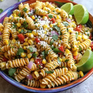 - 8 oz pasta (fusilli or penne) - 2 cups fresh corn kernels or 1 can of corn - 1 red bell pepper, diced - 1 small red onion, finely chopped - 1 jalapeño, deseeded and minced - 1/2 cup crumbled cotija cheese or feta cheese - 1/4 cup fresh cilantro, chopped - 1/4 cup mayonnaise - 2 tablespoons lime juice - 1 teaspoon chili powder - Salt and pepper to taste I love how each ingredient in this dish adds a special touch. The pasta serves as the base. I suggest fusilli or penne because they hold the flavors well. Fresh corn brings a sweet crunch, while canned corn works just fine if you’re in a hurry. The red bell pepper adds a pop of color and sweetness. The small red onion gives a mild bite. If you like heat, the minced jalapeño is a must. Cotija or feta cheese adds creaminess and saltiness. Cilantro brings freshness and a burst of flavor. The dressing, made of mayonnaise, lime juice, and chili powder, ties everything together. Adjust the salt and pepper to your taste. Each bite will be a vibrant mix of flavors! - Large mixing bowl - Grill (if using fresh corn) - Whisk or fork for dressing - Measuring cups and spoons You will need a large mixing bowl to combine all the ingredients. If you choose fresh corn, a grill helps to char it nicely. A whisk or fork is perfect for mixing the dressing. Make sure you have measuring cups and spoons for accuracy. Each tool plays a key role in creating this tasty salad! Start by boiling water in a large pot. Add a pinch of salt to the water. Once it boils, add 8 oz of pasta. I prefer fusilli or penne for this salad. Cook the pasta as per the package instructions. It usually takes about 8-10 minutes. Check the pasta for doneness; it should be al dente. Drain the pasta in a colander and rinse it under cold water. This stops the cooking and cools the pasta down. Set it aside while you prepare the other ingredients. You can use fresh corn or canned corn for this recipe. If you choose fresh corn, grill it on a hot grill for about 3-4 minutes. Look for a nice char on the kernels. Once done, let it cool a bit. Cut the kernels off the cob. If you use canned corn, simply drain it and rinse. Both options work well, but grilled corn gives a nice smoky flavor. In a large mixing bowl, combine the cooled pasta, corn, diced red bell pepper, finely chopped red onion, and minced jalapeño. Don’t forget the crumbled cotija cheese; it adds a creamy touch. Next, make the dressing. In a separate small bowl, whisk together 1/4 cup of mayonnaise, 2 tablespoons of lime juice, and 1 teaspoon of chili powder. Add salt and pepper to taste. This dressing brings all the flavors together. Pour the dressing over the pasta salad mix. Toss everything gently until well coated. Fold in the chopped cilantro at the end for a fresh burst. Once mixed, taste the salad and adjust any seasoning if needed. To let the flavors meld, chill the salad in the fridge for at least 30 minutes. This step is key for a flavorful dish. When ready to serve, scoop the salad into a colorful bowl. For a fun touch, garnish with extra cilantro and cotija cheese. You can also add lime wedges on the side for extra zest! To grill corn well, heat your grill first. Use medium-high heat for a good char. Place the corn on the grill and turn it every few minutes. Cook for about 3-4 minutes until it has nice grill marks. If the corn is fresh, this adds a smoky taste. Let the corn cool before cutting off the kernels. For the pasta, follow the package instructions. Cook it until it is al dente. This means it should be firm but not hard. After cooking, drain the pasta and rinse it with cold water. This stops the cooking process and cools it down quickly. Add flavor with fresh herbs. Consider using parsley or green onions for a twist. You can also try spices like cumin or smoked paprika. These will give your salad a new depth of taste. For dressings, you can swap mayonnaise for Greek yogurt for a lighter option. A vinaigrette made with olive oil and vinegar can also work well. Experiment with these alternatives to find your favorite. Serve the salad in a colorful bowl to make it eye-catching. Sprinkle extra cotija cheese on top for a creamy finish. Add a handful of cilantro for a fresh look. Lime wedges on the side add a nice touch and let guests add their own zing. This not only makes the dish pretty but also enhances the flavors. {{image_2}} If you want to swap some ingredients, there are great options. For a gluten-free version, try using gluten-free pasta. Many brands offer tasty choices that work well. For a dairy-free option, substitute the cheese. Use a plant-based cheese or skip it altogether. You can also make the dressing using a dairy-free mayonnaise. This keeps the flavor while catering to dietary needs. For added protein, you can mix in grilled chicken or shrimp. Both options bring a nice flavor and texture. To make it vegetarian, use black beans or chickpeas. They add protein and make the salad more filling. To change the flavor, think about Southwest-style additions. You can add avocado or diced tomatoes for freshness. Another idea is to throw in some lime zest for a zesty kick. For a tropical twist, try adding diced mango or pineapple. This gives a sweet contrast to the savory flavors in the salad. You can also mix in some coconut flakes for a fun touch. To keep your Mexican street corn pasta salad fresh, store it in an airtight container. Cover it tightly to prevent air from getting in. This helps maintain its taste and texture. Place the container in the fridge right after serving. If you have a larger batch, you can divide it into smaller containers. This makes it easy to grab a quick meal later. Your pasta salad can last in the fridge for about 3 to 5 days. After that, the corn and veggies may start to lose their crunch. If the dressing separates or the salad looks off, it is best to toss it. Always check for any signs of spoilage before eating leftovers. You can freeze pasta salad, but with some caveats. Pasta can become mushy once thawed. If you decide to freeze it, leave out the dressing and cheese. Instead, mix these in after thawing. To freeze, place the salad in a freezer-safe container. It should last for about 1 to 2 months. When ready to eat, thaw it overnight in the fridge. Mexican Street Corn Pasta Salad is a fun and tasty dish. It mixes pasta with fresh corn, peppers, and cheese. You can use fusilli or penne pasta. I love using fresh corn, but canned corn works, too. This salad also has diced red bell pepper, chopped red onion, and minced jalapeño for a kick. The creamy dressing includes mayonnaise, lime juice, and chili powder. Finally, crumbled cotija cheese adds a rich flavor. Fresh cilantro gives it a bright touch. Yes, you can make this salad ahead of time. It tastes even better after chilling in the fridge. I suggest making it a few hours before serving. This way, the flavors mix well. Just cover it tightly in the fridge. If you want to save time, cook the pasta and corn ahead. Then, mix everything together just before serving. This salad pairs well with many dishes. You can serve it with grilled meats like chicken or steak. It also goes great with tacos or BBQ. For a light meal, serve it with a fresh green salad. Chips and salsa make a fun side, too. You can even enjoy it alone as a tasty lunch. To make it spicier, add more jalapeño or a pinch of cayenne pepper. You can also try hot sauce in the dressing. Another great idea is to use pepper jack cheese instead of cotija. Taste as you go to find your perfect heat level. This blog explored making a Mexican Street Corn Pasta Salad. We covered the main ingredients, equipment needed, and provided step-by-step instructions. You learned tips for perfect texture, flavor boosters, and presentation ideas. We also discussed variations and storage methods. Enjoy experimenting with flavors and ingredients. This salad is a great dish for gatherings, meal prep, or simply a delicious side. Trust me, your taste buds will thank you!