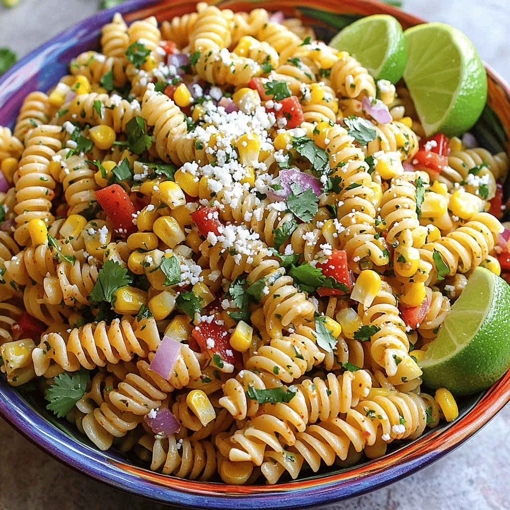 - 8 oz pasta (fusilli or penne) - 2 cups fresh corn kernels or 1 can of corn - 1 red bell pepper, diced - 1 small red onion, finely chopped - 1 jalapeño, deseeded and minced - 1/2 cup crumbled cotija cheese or feta cheese - 1/4 cup fresh cilantro, chopped - 1/4 cup mayonnaise - 2 tablespoons lime juice - 1 teaspoon chili powder - Salt and pepper to taste I love how each ingredient in this dish adds a special touch. The pasta serves as the base. I suggest fusilli or penne because they hold the flavors well. Fresh corn brings a sweet crunch, while canned corn works just fine if you’re in a hurry. The red bell pepper adds a pop of color and sweetness. The small red onion gives a mild bite. If you like heat, the minced jalapeño is a must. Cotija or feta cheese adds creaminess and saltiness. Cilantro brings freshness and a burst of flavor. The dressing, made of mayonnaise, lime juice, and chili powder, ties everything together. Adjust the salt and pepper to your taste. Each bite will be a vibrant mix of flavors! - Large mixing bowl - Grill (if using fresh corn) - Whisk or fork for dressing - Measuring cups and spoons You will need a large mixing bowl to combine all the ingredients. If you choose fresh corn, a grill helps to char it nicely. A whisk or fork is perfect for mixing the dressing. Make sure you have measuring cups and spoons for accuracy. Each tool plays a key role in creating this tasty salad! Start by boiling water in a large pot. Add a pinch of salt to the water. Once it boils, add 8 oz of pasta. I prefer fusilli or penne for this salad. Cook the pasta as per the package instructions. It usually takes about 8-10 minutes. Check the pasta for doneness; it should be al dente. Drain the pasta in a colander and rinse it under cold water. This stops the cooking and cools the pasta down. Set it aside while you prepare the other ingredients. You can use fresh corn or canned corn for this recipe. If you choose fresh corn, grill it on a hot grill for about 3-4 minutes. Look for a nice char on the kernels. Once done, let it cool a bit. Cut the kernels off the cob. If you use canned corn, simply drain it and rinse. Both options work well, but grilled corn gives a nice smoky flavor. In a large mixing bowl, combine the cooled pasta, corn, diced red bell pepper, finely chopped red onion, and minced jalapeño. Don’t forget the crumbled cotija cheese; it adds a creamy touch. Next, make the dressing. In a separate small bowl, whisk together 1/4 cup of mayonnaise, 2 tablespoons of lime juice, and 1 teaspoon of chili powder. Add salt and pepper to taste. This dressing brings all the flavors together. Pour the dressing over the pasta salad mix. Toss everything gently until well coated. Fold in the chopped cilantro at the end for a fresh burst. Once mixed, taste the salad and adjust any seasoning if needed. To let the flavors meld, chill the salad in the fridge for at least 30 minutes. This step is key for a flavorful dish. When ready to serve, scoop the salad into a colorful bowl. For a fun touch, garnish with extra cilantro and cotija cheese. You can also add lime wedges on the side for extra zest! To grill corn well, heat your grill first. Use medium-high heat for a good char. Place the corn on the grill and turn it every few minutes. Cook for about 3-4 minutes until it has nice grill marks. If the corn is fresh, this adds a smoky taste. Let the corn cool before cutting off the kernels. For the pasta, follow the package instructions. Cook it until it is al dente. This means it should be firm but not hard. After cooking, drain the pasta and rinse it with cold water. This stops the cooking process and cools it down quickly. Add flavor with fresh herbs. Consider using parsley or green onions for a twist. You can also try spices like cumin or smoked paprika. These will give your salad a new depth of taste. For dressings, you can swap mayonnaise for Greek yogurt for a lighter option. A vinaigrette made with olive oil and vinegar can also work well. Experiment with these alternatives to find your favorite. Serve the salad in a colorful bowl to make it eye-catching. Sprinkle extra cotija cheese on top for a creamy finish. Add a handful of cilantro for a fresh look. Lime wedges on the side add a nice touch and let guests add their own zing. This not only makes the dish pretty but also enhances the flavors. {{image_2}} If you want to swap some ingredients, there are great options. For a gluten-free version, try using gluten-free pasta. Many brands offer tasty choices that work well. For a dairy-free option, substitute the cheese. Use a plant-based cheese or skip it altogether. You can also make the dressing using a dairy-free mayonnaise. This keeps the flavor while catering to dietary needs. For added protein, you can mix in grilled chicken or shrimp. Both options bring a nice flavor and texture. To make it vegetarian, use black beans or chickpeas. They add protein and make the salad more filling. To change the flavor, think about Southwest-style additions. You can add avocado or diced tomatoes for freshness. Another idea is to throw in some lime zest for a zesty kick. For a tropical twist, try adding diced mango or pineapple. This gives a sweet contrast to the savory flavors in the salad. You can also mix in some coconut flakes for a fun touch. To keep your Mexican street corn pasta salad fresh, store it in an airtight container. Cover it tightly to prevent air from getting in. This helps maintain its taste and texture. Place the container in the fridge right after serving. If you have a larger batch, you can divide it into smaller containers. This makes it easy to grab a quick meal later. Your pasta salad can last in the fridge for about 3 to 5 days. After that, the corn and veggies may start to lose their crunch. If the dressing separates or the salad looks off, it is best to toss it. Always check for any signs of spoilage before eating leftovers. You can freeze pasta salad, but with some caveats. Pasta can become mushy once thawed. If you decide to freeze it, leave out the dressing and cheese. Instead, mix these in after thawing. To freeze, place the salad in a freezer-safe container. It should last for about 1 to 2 months. When ready to eat, thaw it overnight in the fridge. Mexican Street Corn Pasta Salad is a fun and tasty dish. It mixes pasta with fresh corn, peppers, and cheese. You can use fusilli or penne pasta. I love using fresh corn, but canned corn works, too. This salad also has diced red bell pepper, chopped red onion, and minced jalapeño for a kick. The creamy dressing includes mayonnaise, lime juice, and chili powder. Finally, crumbled cotija cheese adds a rich flavor. Fresh cilantro gives it a bright touch. Yes, you can make this salad ahead of time. It tastes even better after chilling in the fridge. I suggest making it a few hours before serving. This way, the flavors mix well. Just cover it tightly in the fridge. If you want to save time, cook the pasta and corn ahead. Then, mix everything together just before serving. This salad pairs well with many dishes. You can serve it with grilled meats like chicken or steak. It also goes great with tacos or BBQ. For a light meal, serve it with a fresh green salad. Chips and salsa make a fun side, too. You can even enjoy it alone as a tasty lunch. To make it spicier, add more jalapeño or a pinch of cayenne pepper. You can also try hot sauce in the dressing. Another great idea is to use pepper jack cheese instead of cotija. Taste as you go to find your perfect heat level. This blog explored making a Mexican Street Corn Pasta Salad. We covered the main ingredients, equipment needed, and provided step-by-step instructions. You learned tips for perfect texture, flavor boosters, and presentation ideas. We also discussed variations and storage methods. Enjoy experimenting with flavors and ingredients. This salad is a great dish for gatherings, meal prep, or simply a delicious side. Trust me, your taste buds will thank you!