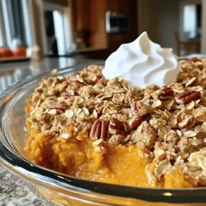Gathering the right ingredients is key to making a great Pumpkin Pie Crisp. Here’s what you need: - 2 cups pumpkin puree (fresh or canned) - 1 cup brown sugar - 1 teaspoon cinnamon - 1/2 teaspoon nutmeg - 1/2 teaspoon ginger powder - 1/4 teaspoon salt - 3 large eggs - 1 cup rolled oats - 1/2 cup all-purpose flour - 1/2 cup melted butter - 1/2 cup chopped pecans (optional) - Whipped cream (for serving) Feel free to customize your dish. You can swap out the pecans for walnuts or even omit them. You might also want to add a dash of cloves for extra spice. Each change can make your crisp unique. This recipe is simple and fun. You can get creative with flavors and textures. Just remember, the balance of spices is key to that warm, cozy taste. Enjoy the process of gathering and prepping your ingredients! 1. Preheat Your Oven: Set your oven to 350°F (175°C). This step is key for even baking. 2. Mix Pumpkin Ingredients: In a large bowl, whisk together: - 2 cups pumpkin puree - 1 cup brown sugar - 1 teaspoon cinnamon - 1/2 teaspoon nutmeg - 1/2 teaspoon ginger powder - 1/4 teaspoon salt - 3 large eggs Make sure it is smooth. You can use a mixer or whisk by hand. A photo of this step will help you see the right texture. 3. Prepare Oat Topping: In another bowl, mix: - 1 cup rolled oats - 1/2 cup all-purpose flour - 1/2 cup melted butter - 1/2 cup chopped pecans (optional) Stir until crumbly. A short video here could show how the mixture should look. 4. Assemble the Dish: Grease a 9x9-inch baking dish. Pour the pumpkin mixture into the dish and spread it evenly. 5. Add Oat Topping: Sprinkle the oat mixture over the pumpkin layer. Make sure it covers the pumpkin well. 6. Bake: Place the dish in the oven. Bake for 30-35 minutes. Look for a golden and crisp topping. 7. Cool Down: Once baked, let it cool for about 10 minutes. This helps the layers set. 8. Serve: Serve warm. Top each piece with a dollop of whipped cream. It adds a nice touch. Bake at 350°F (175°C) for 30-35 minutes. Make sure to check that the topping is golden and crisp. Enjoy the warm, comforting flavors of your Pumpkin Pie Crisp! For the complete recipe, check the Full Recipe section. To make the best pumpkin pie crisp, focus on texture and flavor. Here are my top tips: - Use fresh pumpkin puree for a richer taste. Roasting your pumpkin brings out its natural sweetness. - Mix your spices well. Make sure the cinnamon, nutmeg, and ginger blend evenly in the pumpkin mix. - Don’t over-mix the topping. Combine the oats and butter just until crumbly. This keeps it light and crispy. Common mistakes can ruin your dessert. Avoid these pitfalls: - Skipping the cooling time. Allowing the crisp to cool helps it set and makes it easier to serve. - Using too much sugar. The pumpkin already has natural sweetness. Balance it with the right amount of brown sugar. - Not checking for doneness. Bake until the topping is golden. A toothpick should come out clean from the center. Serving pumpkin pie crisp can be fun and creative. Here are my suggestions: - Top it with whipped cream. A dollop adds creaminess and pairs well with the spices. - Serve warm or at room temperature. Both options taste great and bring out the flavors. - Pair it with vanilla ice cream. The cold ice cream contrasts nicely with the warm crisp. Ideal accompaniments include: - A sprinkle of chopped nuts. Pecans or walnuts add crunch and flavor. - A drizzle of caramel sauce. This adds a sweet touch that many love. - A cup of hot cider or coffee. The warmth of the drink complements the pumpkin flavors. For the full recipe, check out the [Full Recipe] section. Enjoy making this delightful dessert! {{image_2}} You can easily adapt this pumpkin pie crisp to fit your needs. For gluten-free options, swap the all-purpose flour with a gluten-free flour blend. This change keeps the texture nice and crumbly. You can also use gluten-free oats to ensure the entire dish is safe for those with gluten sensitivities. If you're looking for vegan alternatives, replace the eggs with flaxseed meal. Mix one tablespoon of flaxseed meal with three tablespoons of water for each egg. Let it sit for a few minutes to thicken. Use coconut oil in place of melted butter. These swaps keep the dish tasty and friendly for a vegan diet. Feel free to get creative with the spices and sweeteners in your pumpkin pie crisp. Instead of cinnamon, nutmeg, and ginger, try adding cardamom or allspice for a fun twist. You can also play around with sweeteners. Maple syrup or honey works well if you want a different flavor profile. If you want a spicier kick, add a pinch of cayenne pepper. This small change adds a warm heat to the dish. Explore these options to make your pumpkin pie crisp unique and special. For the full recipe, check out the complete guide. To store your Pumpkin Pie Crisp, let it cool first. Once cooled, cover it tightly. You can use plastic wrap or aluminum foil. Keep it in the fridge for up to four days. For longer storage, freeze it. Place it in an airtight container or a freezer bag. It can last for up to three months in the freezer. Just remember to label it with the date. This way, you’ll know when to enjoy it again. When you want to enjoy your Pumpkin Pie Crisp again, reheating is easy. Preheat your oven to 350°F (175°C). Place the crisp in a baking dish and cover it with foil. Heat it for about 15-20 minutes. This helps warm it evenly without drying it out. You can also use a microwave. Heat it in short bursts of 30 seconds. This keeps the flavor and texture just right. Enjoy your warm, delicious dessert with a dollop of whipped cream! The main difference lies in the texture. Pumpkin pie has a smooth filling with a crust. Pumpkin pie crisp has a soft base and a crunchy topping. This crisp topping often includes oats and nuts. It gives you a mix of creamy and crispy in every bite. Yes, you can use fresh pumpkin. To do this, you need to cook and puree it first. Cut the pumpkin in half and remove the seeds. Roast it until soft, then scoop out the flesh. Blend it until smooth. This fresh pumpkin adds a nice flavor to your dish. You can prepare the pumpkin mixture and topping separately. Store them in the fridge overnight. When you are ready, just layer them in the baking dish and bake. You can also bake it a day before and reheat it when needed. Rolled oats work best for this recipe. They give a nice texture and crunch. Avoid quick oats, as they can become mushy. If you want a finer texture, you can pulse rolled oats in a blender. This adds a unique touch to your pumpkin pie crisp. You learned about making a delicious Pumpkin Pie Crisp. We covered ingredients, preparation, baking, and serving suggestions. I also shared tips to avoid mistakes and variations for different diets. Plus, I explained how to store leftovers and answered common questions. Now, you're ready to make your own tasty dessert. Enjoy this treat and impress your friends and family with your skills!