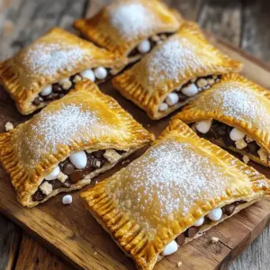 - 2 cups all-purpose flour - 1 cup unsalted butter, chilled and diced - 1 cup chocolate chips (semi-sweet or milk chocolate) - 1 cup mini marshmallows - 1/2 cup graham cracker crumbs - 1/2 teaspoon salt - 1 teaspoon sugar - 1 egg (for egg wash) - Optional: powdered sugar for dusting - Large mixing bowl - Rolling pin - Round cutter (4 inches) - Parchment paper For these S'mores hand pies, you need simple but key ingredients. The main items include flour, butter, chocolate, marshmallows, and graham crackers. The flour creates the pie crust, while the chilled butter gives it a flaky texture. Chocolate chips add that rich, sweet flavor. Mini marshmallows bring that gooey, fun touch, and graham cracker crumbs add crunch. You also need salt and sugar to enhance flavor. The egg wash gives a nice golden finish to the pies. If you want to be fancy, dust some powdered sugar on top before serving. Gather your equipment to make the process smooth. A large mixing bowl helps combine your ingredients easily. The rolling pin helps shape the dough, while the round cutter makes perfect circles. Make sure you have parchment paper ready to prevent sticking while baking. Having everything prepped sets you up for a fun cooking adventure! - Make the Dough: In a large bowl, mix 2 cups of flour, 1/2 teaspoon salt, and 1 teaspoon sugar. Add 1 cup of chilled, diced butter. Use your fingers to mix until it looks like coarse crumbs. Slowly add 4 to 6 tablespoons of ice water. Mix until the dough holds together. - Wrap and Chill: Wrap the dough in plastic wrap. Chill in the fridge for at least 30 minutes. This helps the dough stay firm and easy to work with. - Preheat the Oven: Set your oven to 375°F (190°C). Line a baking sheet with parchment paper so the pies won't stick. - Roll Out the Dough: Once chilled, split the dough in half. Roll out one half on a floured surface until it's about 1/8-inch thick. Use a round cutter, about 4 inches wide, to cut out circles. Repeat with the second half. - Assemble the Hand Pies: On one side of each circle, add about 1 teaspoon of graham cracker crumbs. Then, sprinkle 1 tablespoon of chocolate chips and a few mini marshmallows on top. Leave a small border around the edge for sealing. - Seal and Prepare for Baking: Dampen the edges of the dough with a bit of water. Fold the other half over the filling. Press the edges to seal. Use a fork to crimp the edges for extra security. - Bake and Cool: Beat 1 egg and brush it on the tops of the hand pies for a nice, golden color. Place the pies on the baking sheet and bake for 20 to 25 minutes, or until golden brown. Let them cool for a few minutes before serving. Dust with powdered sugar if you like. Ensure Ingredients Are Cold Cold ingredients help form a flaky crust. Use chilled butter for the dough. Keep the ice water cold too. This step is key for texture. Adjusting Dough Consistency If the dough is too dry, add more ice water. Add it one tablespoon at a time. If it’s sticky, sprinkle flour on your surface. Keep kneading gently until it feels just right. Chocolate Types You can use semi-sweet or milk chocolate. Dark chocolate adds a rich taste. Mix different types for fun flavors. Try white chocolate for a sweet twist. Additional Flavors Add peanut butter for a nutty kick. Use caramel for extra sweetness. You can even add a pinch of sea salt for balance. This makes each bite special. Pairing with Beverages These hand pies go well with milk. Hot chocolate is a cozy choice too. For adults, pair with coffee or dessert wine. The flavors blend nicely. Creative Plating Ideas Serve the hand pies on a colorful plate. Dust with powdered sugar for a fancy touch. Arrange fresh fruit around them for color. This makes your dessert look even more inviting. {{image_2}} Peanut Butter S'mores Hand Pies To make these pies even more fun, try adding peanut butter. You can spread a thin layer of creamy peanut butter on the dough before adding chocolate and marshmallows. The mix of sweet chocolate and salty peanut butter makes a dreamy treat. This twist packs a punch of flavor. Fruit-Infused Versions You can also bring in fruit flavors. Consider adding fresh sliced bananas or strawberries. Just place them on top of the chocolate and marshmallows. The fruit adds a fresh taste and a whole new texture. You will love this fruity take on a classic dessert. Gluten-Free Substitutions If you need a gluten-free option, switch the all-purpose flour for a gluten-free blend. Many blends work well in pie dough. Just make sure to check if it has xanthan gum. This ingredient helps mimic the texture of regular flour. Vegan Options Want a vegan version? You can replace the butter with a plant-based butter. Use a flax egg instead of a regular egg for the wash. Simply mix one tablespoon of ground flaxseed with three tablespoons of water. Let it sit until it thickens, then brush it on before baking. Adjusting Bake Time You can make mini or large hand pies based on your preference. For mini pies, use a smaller round cutter. They will bake faster, so check them after 15 minutes. Larger pies will take closer to 25 minutes, so keep an eye on them for that golden-brown look. Serving Sizes Making mini hand pies is a fun way to serve a crowd. They are great for parties and easy to share. If you choose large ones, they make a satisfying dessert for one. No matter the size, everyone will enjoy these tasty treats! Room Temperature Storage You can store S'mores hand pies at room temperature. Place them in an airtight container. They will stay fresh for about two days. Keep them away from heat and direct sunlight. This way, they stay soft and tasty. Refrigeration Tips If you want them to last longer, refrigerate the hand pies. Wrap each pie in plastic wrap or foil. This keeps them from drying out. They can last up to a week in the fridge. When ready to eat, just warm them up! Preparing for Freezing To freeze your S'mores hand pies, allow them to cool completely first. Place them in a single layer in a freezer-safe bag or container. Remove as much air as possible. They can stay frozen for up to three months. Reheating After Freezing When you are ready to eat your frozen hand pies, take them out. Let them thaw in the fridge overnight. To reheat, bake them in a preheated oven at 350°F (175°C) for about 15-20 minutes. This helps keep the crust crispy. How Long They Last S'mores hand pies can last a few days at room temperature. In the fridge, they can last about a week. When frozen, they can stay good for up to three months. Signs of Spoilage Check for any off smells or mold. If the pies feel hard or dry, they are likely spoiled. Always trust your senses! If something seems off, it is best to throw them away. Yes, you can use store-bought dough. It saves time and works well. Just choose a good quality pie dough. Roll it out and cut it into circles as you would with homemade dough. This makes the process quicker, especially for busy days. To make your hand pies crispy, keep your dough cold. Use chilled butter and ice water when making the dough. Also, brush the tops with egg wash. This adds a nice golden color and crispness when baked. Bake them until they are golden brown, about 20-25 minutes. Yes, you can make them ahead. Assemble the hand pies and keep them in the fridge for a day. Alternatively, freeze them after sealing. When ready to bake, you can cook them straight from the freezer. Just add a few extra minutes to the bake time. To reheat hand pies, use an oven for the best results. Preheat the oven to 350°F (175°C). Place the hand pies on a baking sheet and heat for about 10-15 minutes. This keeps the crust crispy while warming the filling. Absolutely! You can add different fillings. Try using peanut butter or different chocolate types. You can also mix in nuts or fruits. Get creative and make a flavor you love! You now know how to make delicious hand pies from scratch. We covered key ingredients, step-by-step instructions, and tips for perfecting your dough. You can get creative with flavors and adjust recipes to fit your needs. Remember, you can store or freeze these treats for later enjoyment. By following these steps, you’ll impress friends and family with your tasty creations. Enjoy your time baking and savor every bite!