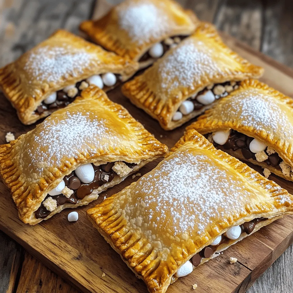 - 2 cups all-purpose flour - 1 cup unsalted butter, chilled and diced - 1 cup chocolate chips (semi-sweet or milk chocolate) - 1 cup mini marshmallows - 1/2 cup graham cracker crumbs - 1/2 teaspoon salt - 1 teaspoon sugar - 1 egg (for egg wash) - Optional: powdered sugar for dusting - Large mixing bowl - Rolling pin - Round cutter (4 inches) - Parchment paper For these S'mores hand pies, you need simple but key ingredients. The main items include flour, butter, chocolate, marshmallows, and graham crackers. The flour creates the pie crust, while the chilled butter gives it a flaky texture. Chocolate chips add that rich, sweet flavor. Mini marshmallows bring that gooey, fun touch, and graham cracker crumbs add crunch. You also need salt and sugar to enhance flavor. The egg wash gives a nice golden finish to the pies. If you want to be fancy, dust some powdered sugar on top before serving. Gather your equipment to make the process smooth. A large mixing bowl helps combine your ingredients easily. The rolling pin helps shape the dough, while the round cutter makes perfect circles. Make sure you have parchment paper ready to prevent sticking while baking. Having everything prepped sets you up for a fun cooking adventure! - Make the Dough: In a large bowl, mix 2 cups of flour, 1/2 teaspoon salt, and 1 teaspoon sugar. Add 1 cup of chilled, diced butter. Use your fingers to mix until it looks like coarse crumbs. Slowly add 4 to 6 tablespoons of ice water. Mix until the dough holds together. - Wrap and Chill: Wrap the dough in plastic wrap. Chill in the fridge for at least 30 minutes. This helps the dough stay firm and easy to work with. - Preheat the Oven: Set your oven to 375°F (190°C). Line a baking sheet with parchment paper so the pies won't stick. - Roll Out the Dough: Once chilled, split the dough in half. Roll out one half on a floured surface until it's about 1/8-inch thick. Use a round cutter, about 4 inches wide, to cut out circles. Repeat with the second half. - Assemble the Hand Pies: On one side of each circle, add about 1 teaspoon of graham cracker crumbs. Then, sprinkle 1 tablespoon of chocolate chips and a few mini marshmallows on top. Leave a small border around the edge for sealing. - Seal and Prepare for Baking: Dampen the edges of the dough with a bit of water. Fold the other half over the filling. Press the edges to seal. Use a fork to crimp the edges for extra security. - Bake and Cool: Beat 1 egg and brush it on the tops of the hand pies for a nice, golden color. Place the pies on the baking sheet and bake for 20 to 25 minutes, or until golden brown. Let them cool for a few minutes before serving. Dust with powdered sugar if you like. Ensure Ingredients Are Cold Cold ingredients help form a flaky crust. Use chilled butter for the dough. Keep the ice water cold too. This step is key for texture. Adjusting Dough Consistency If the dough is too dry, add more ice water. Add it one tablespoon at a time. If it’s sticky, sprinkle flour on your surface. Keep kneading gently until it feels just right. Chocolate Types You can use semi-sweet or milk chocolate. Dark chocolate adds a rich taste. Mix different types for fun flavors. Try white chocolate for a sweet twist. Additional Flavors Add peanut butter for a nutty kick. Use caramel for extra sweetness. You can even add a pinch of sea salt for balance. This makes each bite special. Pairing with Beverages These hand pies go well with milk. Hot chocolate is a cozy choice too. For adults, pair with coffee or dessert wine. The flavors blend nicely. Creative Plating Ideas Serve the hand pies on a colorful plate. Dust with powdered sugar for a fancy touch. Arrange fresh fruit around them for color. This makes your dessert look even more inviting. {{image_2}} Peanut Butter S'mores Hand Pies To make these pies even more fun, try adding peanut butter. You can spread a thin layer of creamy peanut butter on the dough before adding chocolate and marshmallows. The mix of sweet chocolate and salty peanut butter makes a dreamy treat. This twist packs a punch of flavor. Fruit-Infused Versions You can also bring in fruit flavors. Consider adding fresh sliced bananas or strawberries. Just place them on top of the chocolate and marshmallows. The fruit adds a fresh taste and a whole new texture. You will love this fruity take on a classic dessert. Gluten-Free Substitutions If you need a gluten-free option, switch the all-purpose flour for a gluten-free blend. Many blends work well in pie dough. Just make sure to check if it has xanthan gum. This ingredient helps mimic the texture of regular flour. Vegan Options Want a vegan version? You can replace the butter with a plant-based butter. Use a flax egg instead of a regular egg for the wash. Simply mix one tablespoon of ground flaxseed with three tablespoons of water. Let it sit until it thickens, then brush it on before baking. Adjusting Bake Time You can make mini or large hand pies based on your preference. For mini pies, use a smaller round cutter. They will bake faster, so check them after 15 minutes. Larger pies will take closer to 25 minutes, so keep an eye on them for that golden-brown look. Serving Sizes Making mini hand pies is a fun way to serve a crowd. They are great for parties and easy to share. If you choose large ones, they make a satisfying dessert for one. No matter the size, everyone will enjoy these tasty treats! Room Temperature Storage You can store S'mores hand pies at room temperature. Place them in an airtight container. They will stay fresh for about two days. Keep them away from heat and direct sunlight. This way, they stay soft and tasty. Refrigeration Tips If you want them to last longer, refrigerate the hand pies. Wrap each pie in plastic wrap or foil. This keeps them from drying out. They can last up to a week in the fridge. When ready to eat, just warm them up! Preparing for Freezing To freeze your S'mores hand pies, allow them to cool completely first. Place them in a single layer in a freezer-safe bag or container. Remove as much air as possible. They can stay frozen for up to three months. Reheating After Freezing When you are ready to eat your frozen hand pies, take them out. Let them thaw in the fridge overnight. To reheat, bake them in a preheated oven at 350°F (175°C) for about 15-20 minutes. This helps keep the crust crispy. How Long They Last S'mores hand pies can last a few days at room temperature. In the fridge, they can last about a week. When frozen, they can stay good for up to three months. Signs of Spoilage Check for any off smells or mold. If the pies feel hard or dry, they are likely spoiled. Always trust your senses! If something seems off, it is best to throw them away. Yes, you can use store-bought dough. It saves time and works well. Just choose a good quality pie dough. Roll it out and cut it into circles as you would with homemade dough. This makes the process quicker, especially for busy days. To make your hand pies crispy, keep your dough cold. Use chilled butter and ice water when making the dough. Also, brush the tops with egg wash. This adds a nice golden color and crispness when baked. Bake them until they are golden brown, about 20-25 minutes. Yes, you can make them ahead. Assemble the hand pies and keep them in the fridge for a day. Alternatively, freeze them after sealing. When ready to bake, you can cook them straight from the freezer. Just add a few extra minutes to the bake time. To reheat hand pies, use an oven for the best results. Preheat the oven to 350°F (175°C). Place the hand pies on a baking sheet and heat for about 10-15 minutes. This keeps the crust crispy while warming the filling. Absolutely! You can add different fillings. Try using peanut butter or different chocolate types. You can also mix in nuts or fruits. Get creative and make a flavor you love! You now know how to make delicious hand pies from scratch. We covered key ingredients, step-by-step instructions, and tips for perfecting your dough. You can get creative with flavors and adjust recipes to fit your needs. Remember, you can store or freeze these treats for later enjoyment. By following these steps, you’ll impress friends and family with your tasty creations. Enjoy your time baking and savor every bite!