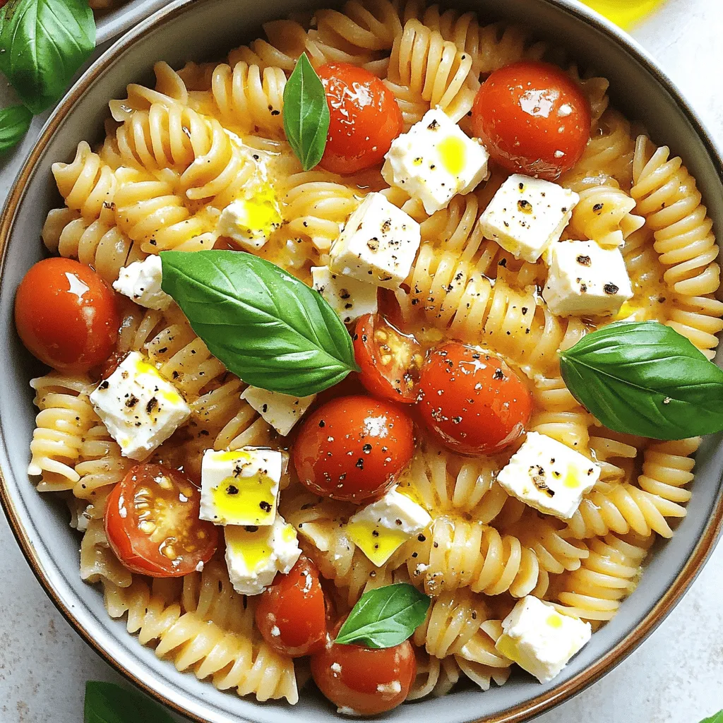 To make creamy feta tomato pasta, you need the following ingredients: - 250g pasta (choose penne, fusilli, or spaghetti) - 200g feta cheese, cubed - 400g cherry tomatoes, halved - 3 cloves garlic, minced - 2 tablespoons olive oil - 1 teaspoon dried oregano - 1/2 teaspoon red pepper flakes - Salt and pepper to taste - Fresh basil leaves for garnish - 1/2 cup reserved pasta water These ingredients are key for a tasty dish. The feta cheese adds creaminess, while the tomatoes provide sweetness. You can enhance the dish with these optional ingredients: - A squeeze of fresh lemon juice for brightness - Sliced olives for a briny kick - Grated Parmesan cheese for extra richness - Chopped nuts like pine nuts or walnuts for texture These extras can make the dish even more exciting. Feel free to mix and match based on your taste. If you need to swap out some ingredients, here are a few ideas: - Use whole wheat or gluten-free pasta instead of regular pasta. - Replace feta cheese with goat cheese for a different flavor. - Cherry tomatoes can be swapped with diced regular tomatoes. - Fresh herbs like thyme or parsley can stand in for basil. These substitutions keep the dish fun and flexible. You can adapt it to what you have at home! To start, fill a large pot with water. Add a generous pinch of salt. Bring the water to a boil. Once boiling, add 250g of pasta. You can use penne, fusilli, or spaghetti—whichever you prefer. Cook the pasta as the package says, usually around 8-10 minutes. You want it al dente, which means it should have a slight bite. Before you drain the pasta, save 1/2 cup of the cooking water. This water helps make the sauce creamy later. In a large skillet, heat 2 tablespoons of olive oil over medium heat. Add 3 minced garlic cloves. Sauté them for about 1 minute, just until they smell good. Be careful not to let the garlic burn. Next, stir in 400g of halved cherry tomatoes. Add 1 teaspoon of dried oregano and 1/2 teaspoon of red pepper flakes. If you want it spicier, you can add more flakes. Cook this for 5-7 minutes. The tomatoes should soften and release their juices. Season with salt and pepper to taste. Now, add 200g of cubed feta cheese to the skillet. Gently mix everything together. Let the cheese melt a bit into the sauce. This adds a rich, creamy flavor to your dish. Once the sauce is ready, it’s time to combine it with the pasta. Add the drained pasta to the skillet. Pour in the reserved pasta water gradually. Mix everything well, so the pasta gets coated with the creamy sauce. If you want it creamier, add more pasta water. Taste it and adjust the seasoning if needed. When everything is combined, remove the skillet from the heat. Garnish your dish with fresh basil leaves for a nice touch. Serve the pasta in bowls, and drizzle a bit of olive oil on top. Enjoy your delicious feta tomato pasta! To get a creamy sauce, you need enough pasta water. Always save some pasta water before draining. This water has starch that helps thicken the sauce. When combining the pasta with the sauce, add the reserved water little by little. This way, you can control the creaminess. The feta cheese also adds creaminess as it melts. Stir gently to mix everything well. Cook your pasta in a large pot of salted water. This helps the pasta taste better. Follow the package instructions for cooking time. You want the pasta al dente, which means firm but not hard. Stir the pasta often to prevent it from sticking together. Once done, drain it but do not rinse it. Rinsing removes the starch that helps the sauce cling. For a beautiful presentation, serve the pasta in wide bowls. Drizzle a bit of olive oil on top. This adds shine and flavor. Use freshly cracked pepper for a nice touch. Finally, add fresh basil leaves as a garnish. The green color looks great against the pasta. You can also sprinkle some extra feta on top for a burst of flavor. {{image_2}} You can easily boost this dish by adding protein. Cooked chicken or shrimp works great. For chicken, use cooked, diced breast meat. For shrimp, sauté them in olive oil until pink. Add them to the sauce after you mix in the feta. This makes the dish heartier and more filling. For a healthy twist, try adding spinach or kale. Just toss in a few handfuls while the tomatoes cook. The heat will wilt the greens. This adds nutrition and color to your pasta. Plus, it brings a nice texture to every bite. If you love heat, add more red pepper flakes. Start with a full teaspoon or more. Just mix it into the sauce with the tomatoes. This will give your dish a nice kick. Adjust according to your spice level. Enjoy the extra warmth it brings to the meal! To store your leftover feta tomato pasta, let it cool first. Place it in an airtight container. Keep it in the fridge for up to three days. This helps keep the flavors fresh. If you like, you can separate the sauce and pasta for better storage. When it's time to eat again, you can reheat the pasta. Use a microwave-safe dish. Heat it on medium power, stirring every minute. This makes sure it warms evenly. You may want to add a splash of water or olive oil to keep it creamy. If you want to save the pasta for later, freezing is a good option. Put the cooled pasta in a freezer-safe bag or container. Remove as much air as possible. This helps prevent freezer burn. You can freeze it for up to three months. To eat, thaw it in the fridge overnight and reheat it as mentioned above. Yes, you can use many kinds of pasta. Penne, fusilli, or spaghetti all work well. Each type adds its own texture. For example, penne holds sauce nicely. Fusilli twists grab every bit of flavor. Spaghetti gives a classic feel. Choose what you like best! To make this recipe vegan, swap out the feta cheese. Use a plant-based feta option or tofu instead. Tofu adds creaminess if you blend it with a bit of lemon juice. For the pasta, ensure it is egg-free. Many brands offer vegan options. You can serve Feta Tomato Pasta with a fresh salad. A simple green salad pairs nicely. Grilled vegetables also complement the pasta well. For a heartier meal, add some garlic bread. These options enhance the meal without overpowering the dish. This blog post covered key ingredients and simple steps to make feta tomato pasta. It shared tips for a creamy sauce, cooking pasta, and great presentation. You also learned variations like adding protein or making it spicy. Storing and reheating leftovers is easy too. In summary, this dish is tasty and flexible. You can customize it to suit your taste. Enjoy your cooking adventure!