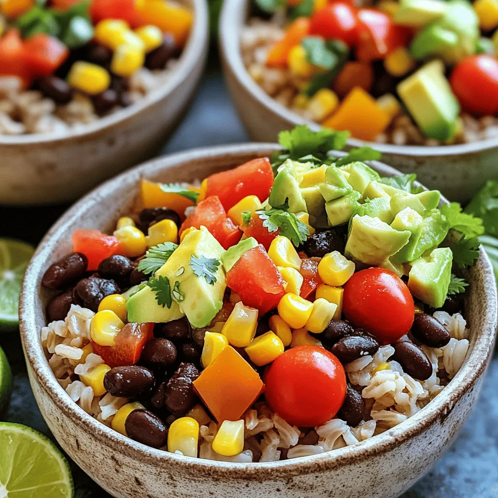 - 1 cup uncooked brown rice - 2 cups vegetable broth - 1 tablespoon olive oil - 1 small onion, diced - 2 cloves garlic, minced - 1 bell pepper, diced (any color) - 1 can (15 oz) black beans, drained and rinsed - 1 cup corn (frozen or canned) - 1 tablespoon taco seasoning - 1 cup cherry tomatoes, halved - 1 avocado, diced - Fresh cilantro, chopped (for garnish) - Lime wedges (for serving) - Salt and pepper to taste In this recipe, I use simple and fresh ingredients. Brown rice is a great base. It adds a hearty texture and nutty taste. Vegetable broth adds flavor and nutrition. Olive oil helps cook the veggies and keeps them moist. Next, I add onion and garlic. Both give a fragrant base to the dish. Diced bell pepper adds crunch and color. Black beans are packed with protein and fiber. They keep the meal filling. Corn adds sweetness, while taco seasoning brings the flavor to life. Cherry tomatoes add freshness. Diced avocado gives creaminess. Fresh cilantro adds brightness, and lime wedges bring a zesty kick. Each ingredient works together to create a delicious bowl. You can mix and match based on what you have at home. Enjoy making this meal your own! 1. Start by combining 1 cup of uncooked brown rice and 2 cups of vegetable broth in a medium saucepan. This mix gives the rice rich flavor. 2. Place the saucepan on the stove and bring it to a boil. Once it boils, reduce the heat to low. Cover the pot and let it simmer for 40-45 minutes. The rice will be tender when done. 1. While the rice cooks, heat 1 tablespoon of olive oil in a large skillet over medium heat. 2. Add 1 small diced onion to the skillet. Cook it until it turns translucent, about 3-4 minutes. 3. Now, stir in 2 cloves of minced garlic and 1 diced bell pepper. Cook them together for 2-3 minutes until the bell pepper softens. 1. Next, add 1 can of black beans (drained and rinsed) and 1 cup of corn (frozen or canned) to the skillet. 2. Sprinkle in 1 tablespoon of taco seasoning, along with salt and pepper to taste. Mix everything well. 3. Cook for another 5 minutes to warm through and blend all the flavors. 1. Once the rice is ready, fluff it with a fork. This makes it light and airy. 2. Divide the rice into bowls. Top each with the black bean and corn mixture. 3. Add 1 cup of halved cherry tomatoes and 1 diced avocado on top. 4. Finish with fresh cilantro and serve with lime wedges on the side for extra zest. To make great taco rice bowls, cook the rice right. Use a medium saucepan. Mix one cup of uncooked brown rice with two cups of vegetable broth. Bring this to a boil, then lower the heat. Cover and let it simmer for 40-45 minutes. The rice should be tender and the liquid should be gone. If you prefer a quicker option, use white rice. White rice cooks faster but lacks some nutrients. Quinoa is another choice. It cooks fast and adds a nice flavor. Toppings make your taco rice bowls special. I love using cherry tomatoes. They add sweetness and color. Diced avocado gives creaminess. Fresh cilantro brings a bright taste. For a kick, squeeze lime juice over the top. This adds freshness. You can also make your taco seasoning at home. Mix chili powder, cumin, garlic powder, and paprika. This way, it's fresh and free from additives. Meal prep can save time. Cook a big batch of rice at the start of the week. Store it in the fridge. You can also chop veggies ahead of time. This makes cooking quick during busy days. Try a one-pot meal for easy cleanup. Cook the rice and veggies together. Just add all ingredients to the pot at once. This method saves time and reduces dishes. {{image_2}} You can easily make this dish vegetarian or vegan. For protein, try using lentils or tofu. They add great texture and flavor. Cook lentils until tender, about 20 minutes. For tofu, cube it and sauté until golden. This keeps your meal hearty and satisfying. If you need a gluten-free dish, just check your taco seasoning. Some brands may have gluten. You can also swap the brown rice for quinoa. Quinoa is gluten-free and adds a nice crunch. It cooks quickly too, making it a great option. To add a kick, try different salsas. A spicy salsa can change the whole taste. You can also switch up the cheese. Crumbled feta or pepper jack adds unique flavors. Don’t be afraid to mix and match. Each variation can make the dish feel new every time you cook it! To keep your Quick Taco Rice Bowls fresh, store them well. First, let the bowls cool down before putting them away. - Refrigerating Leftover Bowls: Place leftovers in an airtight container. They can stay in the fridge for up to 3 days. This keeps the flavors locked in. - Freezing Options for Meal Prep: You can freeze the rice bowls too! Use freezer-safe containers. They can last up to 3 months. Just make sure to separate the rice from the toppings if you want the veggies to stay crisp. Reheating your rice bowls is easy. You want them warm but not overcooked. - Best Methods for Reheating Rice Bowls: The microwave works well. Place the bowl in for 1-2 minutes. Check and stir after a minute. You can also use a skillet on low heat. This method helps keep the texture nice. Knowing how long each ingredient lasts helps you plan meals. - How Long Ingredients Stay Fresh: Cooked brown rice lasts about 4-6 days in the fridge. Black beans and corn stay good for about 3-4 days after cooking. Fresh veggies, like tomatoes and avocados, should be eaten within 1-2 days for best taste. You can easily make Quick Taco Rice Bowls vegetarian by swapping the black beans for a plant-based protein. Lentils or tofu are great choices. You can also add extra veggies, like zucchini or mushrooms, for more flavor and texture. This keeps it hearty and satisfying. Yes, you can use brown rice instead of white rice. Brown rice has more fiber and nutrients. It takes longer to cook, so allow about 40-45 minutes for it to become tender. Just follow the rice and broth ratio for the best results. If you need a substitute for taco seasoning, mix your own using common spices. Combine chili powder, cumin, garlic powder, and paprika for a tasty blend. Adjust the amounts to match your flavor. This way, you can control the heat and flavor profile. Quick Taco Rice Bowls can last about 3-4 days in the fridge. Store them in airtight containers. This keeps the flavors fresh and prevents spoilage. When you’re ready to eat, just reheat them and enjoy. Absolutely, you can make this recipe ahead of time. Cook the rice and the veggie mixture separately. Store them in the fridge for up to 3-4 days. When you want to serve, just combine them and add your toppings. This makes meal prep easy and quick. Taco rice bowls are simple and fun to make. We covered key ingredients, from brown rice to fresh cilantro. The step-by-step guide helps you cook and combine everything easily. You can customize your bowls with various toppings and adapt them to fit your diet. Proper storage techniques keep leftovers fresh for later. Overall, taco rice bowls offer a tasty meal that is healthy and adaptable. Enjoy making this dish your own, and share it with family or friends!