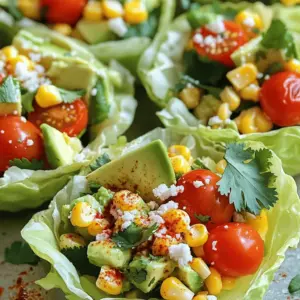 - 4 ears of corn, husked and grilled - 1 cup cherry tomatoes, halved - 1 avocado, diced - 1/2 cup red onion, finely chopped - 1/2 cup cotija cheese, crumbled - 1/4 cup fresh cilantro, chopped - Juice of 2 limes - 2 tablespoons olive oil - 1 teaspoon chili powder - Salt and pepper to taste - Small lettuce cups or tortilla chips for serving When measuring, use dry cups for solids like cheese and corn. For liquids, use a liquid measuring cup. Always level off ingredients like chili powder and salt for accuracy. To prepare, husk the corn and soak it in water for a few minutes. This helps keep it juicy when you grill it. After grilling, let the corn cool before cutting the kernels off the cob. Use a sharp knife to get clean cuts. For the avocado, cut it right before mixing to keep it fresh and green. If you want a dairy-free option, swap cotija cheese for a vegan cheese. For gluten-free needs, use lettuce cups or gluten-free chips. If you like it spicy, add jalapeños or a dash of hot sauce to the salad. For a lower-carb option, mix in more veggies like bell peppers or zucchini. First, preheat your grill to medium-high heat. This step is key for that smoky flavor. Husk the corn and place it on the grill. Grill each ear for about 10 to 12 minutes. Turn the corn every few minutes to char all sides. Once it’s done, let it cool a bit. Then, cut the kernels off the cob into a bowl. In a large bowl, add the grilled corn kernels. Next, toss in 1 cup of halved cherry tomatoes. Then, add 1 diced avocado for creaminess and 1/2 cup of finely chopped red onion for a bit of bite. Crumble in 1/2 cup of cotija cheese for that rich flavor. Finally, sprinkle in 1/4 cup of chopped fresh cilantro for a burst of freshness. Mix everything gently, so you don’t mash the avocado. In a small bowl, whisk together the juice of 2 limes, 2 tablespoons of olive oil, 1 teaspoon of chili powder, and salt and pepper to taste. Make sure everything blends well. Pour this dressing over the corn mixture. Toss it gently to coat all the ingredients. This dressing adds a zesty kick and ties all the flavors together. Grilling corn gives it a smoky taste. To get the best flavor, husk the corn and soak it in water for 30 minutes before grilling. This helps keep the corn moist. Preheat your grill to medium-high heat. Grill the corn for 10 to 12 minutes. Turn it often to get even charring. Look for dark grill marks. After grilling, let the corn cool for a bit. Then cut the kernels off the cob. This will add a sweet crunch to your salad. These salad cups look great and taste even better. You can use small lettuce cups or tortilla chips as a base. The fresh salad fits perfectly into these cups. You can also serve it on a platter with lime wedges. This adds a pop of color and freshness. If you want a little more fun, set up a build-your-own salad bar. Let guests fill their cups with their favorite toppings. This makes the dish interactive and exciting. To take the flavors up a notch, use fresh ingredients. Fresh lime juice brightens the dish. Cotija cheese adds a nice salty touch. You can also sprinkle some chili powder for extra heat. If you like smoky flavors, try adding smoked paprika. Fresh herbs, like cilantro, bring a burst of freshness. Always taste as you go. Adjust salt and pepper to match your palate. These simple tweaks can make your street corn salad even more delicious. {{image_2}} To make a vegan version of street corn salad cups, swap the cotija cheese. Use a plant-based cheese or leave it out. The salad still tastes great without it. Add a bit more avocado for creaminess. You can also mix in some nutritional yeast for a cheesy flavor. If you love heat, add fresh jalapeños to the mix. Dice one or two, depending on your spice level. You could also use a spicy chili powder instead of regular. For extra kick, drizzle some hot sauce over the top before serving. This will make your salad cups pop with flavor. Feel free to get creative with your ingredients. Swap cherry tomatoes for diced bell peppers for crunch. Instead of red onion, use green onions for a milder taste. You could even add black beans for protein. Play with flavors and textures to make it your own. After enjoying your street corn salad cups, you may have some leftovers. Store them in an airtight container in the fridge. They will stay fresh for up to three days. It's best to keep the salad and the cups separate. This helps the cups stay crunchy longer. If the salad is mixed with the cups, they may get soggy. Freezing is not the best option for this salad. The fresh ingredients, like avocado and tomatoes, do not freeze well. However, you can freeze the grilled corn on its own. Place it in a freezer-safe bag, and it will last for up to three months. When you are ready to use it, just thaw it in the fridge overnight. If you need to reheat the corn, do so gently. Heat it in a skillet over low heat for a few minutes. Avoid using the microwave, as it can change the texture. After reheating, mix it with fresh ingredients to enjoy that bright flavor again. Street corn salad is a fresh mix inspired by Mexican street corn. It combines grilled corn, tomatoes, avocado, and cotija cheese. The dressing uses lime juice and chili powder. This salad is bright, tasty, and fun to eat. The mix of flavors and colors makes it perfect for a party or a casual meal. Yes, you can make the salad ahead of time, but keep a few tips in mind. Mix the corn, tomatoes, avocado, onion, and cheese together. Then, store it in the fridge. Wait to add the dressing until just before serving. This keeps the salad fresh and the avocado from browning. You can enjoy this salad for up to two days in the fridge. To add spice to your street corn salad, try these options. Use more chili powder in the dressing. You can also add diced jalapeños for heat. If you like a smoky flavor, sprinkle some smoked paprika on top. Taste as you go to find the right level of spice for you. Enjoy the heat! This blog post covers how to make a tasty street corn salad. We discussed key ingredients, step-by-step instructions, and smart tips to enhance flavor. You can also make variations to fit any diet. Finally, we shared how to store leftovers and answer common questions. Making this salad can be fun and rewarding. Try your own twists on this classic recipe. Enjoy fresh flavors and a dish that pleases everyone!