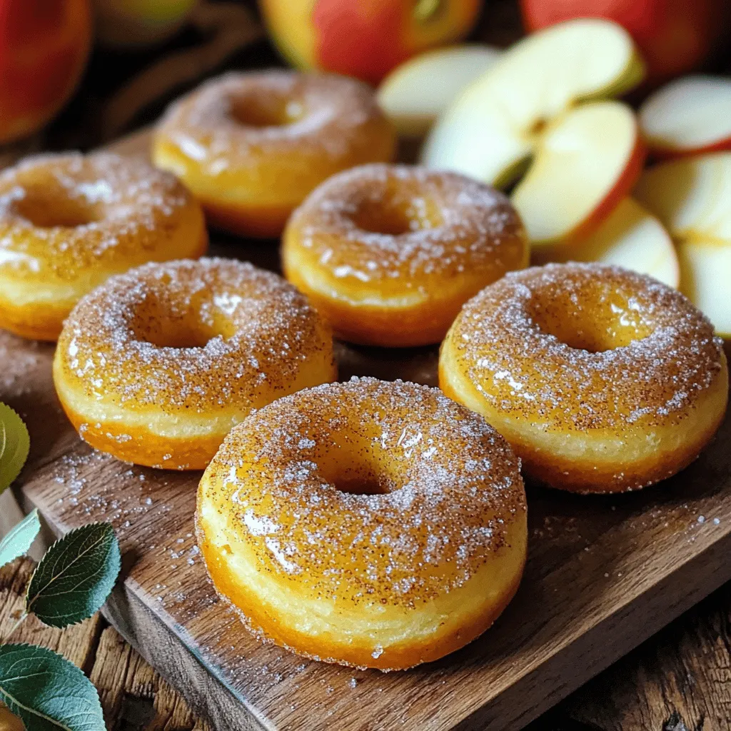 To make baked apple cider donuts, you need these ingredients: - 1 ½ cups apple cider - 2 cups all-purpose flour - 1 teaspoon baking powder - 1 teaspoon baking soda - ½ teaspoon ground cinnamon - ¼ teaspoon ground nutmeg - ½ teaspoon salt - ½ cup brown sugar, packed - ½ cup granulated sugar - 2 large eggs - ½ cup unsweetened applesauce - ¼ cup melted unsalted butter - 1 teaspoon vanilla extract - ½ cup cinnamon sugar (for coating) You can swap a few ingredients if needed: - Use whole wheat flour instead of all-purpose flour for more fiber. - Maple syrup can replace brown sugar for a unique flavor. - For a dairy-free option, use coconut oil instead of butter. - Applesauce is great for moisture, but you can use yogurt as a substitute. Select fresh apple cider for the best taste. Look for a brand with no added sugars. Choose all-purpose flour with a fine texture for light donuts. Check the dates on your spices to ensure they are fresh. Fresh spices enhance the flavors in your donuts. When buying eggs, look for organic or free-range for better quality. Start by boiling the apple cider. Pour 1 ½ cups of cider into a saucepan. Heat it over medium heat until it boils. Lower the heat and let it simmer. You want it to reduce to about ¾ cup. This takes about 10 to 15 minutes. Once it thickens, set it aside to cool a bit. Grab a large mixing bowl for the dry stuff. Add 2 cups of all-purpose flour. Then, mix in 1 teaspoon of baking powder and 1 teaspoon of baking soda. Sprinkle in ½ teaspoon of ground cinnamon, ¼ teaspoon of ground nutmeg, and ½ teaspoon of salt. Stir it all together until combined. In another bowl, whisk ½ cup of brown sugar and ½ cup of granulated sugar. Crack in 2 large eggs and mix well. Add ½ cup of unsweetened applesauce, ¼ cup of melted unsalted butter, and 1 teaspoon of vanilla extract. Finally, pour in the cooled apple cider. Mix until smooth. Now, gently fold this mixture into the dry ingredients. Do not overmix; just combine until you see no dry flour. Get a donut pan and grease it well with cooking spray or butter. Transfer the batter into a piping bag or a zip-top bag. Snip off a corner of the bag. Pipe the batter into the donut pan. Fill each cavity about ¾ full. This ensures they have room to rise. Preheat your oven to 350°F (175°C). Place the filled donut pan in the oven. Bake for 12 to 15 minutes. The donuts are done when they spring back when touched. You can also insert a toothpick to check; it should come out clean. Once done, take them out and let them cool in the pan for 5 minutes. Then, move them to a wire rack to cool completely. When making baked apple cider donuts, avoid overmixing the batter. It can make the donuts tough. Instead, mix until just combined. Another mistake is not reducing the apple cider enough. This step adds deep flavor, so take your time. Also, ensure your oven is fully preheated. An unheated oven can lead to uneven baking. To get the best shape, fill your donut pan about three-quarters full. This allows the donuts to rise perfectly without overflowing. Use a piping bag for neat filling. If you don’t have one, a zip-top bag works, too. Just snip a small corner off and pipe the batter in. To boost flavor, use fresh spices instead of pre-ground ones. Freshly grated nutmeg and cinnamon will make a big difference. You can also add a splash of apple juice for extra sweetness. For a fun twist, mix in chopped apples for texture. Tossing the warm donuts in cinnamon sugar right after baking adds a delightful crunch. {{image_2}} You can add fun flavors to your baked apple cider donuts. Try mixing in some chopped apples or even caramel bits. For a spicy kick, add a pinch of ginger or cloves. If you love chocolate, fold in mini chocolate chips. You can also switch apple cider for other fruit juices like pear or cranberry. Each choice gives a new twist to this classic treat. The cinnamon sugar coating is tasty, but you can get creative. Drizzle your donuts with a simple glaze made from powdered sugar and milk. For a crunch, add crushed nuts or sprinkles. You can also dust them with cocoa powder for a chocolatey finish. If you like a fruity touch, coat them in powdered sugar mixed with lemon zest. Making these donuts gluten-free is easy. Use a gluten-free flour blend in place of all-purpose flour. For a vegan version, replace eggs with flaxseed meal mixed with water. You can also use a plant-based butter and unsweetened almond milk instead of regular butter and milk. These swaps keep the flavors intact while catering to different diets. To keep your baked apple cider donuts fresh, place them in an airtight container. You can stack them carefully but separate layers with parchment paper. This method keeps them moist and tasty for up to three days. If you want them to last longer, consider refrigerating them. Just be aware that chilling might change their texture slightly. Freezing is a great option if you have extra donuts. First, let them cool completely. Then, wrap each donut tightly in plastic wrap. After that, place them in a freezer bag or container. This keeps air out and prevents freezer burn. Frozen donuts can last for up to three months. When you’re ready to eat them, just thaw overnight in the fridge. To enjoy your donuts warm, reheat them in the oven. Preheat the oven to 350°F (175°C). Place the donuts on a baking sheet for about 5-7 minutes. This method restores their soft texture. If you’re in a hurry, you can use the microwave. Heat them for about 10-15 seconds. Just be careful not to overheat, or they will become tough. Baked apple cider donuts stay fresh for about three days. Keep them in an airtight container at room temperature. For longer storage, you can freeze them. They last up to three months in the freezer. Yes, you can make the batter ahead. Store it in the fridge for up to 24 hours. When you're ready, just pipe it into the pan and bake. This is a great time-saver for busy mornings. Baked donuts are lighter and fluffier. They use less oil than fried donuts. Fried donuts have a richer taste and are often denser. Baking is a healthier option, and the flavor of apple cider shines through in both types. You can use apple juice instead of apple cider. The flavor will be sweeter and less complex. Using buttermilk adds a tangy taste, which can also be nice. Experiment to see what you like best! Check for doneness by gently touching the tops. They should spring back when done. You can also insert a toothpick into a donut. If it comes out clean, your donuts are ready. We explored how to make delicious baked apple cider donuts. First, we covered essential ingredients and how to pick the best. Then, we walked through each step of the baking process. Tips and tricks helped avoid common mistakes and improve shape and taste. I also shared fun variations and storage methods to keep your donuts fresh. Enjoy baking and tasting these donuts with your loved ones. You’ll create fun memories and tasty treats!