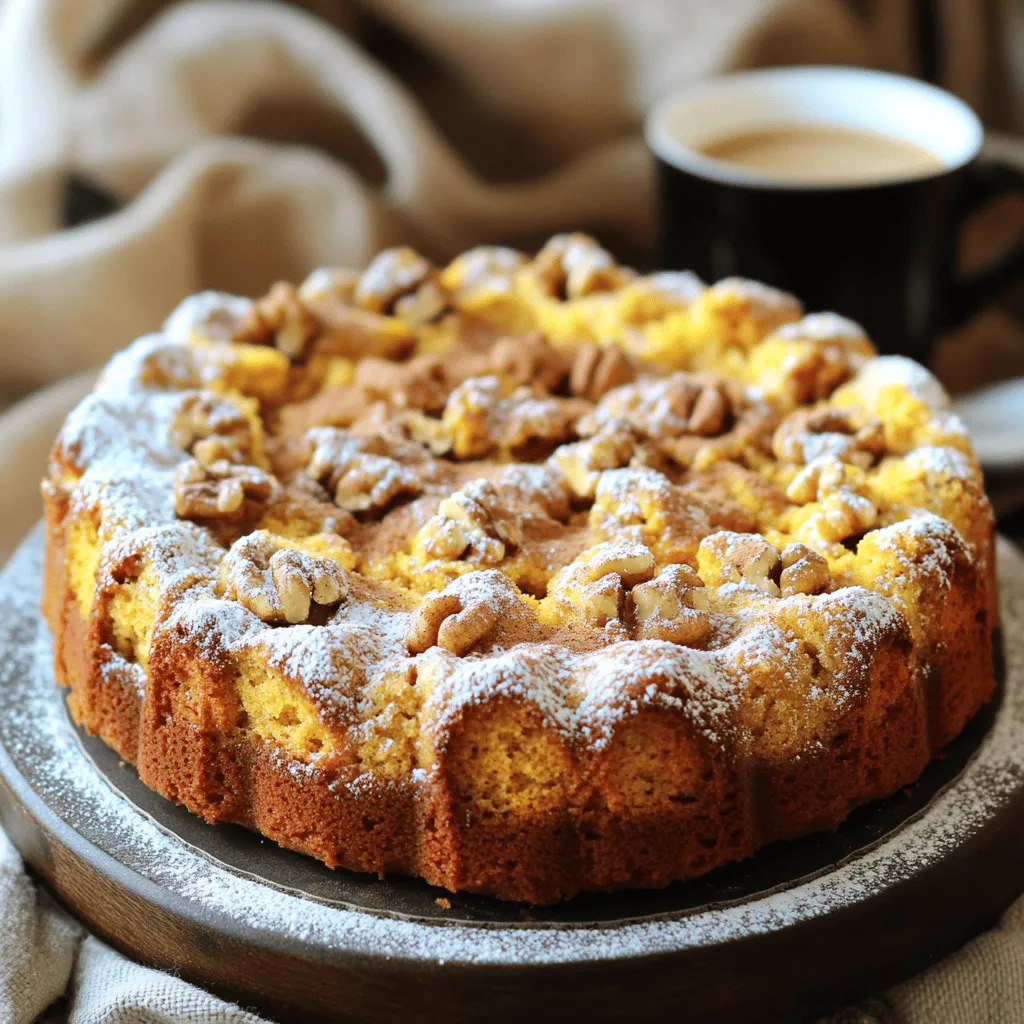 To make this pumpkin coffee cake, gather these simple ingredients: - 1 ½ cups all-purpose flour - 1 teaspoon baking powder - ½ teaspoon baking soda - 1 teaspoon ground cinnamon - ½ teaspoon ground nutmeg - ¼ teaspoon ground ginger - ¼ teaspoon salt - ½ cup unsalted butter, softened - 1 cup granulated sugar - 2 large eggs - 1 cup canned pumpkin puree - ½ teaspoon vanilla extract - ½ cup chopped walnuts or pecans (optional) You can add a few optional ingredients to enhance the flavor: - ½ cup chopped walnuts or pecans - A sprinkle of powdered sugar for topping Gather these tools to make the process easier: - A large mixing bowl - A medium bowl - A whisk - An electric mixer or a wooden spoon - A 9x9-inch baking pan - Parchment paper (optional) - A toothpick for testing doneness - A wire rack for cooling Start by preheating your oven to 350°F (175°C). This step is key for even baking. While the oven heats, grease a 9x9-inch baking pan. You can also line it with parchment paper to make it easy to remove the cake later. In a medium bowl, whisk together the dry ingredients. Combine 1 ½ cups of all-purpose flour, 1 teaspoon of baking powder, and ½ teaspoon of baking soda. Add 1 teaspoon of ground cinnamon, ½ teaspoon of ground nutmeg, and ¼ teaspoon of ground ginger. Finally, mix in ¼ teaspoon of salt. Set this bowl aside for later. In a large mixing bowl, beat ½ cup of softened unsalted butter with 1 cup of granulated sugar. Use a hand mixer or stand mixer for best results. Mix until the mixture is light and fluffy, which should take about 3 minutes. This step adds air to your batter, making it soft. Next, add 2 large eggs to the bowl, one at a time. Mix well after each addition. Then, add 1 cup of canned pumpkin puree and ½ teaspoon of vanilla extract. Blend these until smooth. The pumpkin adds moisture and flavor. Now, it’s time to combine the mixtures. Gradually add the dry ingredients into the wet mixture. Mix just until combined, being careful not to over-mix. If you want, fold in ½ cup of chopped walnuts or pecans. These nuts add a nice crunch. Pour the batter into your prepared baking pan. Spread it evenly with a spatula. Bake in your preheated oven for 30 to 35 minutes. Check for doneness by inserting a toothpick into the center. If it comes out clean, your cake is ready! Once baked, allow the cake to cool in the pan for about 10 minutes. Then, transfer it to a wire rack to cool completely. For a special touch, dust the top with powdered sugar and a sprinkle of cinnamon before serving. Slice into squares and enjoy with your favorite coffee or tea! For a soft and tender cake, mix the batter just until combined. Over-mixing can make it tough. Use room-temperature butter and eggs for better blending. This helps create air pockets for a fluffy finish. You can add more spices like cloves or allspice for extra warmth. Try mixing in chocolate chips for a sweet twist. Dried cranberries or raisins also work well. For a nutty flavor, add chopped walnuts or pecans to the batter. If your cake sinks in the middle, it might be undercooked. Always test with a toothpick. For dryness, check that you don’t over-bake. If the cake is too dense, ensure your baking powder and soda are fresh. This recipe needs them to rise properly. {{image_2}} You can make a gluten-free version of this cake. Use a gluten-free flour blend. Look for one that has xanthan gum in it. This helps keep the cake light and fluffy. Follow the same steps as the original recipe. Your coffee cake will still be delicious and moist. To make this cake vegan, replace the eggs and butter. Use 1/2 cup of unsweetened applesauce for the eggs. For the butter, use a vegan butter substitute. This will keep the texture creamy and rich. Then, use plant-based milk instead of regular milk if you want. Your vegan coffee cake will impress everyone! You can add exciting flavors to your pumpkin coffee cake. Try mixing in chocolate chips or dried cranberries. These add sweetness and texture. You can also use spices like cardamom or allspice for a twist. If you want some crunch, add chopped walnuts or pecans. These add a nice bite and flavor to each slice. To keep your pumpkin coffee cake fresh, let it cool completely. Place it in an airtight container. Store it at room temperature if you plan to eat it within a few days. If not, the fridge is a better choice. This helps extend its life by a few days. You can keep it in the fridge for up to one week. If you have extra cake, freezing is easy. First, slice the cake into squares. Wrap each piece tightly in plastic wrap. Then, place the wrapped slices in a freezer bag. Remove as much air as you can from the bag. Label it with the date. You can freeze it for up to three months. When you are ready to enjoy your cake again, remove it from the freezer. Let it thaw in the fridge overnight. If you want it warm, heat it in the microwave for about 20 seconds. You can also warm it in the oven at 350°F for 10 minutes. Enjoy it fresh, just like when you first baked it! Yes, you can use fresh pumpkin. First, you need to cook and puree it. Choose a sugar pumpkin for the best flavor. Cook it by roasting or boiling until soft. Then, blend it until smooth. Use the same amount as canned pumpkin in the recipe. Pumpkin coffee cake stays fresh for about three days at room temperature. Store it in an airtight container to keep it moist. If you want it to last longer, you can refrigerate it for up to a week. For best taste, enjoy it within the first few days. Yes, you can make this recipe ahead of time. Bake the cake and let it cool completely. Then, store it in an airtight container. You can keep it on the counter for a few days or in the fridge for a week. Just remember to warm it up before serving. If you need an egg substitute, try using applesauce or mashed banana. Use ¼ cup of applesauce for each egg. Another option is to mix 1 tablespoon of ground flaxseed with 2.5 tablespoons of water. Let it sit for a few minutes before adding it to your mix. You can reduce the sugar in this recipe. Try cutting it down by ¼ cup. The cake will still taste good but may be less sweet. You can also use natural sweeteners like honey or maple syrup. Just remember to adjust the other liquid ingredients. This blog post outlined how to make a tasty pumpkin coffee cake. We covered ingredients, tools, and easy steps for preparation. I shared tips for texture and flavor, plus fun variations like gluten-free and vegan options. I also included how to store your cake and answered common questions. Pumpkin coffee cake is simple to make and enjoy. With practice, you’ll create the perfect treat every time. Happy baking!