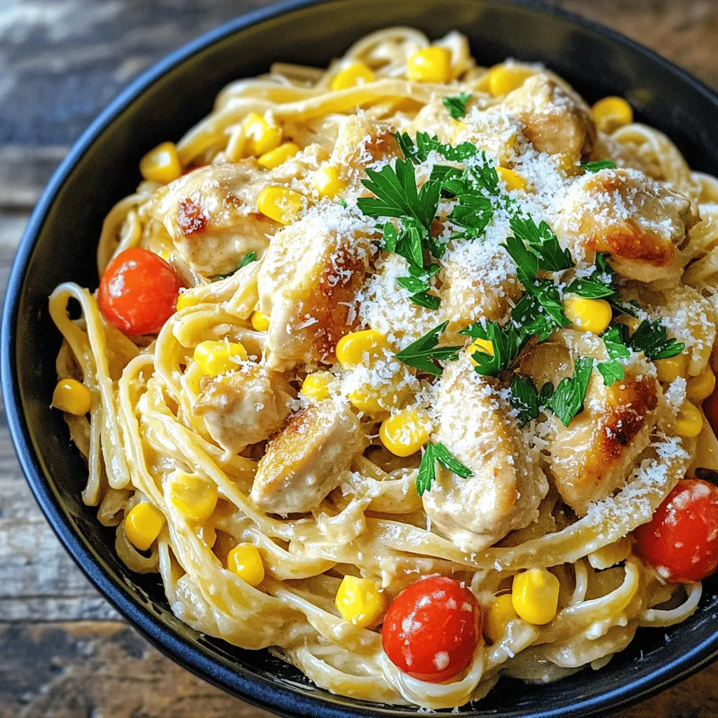 - 8 oz linguine pasta - 2 chicken breasts, cut into bite-sized pieces - 4 tablespoons cowboy butter - 2 cloves garlic, minced - 1 teaspoon smoked paprika - ½ teaspoon chili powder - 1 cup cherry tomatoes, halved - 1 cup corn kernels (fresh or frozen) - 1 cup heavy cream - ½ cup grated Parmesan cheese - Fresh parsley, chopped - Extra Parmesan cheese - Lemon wedges The main ingredients create a rich, bold flavor. The linguine pasta gives the dish a nice base. Chicken breasts add protein and heartiness. Cowboy butter, made from seasoned butter, brings a unique twist. Garlic, smoked paprika, and chili powder enhance the flavors, making every bite exciting. For a pop of color and taste, I use cherry tomatoes and corn. The sweetness of the corn balances the spices. Heavy cream adds a creamy texture, while Parmesan cheese gives a salty kick. I love garnishing with fresh parsley for color. Extra Parmesan cheese adds richness. A squeeze of lemon brightens the dish and adds freshness. These ingredients come together beautifully in Cowboy Butter Chicken Linguine. - Cook linguine in salted water. - Prepare cowboy butter (optional recipe). Start by boiling a large pot of salted water. Add the linguine and cook it until it is al dente. This should take about 8-10 minutes. Drain the pasta and set it aside. Remember to save half a cup of that pasta water for later. Next, let's make the cowboy butter. This is optional but adds great flavor. In a bowl, mix ½ cup softened butter, 1 tablespoon minced garlic, 1 tablespoon finely chopped parsley, 1 teaspoon lemon juice, salt, and red pepper flakes. Stir it well and store it in the fridge until you're ready to use it. - Sauté chicken and season. - Create the sauce with garlic, tomatoes, and corn. - Combine sauce with cream and cheese. In a large skillet, melt 2 tablespoons of cowboy butter over medium heat. Add the chicken pieces to the skillet. Season them with salt, pepper, smoked paprika, and chili powder. Cook the chicken for about 5-7 minutes. It should turn golden brown and be cooked through. Once done, remove the chicken and set it aside. In the same skillet, add the remaining 2 tablespoons of cowboy butter. Toss in the minced garlic and sauté for about 30 seconds until you smell the garlic. Add the halved cherry tomatoes and corn. Cook for another 2-3 minutes until they soften. Now, lower the heat and pour in 1 cup of heavy cream. Mix in ½ cup of grated Parmesan cheese. Keep stirring until the sauce is smooth. If it seems too thick, add a bit of the reserved pasta water to reach your desired consistency. - Mix chicken and pasta with the sauce. - Adjust seasoning before serving. Return the cooked chicken to the skillet. Toss it in the sauce to coat it well. Next, add the drained linguine and mix everything together. Make sure the pasta is evenly coated with the sauce. Taste the dish and adjust salt and pepper as needed before serving. - Cook the linguine in salted water. This adds flavor. - Test for doneness at 8-10 minutes. It should be firm but tender. - For chicken, season with salt, pepper, smoked paprika, and chili powder. This brings out the best flavor. - Cook chicken until golden brown for a nice crust. It usually takes about 5-7 minutes. - Add bell peppers or spinach for extra nutrition. They cook quickly and add color. - For a twist, try shrimp or sausage instead of chicken. Both work well in this dish. - Use whole wheat or gluten-free pasta for a different texture. Each type brings its own flavor. - Plate the linguine in a shallow bowl for a nice look. - Top with a sprinkle of extra Parmesan cheese for richness. - Pair with a fresh side salad or garlic bread for a complete meal. - Enjoy with a chilled glass of white wine or sparkling water. Both complement the flavors beautifully. {{image_2}} To make a vegetarian version of Cowboy Butter Chicken Linguine, swap the chicken for plant-based options. I recommend using cubed tofu or tempeh. Both options soak up flavors well. You can season the tofu with smoked paprika and chili powder just like the chicken. For the best taste, cook it until golden brown. Adjust the seasoning to enhance the dish. Use more garlic and add some extra herbs like thyme or basil. This addition makes the meal even more flavorful. For a gluten-free dish, choose gluten-free pasta. There are many options available, like rice or corn pasta. These alternatives work well with the sauce and flavors. Ensure other ingredients are gluten-free too. For example, check the cowboy butter and heavy cream labels. Most of these items should be gluten-free, but it’s always good to double-check. This way, everyone can enjoy the Cowboy Butter Chicken Linguine. If you like a bit of heat, this twist is for you. Add extra spices like cayenne pepper or red pepper flakes to the sauce. This will give the dish a nice kick. You can also explore different types of cream. Try coconut cream for a dairy-free option that adds a unique flavor. Or, use a spicy sauce like sriracha for an extra punch. Mixing these elements keeps your Cowboy Butter Chicken Linguine exciting and new! To keep your Cowboy Butter Chicken Linguine fresh, store it in an airtight container. This helps prevent moisture loss and keeps the flavors intact. Place the container in the fridge. You can keep it for up to three days. If you notice any strange smells or changes in color, it’s best to toss it out. When it's time to enjoy your leftovers, the best way to reheat is on the stove. Add a splash of water or cream in a pan. This keeps the pasta moist and creamy. Heat over medium-low and stir frequently. If you prefer the microwave, use a microwave-safe dish. Add a bit of cream and cover it. Heat in short bursts, stirring in between. If you want to freeze your Cowboy Butter Chicken Linguine, start by letting it cool completely. Then, portion it into freezer bags or containers. Remove as much air as possible before sealing. This helps prevent freezer burn. You can freeze it for up to three months. To thaw, place it in the fridge overnight. For best results, reheat on the stove after thawing. Yes, you can make cowboy butter ahead of time. It keeps well in the fridge. To prepare it, mix softened butter with minced garlic, parsley, lemon juice, salt, and red pepper flakes. Store the mixture in an airtight container. When ready to use, simply scoop out what you need. This saves time when cooking the Cowboy Butter Chicken Linguine. Plus, the flavors deepen as it sits. If you need a substitute for heavy cream, try these options: - Half-and-half: It has a similar texture but less fat. - Coconut milk: This adds a unique flavor and is dairy-free. - Greek yogurt: This gives creaminess with added protein. - Cashew cream: Blend soaked cashews with water for a rich alternative. These options cater to different dietary needs while keeping the dish creamy and delicious. The total time to make Cowboy Butter Chicken Linguine is about 30 minutes. Here’s a quick breakdown: - Prep time: 15 minutes for cooking pasta and cutting chicken. - Cooking time: 15 minutes to sauté chicken, create sauce, and combine ingredients. This quick cooking time makes it easy to fit into a busy weeknight schedule. Enjoy a flavorful meal in no time! In this post, you learned how to prepare Cowboy Butter Chicken Linguine. We covered ingredients like linguine, chicken, and the rich cowboy butter. I shared step-by-step cooking instructions and tips for perfecting flavor. You can also explore variations for vegetarian or gluten-free diets. This dish is versatile and easy to store. Enjoy making this delicious meal and feel free to customize it to your taste. Happy cooking!