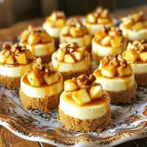 To make these tasty bites, gather these simple ingredients: - 1 cup graham cracker crumbs - 4 tablespoons unsalted butter, melted - 2 tablespoons granulated sugar - 8 oz cream cheese, softened - 1/2 cup powdered sugar - 1 teaspoon vanilla extract - 1/2 cup sour cream - 1 small apple, peeled and diced - 1/2 teaspoon cinnamon - 1/4 cup caramel sauce (for drizzling) - Optional: chopped nuts for topping If you need to adjust the recipe, here are some handy conversions: - 1 cup = 240 ml - 1 tablespoon = 15 ml - 1 teaspoon = 5 ml - 8 oz cream cheese = 225 grams - 1/2 cup = 120 ml Choosing great ingredients makes a big difference. Here’s how to pick the best: - Graham Cracker Crumbs: Look for fresh crumbs without added preservatives. - Butter: Use unsalted butter for better flavor control. - Cream Cheese: Choose full-fat cream cheese for a rich texture. - Apples: Use a crisp apple, like Granny Smith, for a nice tartness. - Caramel Sauce: Opt for a natural sauce without high fructose corn syrup. Using high-quality ingredients enhances the taste and texture of your Mini Caramel Apple Cheesecake Bites. For the full recipe, check the previously mentioned section. To start, preheat your oven to 350°F (175°C). While it heats, get a mini muffin tin and line it with paper liners. This keeps the cheesecakes from sticking. In a medium bowl, combine the graham cracker crumbs, melted butter, and granulated sugar. Mix until the crumbs are moist and well mixed. Next, take about 1 tablespoon of this crumb mixture and press it into the bottom of each muffin cup. This forms a nice crust. Bake these for 5 minutes, then take them out and let them cool. Now, let's make the filling. In another bowl, use an electric mixer to beat the softened cream cheese until it’s smooth. This step is key for a creamy texture. Next, add the powdered sugar, vanilla extract, and sour cream. Mix until everything is well combined and creamy. Fold in the diced apple and cinnamon gently. This adds great flavor and texture. Make sure the apple pieces are evenly spread throughout the cheesecake mixture. Spoon the cheesecake mixture into the cooled crusts in the muffin tin. Fill each cup nearly to the top. Bake these for an additional 15 minutes. You want the cheesecakes to be set but still soft in the center. Once they are done, take them out and let them cool completely. After cooling, put them in the fridge for at least 2 hours to set. Before serving, drizzle caramel sauce on top of each cheesecake bite. You can add chopped nuts for a nice crunch. For the full recipe, refer to the earlier section. Enjoy your mini caramel apple cheesecake bites! When making Mini Caramel Apple Cheesecake Bites, watch for a few common issues. First, do not skip chilling the bites. Chilling helps them set properly. If you skip this step, your bites might not hold their shape. Second, be careful not to overmix the cream cheese. Overmixing can make the filling too airy. Keep it smooth but thick. Lastly, ensure your crust is not too thick. A thick crust can overpower the taste of the cheesecake. To make your bites look great, use a colorful platter. Arrange the bites in neat rows for a nice look. Drizzle caramel sauce over each bite just before serving. This adds a sweet touch and shines like a star. For extra flair, sprinkle a pinch of cinnamon on top. You can also add small caramel apple slices around the bites. This adds color and makes your dish pop with fun. You can prepare these cheesecake bites a day early. Just follow the full recipe, then chill them overnight. This gives the flavors time to blend. If you're short on time, make the crust and filling separately. Store them in the fridge. Assemble and bake them when you're ready to serve. This method saves time and stress, making your cooking experience smoother. {{image_2}} You can change the flavor of your Mini Caramel Apple Cheesecake Bites easily. For a pumpkin twist, add pumpkin spice to the cream cheese mix. Just a teaspoon can bring fall right to your table. Want chocolate? Mix in cocoa powder or mini chocolate chips for a rich taste. You can also use flavored extracts, like almond or maple, to add a fun twist. If you need gluten-free bites, swap the graham crackers for gluten-free crumbs. This way, everyone can enjoy them. For a vegan option, use dairy-free cream cheese and a plant-based butter substitute. You can also try using maple syrup instead of the powdered sugar. These changes are simple but keep the flavor intact. Toppings can make your bites even more special. Try adding chopped nuts, like pecans or walnuts, on top for crunch. A sprinkle of sea salt can enhance the caramel flavor too. You can also add mini chocolate chips or a drizzle of chocolate sauce for a sweet touch. Fresh fruit slices, like apple or pear, can add color and freshness. All these options let you create a unique bite every time. For the full recipe, check out the details above. To keep your mini caramel apple cheesecake bites fresh, store them in the fridge. Use an airtight container to prevent them from drying out. Place parchment paper between the layers to avoid sticking. If you plan to enjoy them later, put them in the back of the fridge. This spot is usually the coldest and keeps them firm. These mini cheesecakes can last about five days in the fridge. After that, they may lose flavor and texture. If you notice any changes in smell or appearance, it's best to toss them. Always check for signs of spoilage to ensure safety. You can freeze mini caramel apple cheesecake bites for up to three months. First, let them cool completely. Then, wrap each cheesecake bite in plastic wrap tightly. Place them in a freezer-safe bag or container. Label the bag with the date. To eat, thaw them in the fridge overnight. Enjoy the same great taste after freezing! For the full recipe, check out the linked section above. Yes, you can use many types of apples. Sweet apples like Fuji or Gala work well. Tart apples like Granny Smith add a nice zing. Each type gives a different flavor. Feel free to mix them for a new twist. Check for a slight jiggle in the center of each cheesecake. They should be set but not overcooked. If they puff up, they are ready. Baking them for about 15 minutes usually does the trick. Remember to let them cool completely afterward. You can use Greek yogurt or cottage cheese instead of cream cheese. Both options give a creamy texture. For a dairy-free choice, try silken tofu blended smooth. Each option brings a unique flavor to your bites. For the best results, keep the same amount in the recipe. For the full recipe, check out the steps to make these tasty bites! In this post, I shared how to make Mini Caramel Apple Cheesecake Bites. We covered the right ingredients, from crust to filling. You learned how to avoid common mistakes and explored fun variations. I also offered tips on storing and freezing these bites. These treats are not only tasty but also easy to make. With a bit of practice, you can impress anyone with your baking skills. Enjoy creating these delicious bites!