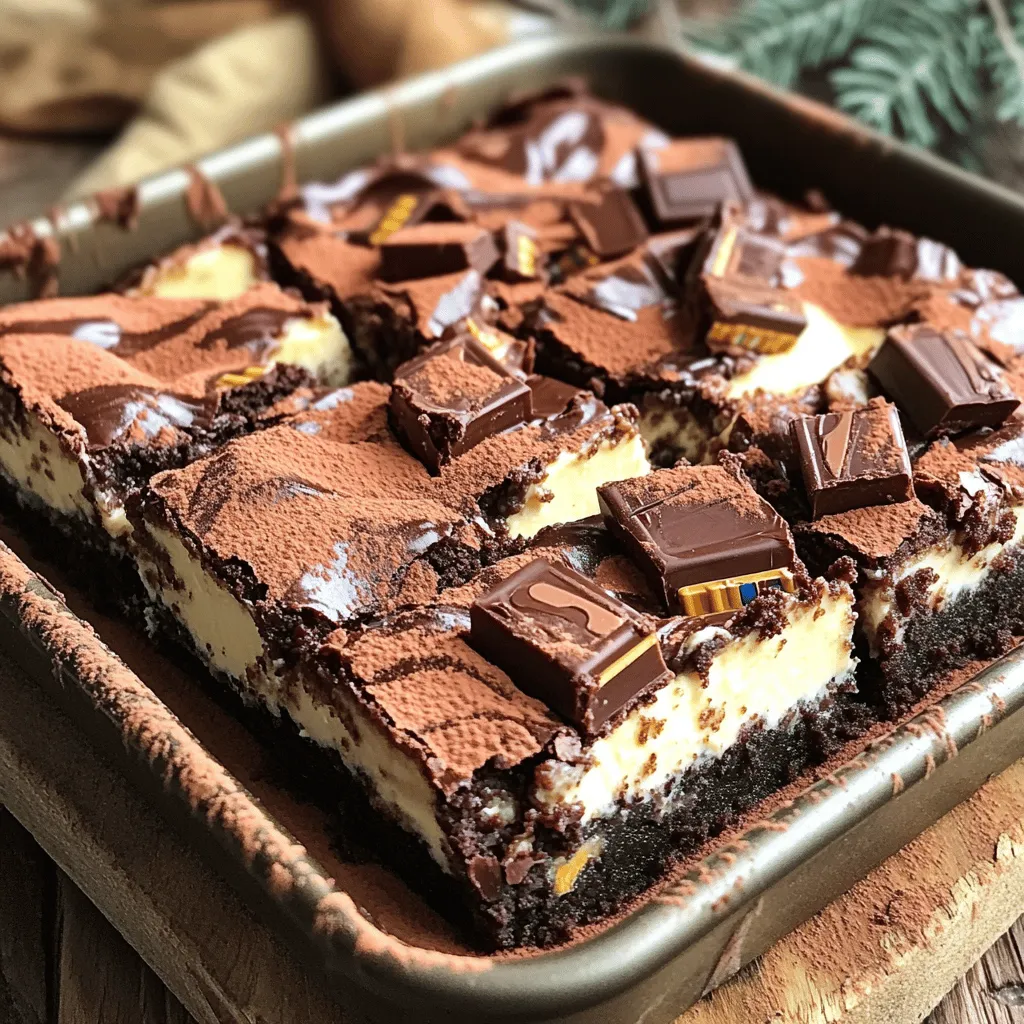 - 1 cup unsalted butter, melted - 1 cup granulated sugar - 1 cup brown sugar, packed - 4 large eggs - 1 teaspoon vanilla extract - 1 cup all-purpose flour - 1/2 cup unsweetened cocoa powder - 1/2 teaspoon baking powder - 1/4 teaspoon salt - 4 Milky Way bars, chopped The brownie base is rich and fudgy. The mix of sugars gives it a sweet depth. Butter adds moisture, while eggs bind everything together. Cocoa powder gives that deep chocolate flavor. The chopped Milky Way bars melt into gooey pockets of caramel and chocolate. - 16 oz cream cheese, softened - 1/2 cup granulated sugar - 1 teaspoon vanilla extract - 2 large eggs - 2 Milky Way bars, finely chopped The cheesecake layer is smooth and creamy. Cream cheese is key to its texture. Sugar balances the creaminess, while eggs help it set. The vanilla adds warmth and flavor. Finely chopped Milky Way bars bring a sweet twist. Dust the top with cocoa powder or powdered sugar before serving. A drizzle of chocolate sauce enhances the look. Adding extra Milky Way pieces makes it even more tempting. This creates a beautiful dessert that tastes as good as it looks. Start by preheating your oven to 350°F (175°C). Grease a 9x13 inch baking pan. You can use cooking spray or line it with parchment paper for easy removal later. In a large bowl, mix 1 cup of melted butter, 1 cup of granulated sugar, and 1 cup of brown sugar. Whisk until it's smooth. Add 4 large eggs, one at a time, mixing well after each. Stir in 1 teaspoon of vanilla extract. In another bowl, whisk 1 cup of flour, 1/2 cup of cocoa powder, 1/2 teaspoon of baking powder, and 1/4 teaspoon of salt together. Gradually mix this dry mix into your wet ingredients. Fold in 4 chopped Milky Way bars. This will give your brownies a rich, chocolatey flavor with surprises of caramel and nougat. In a clean bowl, beat 16 oz of softened cream cheese until smooth. Add 1/2 cup of granulated sugar. Mix until creamy. Then, add 1 teaspoon of vanilla extract and 2 large eggs, one at a time. Mix until smooth again. Finally, fold in 2 finely chopped Milky Way bars. This will create a creamy layer that pairs perfectly with the brownies. Pour half of the brownie batter into your prepared pan. Spread it evenly. Next, carefully pour the cheesecake mixture over the brownie layer, spreading it flat. Pour the rest of the brownie batter on top. Gently swirl with a knife to create a marbled effect, mixing the layers just a bit. Now, place it in the oven and bake for about 35-40 minutes. Check with a toothpick; it should come out with moist crumbs, not wet batter. After baking, let the brownies cool in the pan for at least 30 minutes. Transfer them to the fridge and chill for 2-3 hours. This helps the cheesecake set nicely. Once chilled, cut them into squares and enjoy! To get the perfect texture, focus on your mixing. Mix the wet ingredients well. Add the eggs one at a time. This helps create a smooth batter. When you mix the dry ingredients, don’t overdo it. Mix just until you see no flour. This keeps the brownies nice and chewy. A few mistakes can ruin your brownies. First, don’t skip the chilling step. This lets the cheesecake layer set. Second, ensure your cream cheese is soft. If it’s cold, it will be hard to mix. Lastly, avoid opening the oven door too soon. This causes the brownies to sink. To make these brownies look great, dust them with cocoa powder. You can also use powdered sugar for a sweet touch. A drizzle of chocolate sauce adds flair. For extra fun, top with Milky Way pieces. These tips will impress your guests and make your treats shine! {{image_2}} You can make these brownies gluten-free with simple swaps. Use gluten-free all-purpose flour instead of regular flour. Look for a blend that works well in baking. Most brands work just fine. The rest of the ingredients stay the same. This way, everyone can enjoy these treats! To make vegan Milky Way cheesecake brownies, replace the eggs with flax eggs. Mix one tablespoon of flaxseed meal with three tablespoons of water for each egg. Let it sit until it thickens. You can also use dairy-free butter and vegan cream cheese. They will keep the rich flavor without any animal products. Want to mix things up? Try using other candy bars! Snickers, Reese's, or Twix can add fun new tastes. Just chop them into small pieces like you did with the Milky Way bars. Each candy will change the flavor and texture. You can create your own unique brownie experience! To keep your Milky Way Cheesecake Brownies fresh, store them in an airtight container. Make sure to let them cool first. Place a piece of parchment paper between layers to avoid sticking. These brownies stay tasty for up to five days at room temperature. If you live in a hot area, keep them in the fridge for extra freshness. You can freeze these brownies if you want to save some for later. First, cut them into squares. Then, wrap each piece tightly in plastic wrap. Place the wrapped brownies in a freezer-safe bag. They will stay good for up to three months. To enjoy later, thaw them in the fridge overnight before serving. If you like warm brownies, reheating is easy. Just take a piece and place it on a microwave-safe plate. Heat for about 10-15 seconds. Check to see if it’s warm enough for you. You can also use the oven. Preheat it to 350°F, and place the brownies on a baking sheet for about 5-10 minutes. Enjoy the gooey goodness! Yes, you can mix it up! You can use any candy bar you like. Snickers, Twix, or Reese’s work well. Just chop them into small pieces. This change can give your brownies a fun twist. Each candy brings its own flavor. Experiment and find your favorite mix! To cut down on sweetness, use less sugar. You can reduce both granulated and brown sugar by 1/4 cup. You can also use dark chocolate cocoa powder. Dark chocolate has less sugar than regular cocoa. Another option is to add a pinch of salt. This balances the sweetness and enhances flavor. If you need a substitute for cream cheese, try Greek yogurt. It has a similar texture and tangy taste. You can also use silken tofu for a dairy-free option. Blend it until smooth for the best results. These substitutes keep your cheesecake layer creamy and delicious. These brownies last about 4-5 days in the fridge. Store them in an airtight container. For longer storage, you can freeze them. They stay fresh in the freezer for up to 3 months. Just thaw them in the fridge before serving. Enjoy them at your own pace! We explored how to make Milky Way Cheesecake Brownies in this post. We covered key ingredients, step-by-step instructions, and helpful tips. Taking care with texture and avoiding common mistakes will help you succeed. You can also customize your brownies with different candy bars or vegan options. Finally, storing and reheating them correctly keeps them fresh longer. Enjoy these brownies, and don’t be afraid to experiment!