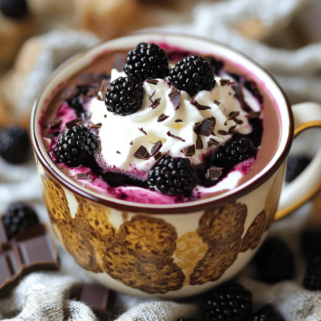 - 1 cup milk (dairy or non-dairy) - 2 tablespoons unsweetened cocoa powder - 2 tablespoons sugar (adjust to taste) - 1/2 cup fresh blackberries (plus extra for garnish) - 1/4 teaspoon vanilla extract - A pinch of sea salt - Whipped cream (for topping) - Dark chocolate shavings (for garnish) To make this drink, you need some key items. Milk is the base. You can use dairy or non-dairy options, like almond or oat milk. Cocoa powder gives the hot chocolate its rich taste. Sugar adds sweetness, but you can adjust it. Fresh blackberries bring a fruity twist. Vanilla extract enhances the flavor, and sea salt balances the sweetness. Finally, whipped cream and dark chocolate shavings make it look fancy. - Cinnamon or nutmeg for spice - A dash of espresso for richness - Mint leaves for a refreshing touch If you want to boost the taste, try adding spices like cinnamon or nutmeg. These add warmth to the drink. A dash of espresso gives a rich flavor. For a refreshing twist, mint leaves can brighten the drink. - Almond or soy milk for dairy-free - Coconut sugar or honey for sweeteners - Frozen blackberries if fresh are not available You can swap ingredients to fit your needs. Use almond or soy milk to make it dairy-free. Coconut sugar or honey can replace regular sugar. If you can't find fresh blackberries, use frozen ones. Just thaw them before cooking. - Cooking the Blackberries Start by adding 1/2 cup of fresh blackberries and 2 tablespoons of sugar into a small saucepan. Turn the heat to medium. Cook for about 3 to 4 minutes. Use a fork to mash the blackberries as they cook. This helps them release their sweet juice. - Straining the Mixture Once the blackberries soften, remove the saucepan from the heat. Get a fine sieve and place it over a bowl. Pour the cooked blackberries into the sieve. Use a spoon to press the mixture. This action separates the juice from the seeds. You will have a lovely, thick blackberry syrup. Set it aside. - Heating the Milk In the same saucepan, pour in 1 cup of milk. You can use dairy or non-dairy milk based on your choice. Heat the milk gently. Do not let it boil; just warm it up. - Mixing Cocoa and Components Once the milk is warm, add 2 tablespoons of unsweetened cocoa powder. Also, add a pinch of sea salt. Whisk it all together until smooth. This creates a rich chocolate base for your drink. - Incorporating Blackberry Syrup Now, bring back the blackberry syrup you made earlier. Stir it into the chocolate milk. Add 1/4 teaspoon of vanilla extract for an extra layer of flavor. - Whisking for Consistency Keep whisking the mixture for about 2 to 3 minutes. This ensures that everything blends well together. You want a creamy and rich hot chocolate. Once it’s all heated through, it’s ready to pour! To make your blackberry hot chocolate smooth, watch the heat. Heat the milk gently. If it boils, it can curdle. Mix the cocoa powder well to avoid lumps. Whisk continuously while you heat the milk and blackberry syrup. This keeps everything creamy and well blended. The goal is a velvety texture that coats your tongue. Garnishes add fun and flavor. Top your hot chocolate with fluffy whipped cream. A sprinkle of dark chocolate shavings gives it a nice touch. Whole blackberries add a pop of color and flavor. You can also use crushed graham crackers for a twist. Drizzle some chocolate syrup on top for extra sweetness. You can change the sweetness to fit your taste. Start with two tablespoons of sugar. Taste it, then add more if needed. For deeper flavor, try a pinch of cinnamon or nutmeg. These spices pair well with chocolate and blackberries. If you want a richer taste, use dark cocoa powder. It gives a more intense chocolate flavor without adding extra sugar. {{image_2}} To make a vegan version, use plant-based milk. Almond, oat, or coconut milk work great. Replace dairy milk with one cup of your choice. The rest of the recipe stays the same. You’ll still get that rich, cozy flavor. Trust me, it’s just as delicious! If you're avoiding dairy but still want a creamy drink, go for full-fat coconut milk. It adds a nice creaminess and pairs perfectly with blackberries. Also, use dark chocolate that is dairy-free for garnishing. You can enjoy the same cozy delight without the dairy! Want to mix things up? Add a dash of cinnamon or a pinch of nutmeg. Both spices enhance the warmth. You can also try a splash of mint extract for a refreshing twist. For a richer experience, stir in a tablespoon of almond butter. Each twist makes your hot chocolate a new adventure! To store leftover hot chocolate, let it cool first. Pour it into an airtight container. You can keep it in the fridge for about three days. If you want to enjoy it later, make sure to store it right away. This way, it stays fresh and tasty. When you're ready to drink your hot chocolate, reheating it is easy. Pour it into a saucepan. Heat it over low heat. Stir it often to avoid burning. If it's too thick, add a little milk to loosen it up. You can also warm it in the microwave. Use a microwave-safe mug and heat it in short bursts. Stir between each burst to keep it smooth. If you have leftover blackberry syrup, freezing it is a smart choice. Pour the syrup into ice cube trays. Once frozen, pop out the cubes and store them in a freezer bag. This way, you can add a burst of flavor to other drinks or desserts later. Just thaw a cube in the fridge or warm it slightly to use again. Yes, you can use frozen blackberries. Just make sure to thaw them before cooking. Frozen blackberries work well in this recipe. They will still give you that sweet, rich flavor. You may need to adjust the sugar since frozen blackberries can be sweeter. Absolutely, you can make this hot chocolate sugar-free. Use a sugar substitute like stevia or erythritol. These options keep the sweetness without the calories. Start with a small amount, then taste and adjust as needed. To spice it up, add a pinch of cayenne pepper or cinnamon. Both add warmth and depth. For a richer taste, try adding more cocoa powder or dark chocolate. You can also drizzle some chocolate syrup on top of the whipped cream for extra indulgence. Blackberry hot chocolate combines rich chocolate and berry sweetness. We covered essential ingredients and fun options to boost flavor. I shared easy step-by-step instructions, from making berry syrup to combining ingredients. You learned tips for texture, sweetness, and unique variations like vegan recipes. Storing leftovers is simple, too. I hope you feel inspired to create your own delicious drink. Enjoy every creamy, fruity sip.