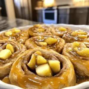 - 2 cups all-purpose flour - 1/4 cup granulated sugar - 1 packet (2 1/4 teaspoons) active dry yeast - 1/2 teaspoon salt - 1/4 cup milk, warmed - 1/4 cup unsalted butter, melted - 1 large egg - 1 teaspoon vanilla extract - 1 apple, peeled and finely diced (preferably Granny Smith) - 1 tablespoon cinnamon - 1/4 cup brown sugar - 1/2 cup caramel sauce (store-bought or homemade) - 1/2 cup powdered sugar (for icing) - 1 tablespoon milk (for icing) To make caramel apple cinnamon rolls, you need a few key ingredients. First, flour gives the rolls structure. Sugar adds sweetness to the dough and the filling. Yeast helps the dough rise, creating a light texture. Salt balances the flavors. Warmed milk and melted butter make the dough rich and soft. The egg adds moisture and helps bind the dough. Vanilla extract gives a lovely aroma. The diced apple brings a fresh taste and a bit of crunch. Cinnamon and brown sugar create a warm, comforting flavor. Caramel sauce is the star, bringing sweetness and gooeyness. Finally, powdered sugar and milk combine for a sweet icing that ties everything together. You can use these ingredients to create a delightful treat that is perfect for any occasion. Enjoy the fun of baking these rolls, and your home will smell amazing! - In a large bowl, mix 2 cups of flour, 1/4 cup of sugar, 2 1/4 teaspoons of yeast, and 1/2 teaspoon of salt. Stir until everything blends well. - In a separate bowl, combine 1/4 cup of warmed milk, 1/4 cup of melted butter, 1 large egg, and 1 teaspoon of vanilla extract. Whisk until smooth. - Gradually add the wet mix to the dry mix. Stir until you have a dough. - Knead the dough on a floured surface for about 5 minutes. It should feel smooth and elastic. - Place the dough in a greased bowl, cover it, and let it rise in a warm spot for about 1 hour. It should double in size. - After it rises, punch down the dough. Roll it out on a floured surface into a rectangle, about 12x8 inches. - Evenly spread 1 diced apple, a sprinkle of 1 tablespoon of cinnamon, and 1/4 cup of brown sugar over the dough. - Roll the dough tightly from the long side into a log. Cut it into 8 equal pieces using a sharp knife. - Place the rolls in a greased baking dish. Cover and let them rise again for 30 minutes. - Preheat your oven to 350°F (175°C). Drizzle some caramel sauce over the rolls. - Bake for 20-25 minutes or until golden brown. - While they bake, mix 1/2 cup of powdered sugar with 1 tablespoon of milk for icing. - Once baked, let the rolls cool for 5 minutes. Drizzle the icing over them. To create the best dough, knead it well. Kneading helps develop gluten, which gives the rolls their soft texture. Use your palms to push the dough away, then fold it back. Repeat this for about 5 minutes. The dough should feel smooth and elastic when done. For rising, find a warm spot. A cozy kitchen or a sunny window works well. Cover the bowl with a kitchen towel. This keeps the warmth in and helps the dough rise. It should double in size in about 1 hour. If your dough does not rise, the yeast may be old. Choosing the right apples is key. I prefer Granny Smith apples. They are tart and balance the sweetness of the caramel. Make sure to peel and dice them finely for even distribution. You can also mix in chopped nuts or raisins for added flavor. Walnuts or pecans add a nice crunch. Raisins give a sweet burst in each bite. Serve these rolls warm to enjoy their gooey goodness. They are best right out of the oven. Drizzle extra caramel sauce on top for a special treat. Pair these rolls with a warm drink. Hot cider or coffee complements the flavors perfectly. You can also enjoy them with milk for a cozy breakfast. {{image_2}} You can change up the flavor of these caramel apple cinnamon rolls easily. A pumpkin spice version is perfect for fall. Simply add 1 teaspoon of pumpkin pie spice to your filling. This will give your rolls a warm, cozy flavor. Another fun twist is a chocolate caramel version. Add chocolate chips to your roll filling. You can mix them in with the apples and cinnamon. This will create a rich, decadent treat that combines sweet caramel and chocolate. If you need a gluten-free option, use a 1-to-1 gluten-free flour blend. These blends are made to replace regular flour cup for cup. They work well in this recipe. Just make sure to check that the blend contains xanthan gum for the best texture. To make this recipe vegan, swap out a few ingredients. Use plant-based milk instead of regular milk. Replace the unsalted butter with coconut oil or vegan butter. For the egg, use a flax egg. Mix 1 tablespoon of ground flaxseed with 3 tablespoons of water. Let it sit for a few minutes until it thickens. These changes will keep your rolls delicious and friendly for a vegan diet. To store leftovers, let the rolls cool completely. Then, place them in an airtight container. This helps keep them fresh. You can also wrap them tightly in plastic wrap. This will avoid drying out. Store them at room temperature for up to 2 days. You can freeze these rolls both before and after baking. To freeze before baking, shape the rolls and place them in a greased dish. Cover them tightly with plastic wrap, then foil. Freeze for up to 2 months. When ready, let them thaw overnight in the fridge. Then, let them rise for 30 minutes before baking. To freeze after baking, let the rolls cool completely. Place them in an airtight container or freezer bag. You can store them in the freezer for up to 2 months. Just make sure to wrap them well. For the best warm rolls, preheat your oven to 350°F (175°C). Place the rolls on a baking sheet. Cover them with foil to keep them moist. Heat for about 10-15 minutes. You can also use the microwave. Heat for about 20-30 seconds. Just make sure to check often, so they don’t get too hot. Enjoy them warm for the best taste! How do I know when the dough has risen enough? You will know the dough has risen enough when it doubles in size. It should feel light and airy. A good test is to gently poke the dough. If it springs back slowly, it's ready. Can I use other types of apples? Yes, you can use other apples. I suggest using tart apples like Honeycrisp or Fuji. They add a nice flavor and balance the sweetness of the caramel. What can I substitute for caramel sauce? If you don’t have caramel sauce, you can use butterscotch sauce or even a mix of brown sugar and butter. Melt them together for a quick alternative. How to adjust for different servings? To adjust for servings, you can easily double or halve the recipe. Just make sure to use the right size baking dish. If you change the number of rolls, adjust the baking time slightly. Can I make these ahead of time? Yes, you can make these ahead of time. Prepare the rolls up to the second rise, then cover and chill in the fridge overnight. In the morning, let them rise at room temperature before baking. What to do if the rolls are too dry? If the rolls are too dry, they may have baked too long. To fix this, drizzle some warm caramel sauce over them after baking. It adds moisture and flavor. Fixing overly sticky dough If the dough is too sticky, add a little more flour while kneading. Make sure not to add too much, though; a bit of stickiness is normal. It should be soft but manageable. You now know all the steps to make delicious apple cinnamon rolls. We discussed the ingredients you need, from flour to caramel sauce. I walked you through the dough making, rising, and baking processes. Plus, I shared tips and variations to enhance your rolls. With these skills, you can impress friends and family. Enjoy your baking adventure and don’t hesitate to make it your own.