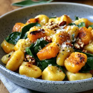 For this Autumn Gnocchi with Butternut Squash, you will need: - 1 pound potato gnocchi - 1 medium butternut squash, peeled and diced - 2 tablespoons olive oil - 1/2 teaspoon smoked paprika - 1/2 teaspoon ground cinnamon - Salt and pepper to taste - 2 cloves garlic, minced - 1 cup fresh spinach, chopped - 1/2 cup grated Parmesan cheese (or a dairy-free alternative) - 1/4 cup walnuts, chopped (for garnish) - Fresh sage leaves for garnish Each ingredient plays a special role in making this dish flavorful and satisfying. - Potato Gnocchi: You can use store-bought gnocchi for ease or make your own for a fun challenge. If you want a gluten-free option, look for gluten-free gnocchi. - Butternut Squash: If you can’t find butternut squash, try pumpkin or sweet potatoes instead. Both bring a nice sweetness. - Olive Oil: Use extra virgin olive oil for a richer taste, but any cooking oil will work. - Cheese: If you prefer non-dairy, use nutritional yeast or a plant-based cheese. These tips help you adapt the recipe to your taste or what you have on hand. Fresh ingredients make a big difference in flavor. Fresh spinach adds a bright taste, while fresh garlic gives a strong aroma. When it comes to spices, always prefer fresh ground. They pack more flavor than dried ones. Dried ingredients can work in a pinch. If you use dried spinach, add it earlier in the cooking process. This will help rehydrate it. Using fresh vs. dried ingredients is about balance. Fresh brings brightness, while dried gives stability. Always choose what suits your cooking style best. For the full recipe, refer to the [Full Recipe]. First, preheat your oven to 400°F (200°C). This step is key for roasting the squash. Next, take your medium butternut squash and peel it. Dice it into small cubes. Aim for even pieces to ensure they cook well. Spread the diced squash on a baking sheet. Drizzle with 1 tablespoon of olive oil. Add in 1/2 teaspoon of smoked paprika and 1/2 teaspoon of ground cinnamon. Sprinkle salt and pepper to taste. Toss everything together so the squash is well coated. Roast it in the oven for 25 to 30 minutes. You want it to be tender and slightly caramelized for the best flavor. While the squash roasts, get a large pot of salted water and bring it to a boil. Once boiling, add your 1 pound of potato gnocchi. Cook according to the package instructions, which is usually about 2 to 3 minutes. You will know they are done when they float to the surface. This means they are ready! Drain the gnocchi and set them aside. In a large skillet, heat the remaining tablespoon of olive oil over medium heat. Add 2 cloves of minced garlic and sauté them for about 1 minute until fragrant. Then, toss in 1 cup of chopped fresh spinach. Cook until the spinach is wilted, which takes about 2 minutes. Once your butternut squash is done roasting, add it to the skillet with the garlic and spinach. Gently toss in the cooked gnocchi. Make sure everything is well mixed. Adjust the seasoning with salt and pepper as needed. Remove from heat, and stir in half of the grated Parmesan cheese until it melts. Serve the gnocchi in bowls, garnished with the remaining Parmesan, chopped walnuts, and fresh sage leaves for a delicious finish. Enjoy your Autumn Gnocchi with Butternut Squash by following these steps, or check the Full Recipe for more details! Roasting butternut squash brings out its sweet flavor. First, cut the squash into even pieces. This helps them cook at the same rate. I like to use a baking sheet lined with parchment paper. It makes cleanup easy. Drizzle the squash with olive oil. Add your spices to make it tasty. I love using smoked paprika and cinnamon. Toss everything well before roasting. Bake for 25-30 minutes at 400°F. You want the squash tender and golden. Cooking gnocchi is quick and fun. Use a large pot of salted water. Bring it to a rolling boil. Add the gnocchi. Watch for them to float to the top. This usually takes about 2-3 minutes. Floating means they’re ready! Drain them well and set aside. Be gentle so they don’t break. Adding extra flavors makes your dish pop! Sauté garlic in olive oil for a rich aroma. Fresh spinach brings color and nutrients. Don't forget the Parmesan cheese for a creamy touch. I also like to add chopped walnuts for crunch. Try adding fresh herbs like sage for a vibrant finish. These small steps can elevate your gnocchi into a savory delight. For the full recipe, check out the section above. {{image_2}} You can easily make this dish vegetarian or vegan. For a vegetarian version, just use Parmesan cheese. If you prefer vegan, choose a dairy-free cheese. There are many great plant-based options available. You can also skip the cheese altogether. The flavors from the butternut squash and spices will still shine through. You can change up the sauce or toppings to match your taste. A simple sage brown butter sauce adds a rich flavor. Just melt butter in a pan and add fresh sage leaves. If you like a kick, try a spicy marinara sauce. You can also top your gnocchi with pesto for a fresh twist. Feel free to swap out ingredients based on the season. In the fall, you can add roasted Brussels sprouts or mushrooms. In the winter, try kale or roasted carrots. You can also use sweet potatoes instead of butternut squash for a different flavor. Using seasonal ingredients keeps your dish fresh and exciting. For the complete recipe, check out the Full Recipe section. To store leftover gnocchi, allow it to cool completely. After cooling, place it in an airtight container. Make sure to separate layers with parchment paper. This helps prevent sticking. Store the container in the fridge for up to three days. If you want to keep it longer, freezing is a great option. To reheat, start by placing the gnocchi in a skillet over medium heat. Add a splash of water or olive oil to keep it moist. Stir gently until heated through, about 5 to 7 minutes. Alternatively, you can use a microwave. Place the gnocchi in a microwave-safe dish. Heat for one to two minutes, stirring halfway through. If you want to freeze gnocchi, place it in a single layer on a baking sheet. Freeze until firm, about an hour. Transfer to a freezer bag or airtight container. It can be stored in the freezer for up to three months. When you're ready to eat, cook it directly from frozen. Add it to boiling water for about 3 to 5 minutes, or until it floats. Enjoy your Autumn Gnocchi with Butternut Squash any time! For complete steps, check the Full Recipe. Making Autumn Gnocchi with Butternut Squash takes about 50 minutes. This includes 15 minutes of prep time and 35 minutes of cooking time. You will enjoy a warm dish that feels like a cozy hug. Yes, you can use store-bought gnocchi. It saves time and still tastes great. Just follow the cooking instructions on the package. Fresh or frozen gnocchi works well, too. I love serving gnocchi with a simple side salad. A fresh green salad with a light vinaigrette pairs well. You can also try roasted vegetables for extra flavor. Garlic bread is another favorite. It adds a nice crunch and goes perfectly with the gnocchi. This article covered all you need to know about making delicious gnocchi with butternut squash. We discussed key ingredients, how to cook them, and tips for getting the best flavors. I shared variations for special diets and storage tips, so your gnocchi stays fresh. With these techniques and insights, you can create a tasty dish that impresses. Don't forget to experiment with different flavors and ingredients to make this recipe your own! Enjoy your cooking adventure!