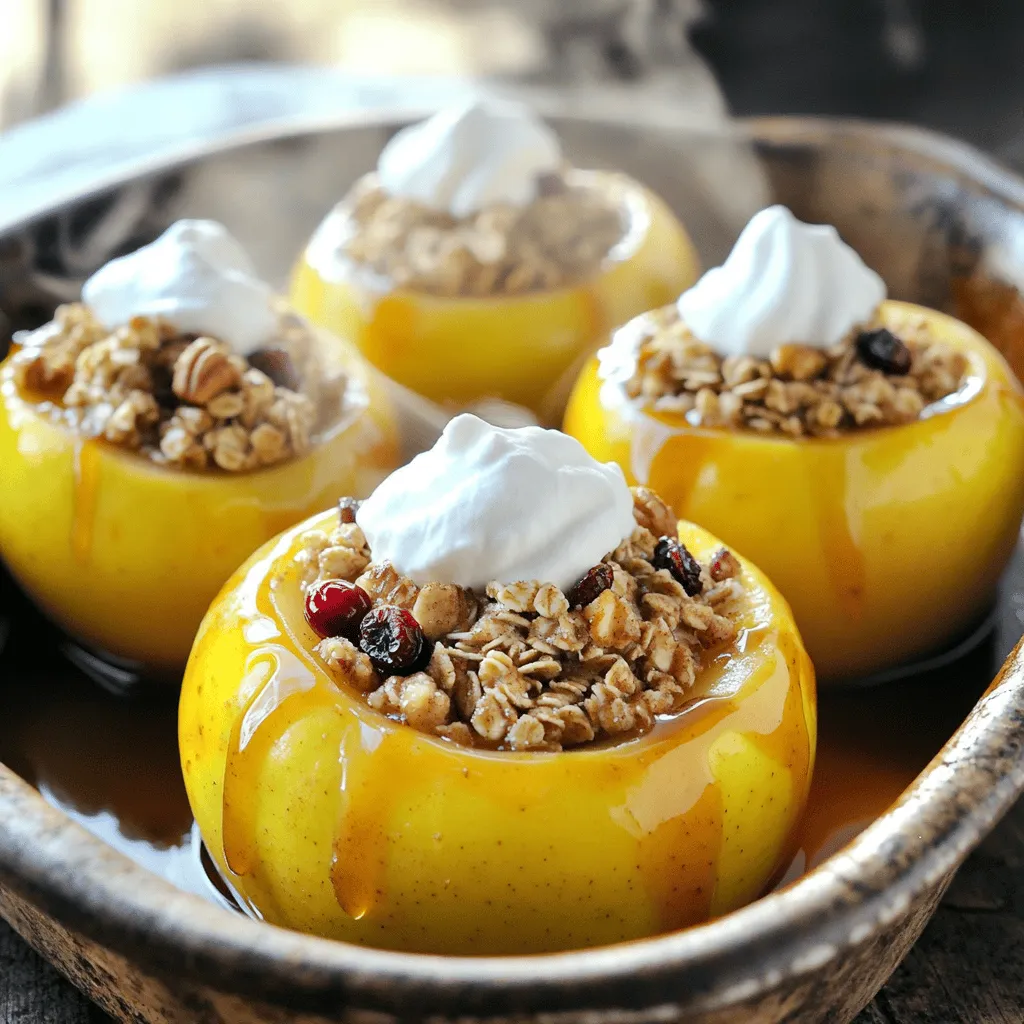 To make easy baked apples, you need a few simple items. Here’s what you need to gather: - 4 medium-sized apples (Honeycrisp or Granny Smith) - 1/4 cup rolled oats - 1/4 cup chopped walnuts (or other nuts) - 1 tsp cinnamon - 1/4 cup maple syrup - 2 tablespoons unsalted butter, melted - 1/4 cup dried cranberries or raisins (optional) - Pinch of salt - Optional toppings: whipped cream or vanilla ice cream These ingredients come together to create a warm and cozy dessert. The apples provide a sweet and juicy base. The oats and nuts add a nice crunch. Cinnamon and maple syrup bring warmth and sweetness. You can also add cranberries or raisins for extra flavor. Using Honeycrisp or Granny Smith apples gives you a nice balance of sweet and tart. If you want to switch up the nuts, feel free to try pecans or almonds. The toppings are optional but can really elevate the dish. - Preheat the oven to 350°F (175°C). - Core the apples, ensuring the bottom remains intact. This keeps the filling inside. - Combine oats, walnuts, cinnamon, maple syrup, melted butter, and salt in a bowl. - Optional: Stir in dried cranberries or raisins for extra flavor. This adds sweetness and texture. - Stuff each apple with the oat mixture. Press it down gently to pack it tightly. - Arrange the stuffed apples in a baking dish. Drizzle any remaining maple syrup over them. - Add about 1 inch of water to the bottom of the baking dish. This creates steam during baking. - Cover the dish with aluminum foil and bake for 20 minutes. - After 20 minutes, uncover and bake for an additional 15-20 minutes. The apples should be tender and slightly caramelized on top. For baked apples, I recommend using Honeycrisp or Granny Smith apples. These types hold their shape well and have a nice balance of sweet and tart. Ripe apples taste sweeter and are softer. Unripe apples can be hard and less flavorful. Always choose apples that feel firm and have a shiny skin. This ensures you get that perfect bite when baked. Covering your dish with foil helps the apples bake evenly. It traps steam and keeps them moist. To check if the apples are done, gently poke them with a fork. They should feel soft but not mushy. If they aren’t tender yet, bake them a little longer. This simple step helps you avoid undercooked apples. You can serve baked apples warm, topped with whipped cream or vanilla ice cream. The cold cream pairs nicely with the warm apples. Drizzling extra maple syrup on top adds sweetness and flavor. You can also sprinkle some extra nuts or cranberries for a delightful crunch. Enjoy experimenting with different toppings! {{image_2}} If you need to make gluten-free baked apples, swap the rolled oats for gluten-free oats. This simple change keeps your dessert safe for gluten-sensitive friends. If someone has a nut allergy, you can skip the walnuts. Use sunflower seeds or pumpkin seeds instead. They add a great crunch without nuts. To make your baked apples even tastier, try adding spices. A dash of nutmeg or ginger can give them a warm kick. You could also think about adding other fruits. Chopped pears or berries can mix well with the apples. This will add new flavors and textures to your dish. If you want to change the sweetness, consider using honey instead of maple syrup. Honey gives a nice floral taste. You can also try agave nectar for a vegan option. If you prefer less sweetness, start with half the amount of sweetener. You can always add more if needed. To keep your baked apples fresh, store them in an airtight container. Place them in the fridge if you have any left. They stay good for up to three days. Make sure to keep the apples whole to help them stay moist. If you cut them, they may dry out faster. When you're ready to enjoy the leftovers, reheating is easy. I suggest using the oven for the best results. Preheat your oven to 350°F (175°C). Place the apples on a baking sheet and cover them with foil. Heat for about 10 to 15 minutes. This method helps keep them soft and tasty. You can also use the microwave if you're in a hurry. Place the apple in a microwave-safe dish. Cover it with a damp paper towel to keep it moist. Heat for about 1 to 2 minutes. Just check if it's warm enough before you dig in! By following these tips, you can enjoy your delicious baked apples at their best. Yes, you can make baked apples ahead of time. Prepare them and store them in the fridge. Just cover them well. When you're ready to eat, reheat them in the oven at 350°F. This warms them up and keeps their taste fresh. Baked apples are delicious by themselves, but you can enhance them! Serve with: - Whipped cream - Vanilla ice cream - A drizzle of extra maple syrup These toppings add creaminess and extra sweetness. Check your apples after 35 minutes of baking. They should be soft and slightly caramelized. A fork should easily pierce them. If they need more time, bake for another 5-10 minutes. Yes, you can freeze baked apples! Cool them completely first. Wrap them well in plastic wrap or foil. Store them in a freezer-safe bag. They can last for 2-3 months. To enjoy, thaw in the fridge and reheat in the oven. Some apples hold their shape and flavor well. I recommend: - Honeycrisp - Granny Smith - Fuji These apples are sweet and tart. They bake nicely, giving you that perfect texture. Baked apples are a tasty treat. We started with the best ingredients like apples, oats, and nuts. Then, I showed you how to prepare, stuff, and bake them perfectly. Remember to choose ripe apples for the best flavor. Use the tips for serving and storing to enjoy them longer. Feel free to explore variations to fit your needs. With these steps, you can make a delicious dessert that everyone will love. Enjoy your baked apples!