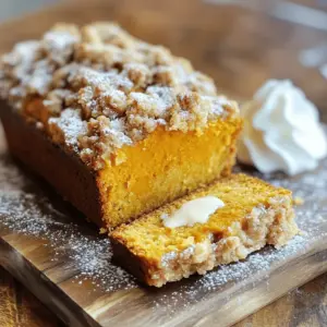 - 1 cup canned pumpkin puree - 1/2 cup vegetable oil - 3/4 cup brown sugar, packed - 1/4 cup granulated sugar - 3 large eggs - 1 1/2 cups all-purpose flour - 1 teaspoon baking soda - 1 teaspoon baking powder - 1 teaspoon ground cinnamon - 1/2 teaspoon ground nutmeg - 1/2 teaspoon salt - 1/4 teaspoon ground ginger - 1/4 teaspoon ground cloves The pumpkin puree gives this loaf its rich flavor and moisture. Vegetable oil keeps it soft. Brown sugar adds a deep sweetness, while granulated sugar balances the mix. Eggs act as a binder, making the loaf rise and stay fluffy. All-purpose flour is the base that holds everything together, while baking soda and baking powder make it light. The spices like cinnamon and nutmeg add warmth, perfect for fall. - 1/2 cup all-purpose flour - 1/2 cup old-fashioned oats - 1/3 cup brown sugar - 1/4 cup unsalted butter, melted - 1 teaspoon ground cinnamon - 1/4 cup chopped walnuts or pecans (optional) This streusel topping is the star. The flour and oats create a crunchy texture. Brown sugar adds sweetness and depth. Melted butter binds the mixture, making it crumbly. Ground cinnamon enhances the flavor. If you like, add nuts for extra crunch. They bring a lovely nutty taste. 1. First, set your oven to 350°F (175°C). This helps your loaf bake evenly. 2. Next, grease a 9x5-inch loaf pan. Use butter or oil so the bread won’t stick. 3. In a large bowl, add the canned pumpkin puree, vegetable oil, brown sugar, granulated sugar, and eggs. 4. Whisk these ingredients together until they are smooth. This mixture gives your loaf moisture and flavor. 1. In another bowl, whisk together the flour, baking soda, baking powder, ground cinnamon, nutmeg, salt, ginger, and cloves. 2. These dry ingredients add structure and spice to your loaf. 3. Gradually fold the dry mixture into the pumpkin mixture. Use a spatula to combine them gently. 4. Be careful not to overmix. You want the batter to be just combined for the best texture. 1. In a separate bowl, mix together the flour, oats, brown sugar, melted butter, and cinnamon. 2. This will create a crumbly streusel topping that adds texture. 3. If you like, mix in chopped walnuts or pecans for extra crunch. 4. Stir until everything is crumbly. This topping will sit on top of the loaf and create a lovely finish. - Set your oven to 350°F (175°C). This is the perfect temperature for even baking. - Bake the loaf for 60 to 70 minutes. Keep an eye on it as it cooks. - To check if it’s done, insert a toothpick into the center. If it comes out clean, your loaf is ready! - Slice the loaf and serve it on a rustic wooden board. This adds charm to your presentation. - Dust the top with a little powdered sugar for a nice touch. - Pair it with a dollop of whipped cream. It brings out the flavors nicely. - Enjoy it with a warm cup of coffee or tea for a cozy treat. - Be careful not to overmix the batter. This can make the loaf dense. - Always grease your loaf pan well. This helps the loaf come out easily after baking. - If you skip greasing, the loaf may stick to the pan, ruining its shape. {{image_2}} You can easily swap vegetable oil for other fats. Applesauce works well for a lighter loaf. You can also use melted coconut oil for a hint of coconut flavor. If you want a nutty taste, try using walnut oil. For gluten-free options, use almond flour or coconut flour. You might need to adjust the liquid. A mix of gluten-free flour and xanthan gum can also work great. This keeps the loaf moist and fluffy. Want to make your loaf even more fun? Add chocolate chips or raisins! Both add a sweet burst in every bite. You can stir in about a cup of either, mixing gently to avoid breaking the batter's texture. You can also play with spices for extra flavor. Try adding cardamom or allspice for a unique twist. A pinch of nutmeg can also enhance the pumpkin taste. Experiment to find your favorite blend! For a holiday twist, toss in cranberries. They add a tart flavor that balances the sweetness. About a cup of fresh or dried cranberries works nicely. You can adjust sweetness too! If you like it less sweet, cut down the sugar. If you want it sweeter, add a touch of maple syrup. Tailor it to your taste for a perfect loaf every time. To keep your Streusel Pumpkin Loaf fresh, store it properly. You can choose to store it at room temperature or in the fridge. - Room Temperature: If you plan to eat the loaf in a few days, wrap it in plastic wrap. This keeps the loaf soft. Place it in a cool, dry spot. Avoid direct sunlight. - Refrigeration: If you want to keep it longer, place it in an airtight container in the fridge. This helps it stay fresh for up to a week. Using these techniques will help maintain the loaf's yummy taste and soft texture. Freezing is a great way to save your Streusel Pumpkin Loaf for later. Here are some tips for freezing and reheating: - Best Practices for Freezing: Allow the loaf to cool completely. Wrap it tightly in plastic wrap. Then, place it in a freezer-safe bag or container. This keeps out air and prevents freezer burn. - Thawing and Reheating Tips: When ready to enjoy, take the loaf out of the freezer. Let it thaw in the fridge overnight. For a warm treat, reheat slices in the oven at 350°F (175°C) for about 10 minutes. You can also use a microwave for quick heating, but the oven keeps the crust crisp. Following these steps ensures your loaf stays delicious and ready to enjoy! Yes, you can make this recipe dairy-free. Instead of using unsalted butter for the streusel topping, try using coconut oil or a dairy-free butter substitute. Both options work well and keep the flavor rich and delicious. You can also use a dairy-free cream for serving, if you like. Streusel Pumpkin Loaf lasts for about three days at room temperature. Just wrap it in plastic wrap to keep it fresh. If you store it in the fridge, it can last up to a week. Make sure to keep it covered to prevent it from drying out. Yes, you can use fresh pumpkin! Start by selecting a pie pumpkin, which is smaller and sweeter. Cut it in half, scoop out the seeds, and roast it at 350°F (175°C) for about 45 minutes or until soft. After it cools, mash it until smooth. This fresh pumpkin will add a lovely flavor to your loaf! You now have a clear path to bake a delicious Pumpkin Streusel Loaf. We covered the essential ingredients, step-by-step instructions, and helpful tips. Don’t overlook variations and storage methods to enjoy this loaf longer. Remember, patience in baking leads to better results. Whether you serve it warm or store leftovers, this recipe promises warmth in every slice. Enjoy experimenting with flavors and share it with friends and family for a cozy treat!