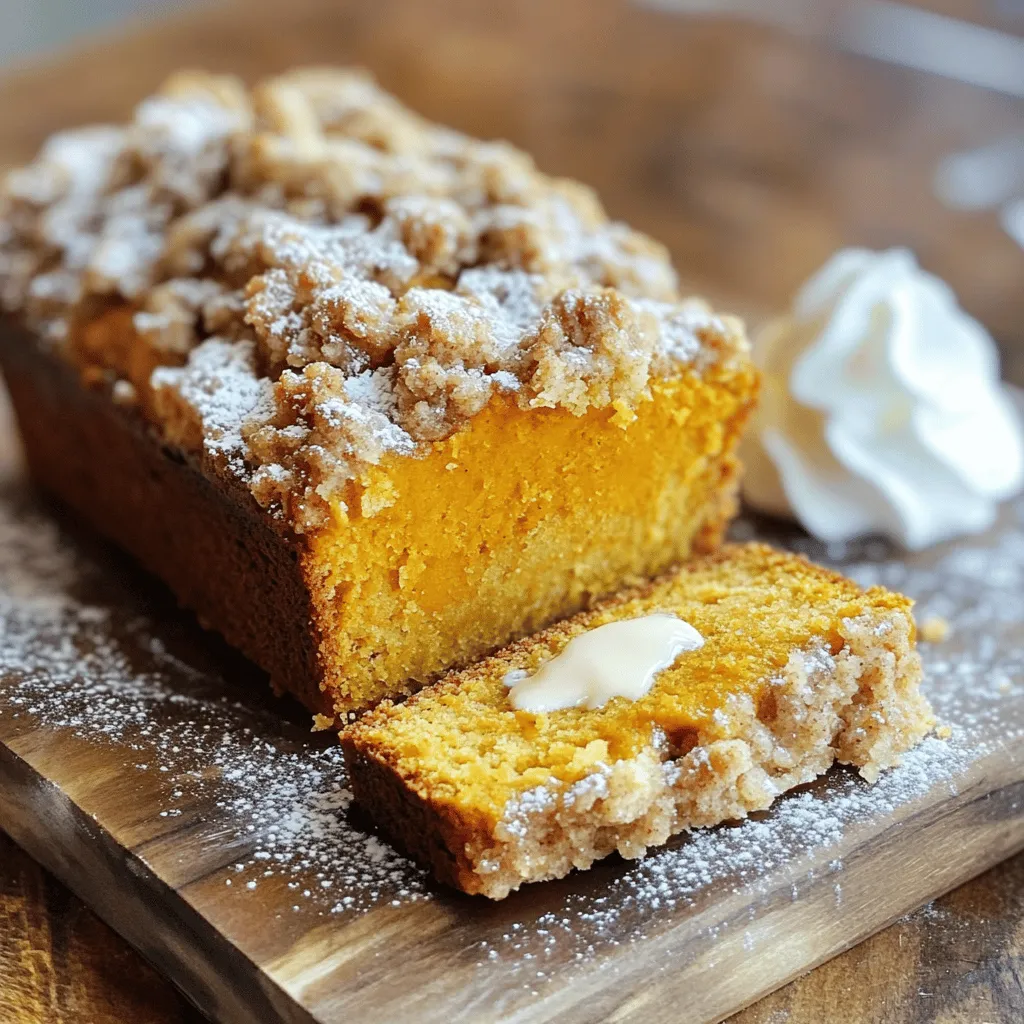 - 1 cup canned pumpkin puree - 1/2 cup vegetable oil - 3/4 cup brown sugar, packed - 1/4 cup granulated sugar - 3 large eggs - 1 1/2 cups all-purpose flour - 1 teaspoon baking soda - 1 teaspoon baking powder - 1 teaspoon ground cinnamon - 1/2 teaspoon ground nutmeg - 1/2 teaspoon salt - 1/4 teaspoon ground ginger - 1/4 teaspoon ground cloves The pumpkin puree gives this loaf its rich flavor and moisture. Vegetable oil keeps it soft. Brown sugar adds a deep sweetness, while granulated sugar balances the mix. Eggs act as a binder, making the loaf rise and stay fluffy. All-purpose flour is the base that holds everything together, while baking soda and baking powder make it light. The spices like cinnamon and nutmeg add warmth, perfect for fall. - 1/2 cup all-purpose flour - 1/2 cup old-fashioned oats - 1/3 cup brown sugar - 1/4 cup unsalted butter, melted - 1 teaspoon ground cinnamon - 1/4 cup chopped walnuts or pecans (optional) This streusel topping is the star. The flour and oats create a crunchy texture. Brown sugar adds sweetness and depth. Melted butter binds the mixture, making it crumbly. Ground cinnamon enhances the flavor. If you like, add nuts for extra crunch. They bring a lovely nutty taste. 1. First, set your oven to 350°F (175°C). This helps your loaf bake evenly. 2. Next, grease a 9x5-inch loaf pan. Use butter or oil so the bread won’t stick. 3. In a large bowl, add the canned pumpkin puree, vegetable oil, brown sugar, granulated sugar, and eggs. 4. Whisk these ingredients together until they are smooth. This mixture gives your loaf moisture and flavor. 1. In another bowl, whisk together the flour, baking soda, baking powder, ground cinnamon, nutmeg, salt, ginger, and cloves. 2. These dry ingredients add structure and spice to your loaf. 3. Gradually fold the dry mixture into the pumpkin mixture. Use a spatula to combine them gently. 4. Be careful not to overmix. You want the batter to be just combined for the best texture. 1. In a separate bowl, mix together the flour, oats, brown sugar, melted butter, and cinnamon. 2. This will create a crumbly streusel topping that adds texture. 3. If you like, mix in chopped walnuts or pecans for extra crunch. 4. Stir until everything is crumbly. This topping will sit on top of the loaf and create a lovely finish. - Set your oven to 350°F (175°C). This is the perfect temperature for even baking. - Bake the loaf for 60 to 70 minutes. Keep an eye on it as it cooks. - To check if it’s done, insert a toothpick into the center. If it comes out clean, your loaf is ready! - Slice the loaf and serve it on a rustic wooden board. This adds charm to your presentation. - Dust the top with a little powdered sugar for a nice touch. - Pair it with a dollop of whipped cream. It brings out the flavors nicely. - Enjoy it with a warm cup of coffee or tea for a cozy treat. - Be careful not to overmix the batter. This can make the loaf dense. - Always grease your loaf pan well. This helps the loaf come out easily after baking. - If you skip greasing, the loaf may stick to the pan, ruining its shape. {{image_2}} You can easily swap vegetable oil for other fats. Applesauce works well for a lighter loaf. You can also use melted coconut oil for a hint of coconut flavor. If you want a nutty taste, try using walnut oil. For gluten-free options, use almond flour or coconut flour. You might need to adjust the liquid. A mix of gluten-free flour and xanthan gum can also work great. This keeps the loaf moist and fluffy. Want to make your loaf even more fun? Add chocolate chips or raisins! Both add a sweet burst in every bite. You can stir in about a cup of either, mixing gently to avoid breaking the batter's texture. You can also play with spices for extra flavor. Try adding cardamom or allspice for a unique twist. A pinch of nutmeg can also enhance the pumpkin taste. Experiment to find your favorite blend! For a holiday twist, toss in cranberries. They add a tart flavor that balances the sweetness. About a cup of fresh or dried cranberries works nicely. You can adjust sweetness too! If you like it less sweet, cut down the sugar. If you want it sweeter, add a touch of maple syrup. Tailor it to your taste for a perfect loaf every time. To keep your Streusel Pumpkin Loaf fresh, store it properly. You can choose to store it at room temperature or in the fridge. - Room Temperature: If you plan to eat the loaf in a few days, wrap it in plastic wrap. This keeps the loaf soft. Place it in a cool, dry spot. Avoid direct sunlight. - Refrigeration: If you want to keep it longer, place it in an airtight container in the fridge. This helps it stay fresh for up to a week. Using these techniques will help maintain the loaf's yummy taste and soft texture. Freezing is a great way to save your Streusel Pumpkin Loaf for later. Here are some tips for freezing and reheating: - Best Practices for Freezing: Allow the loaf to cool completely. Wrap it tightly in plastic wrap. Then, place it in a freezer-safe bag or container. This keeps out air and prevents freezer burn. - Thawing and Reheating Tips: When ready to enjoy, take the loaf out of the freezer. Let it thaw in the fridge overnight. For a warm treat, reheat slices in the oven at 350°F (175°C) for about 10 minutes. You can also use a microwave for quick heating, but the oven keeps the crust crisp. Following these steps ensures your loaf stays delicious and ready to enjoy! Yes, you can make this recipe dairy-free. Instead of using unsalted butter for the streusel topping, try using coconut oil or a dairy-free butter substitute. Both options work well and keep the flavor rich and delicious. You can also use a dairy-free cream for serving, if you like. Streusel Pumpkin Loaf lasts for about three days at room temperature. Just wrap it in plastic wrap to keep it fresh. If you store it in the fridge, it can last up to a week. Make sure to keep it covered to prevent it from drying out. Yes, you can use fresh pumpkin! Start by selecting a pie pumpkin, which is smaller and sweeter. Cut it in half, scoop out the seeds, and roast it at 350°F (175°C) for about 45 minutes or until soft. After it cools, mash it until smooth. This fresh pumpkin will add a lovely flavor to your loaf! You now have a clear path to bake a delicious Pumpkin Streusel Loaf. We covered the essential ingredients, step-by-step instructions, and helpful tips. Don’t overlook variations and storage methods to enjoy this loaf longer. Remember, patience in baking leads to better results. Whether you serve it warm or store leftovers, this recipe promises warmth in every slice. Enjoy experimenting with flavors and share it with friends and family for a cozy treat!