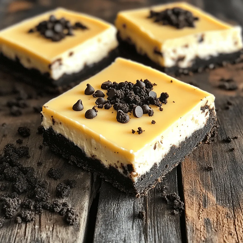 To make these No-Bake Oreo Cheesecake Bars, gather the following ingredients: - 24 Oreo cookies, crushed - 4 tablespoons unsalted butter, melted - 16 oz cream cheese, softened - 1 cup powdered sugar - 2 teaspoons vanilla extract - 1 cup heavy whipping cream - ½ cup mini chocolate chips (optional) - Additional crushed Oreos for topping These ingredients create a rich and creamy treat, perfect for any occasion. The crushed Oreos form a yummy crust that pairs well with the smooth cheesecake filling. The heavy cream adds a light texture, making each bite a delight. If you want a bit of fun, throw in some mini chocolate chips for extra sweetness. You can also sprinkle more crushed Oreos on top for added crunch. With these simple ingredients, you can whip up a dessert that everyone will love! To start, grab a medium mixing bowl. Add the crushed Oreo cookies along with the melted butter. Mix them well until you see the crumbs fully coated. This step gives your crust a rich flavor. Next, take a 9x9-inch baking dish. Press the Oreo mixture into the bottom firmly. Use the back of a measuring cup or your hands to pack it tightly. Make sure it covers the entire base. Once done, place it in the fridge. This helps the crust set while you work on the filling. Now, let’s prepare the cheesecake filling. In a large mixing bowl, beat the softened cream cheese. Use an electric mixer until it’s smooth and creamy. Then, slowly add the powdered sugar and vanilla extract. Mix until everything is fluffy and well blended. In another bowl, whip the heavy cream until stiff peaks form. This gives your cheesecake a light texture. After that, gently fold the whipped cream into the cream cheese mixture. Be careful not to deflate the whipped cream. This keeps your cheesecake light and airy. If you like, you can fold in mini chocolate chips for extra flavor. To get a smooth filling, start with cream cheese at room temperature. Cold cream cheese can make lumps in your mix. Let it sit out for at least 30 minutes. When mixing, use an electric mixer to beat the cream cheese until it is creamy. This step helps create a nice base. When you add whipped cream, use a folding technique. This means gently mixing the whipped cream into the cream cheese. Do not stir too hard. You want to keep air in the whipped cream for a light texture. You can change the cookie base for fun flavors. Try using chocolate cookies or even graham crackers. Each type gives a new taste to your bars. You can also use flavor extracts to boost the taste. Almond or mint extract can add a nice twist. Just use a little, about half a teaspoon, for a big impact. Chilling time is key to a good cheesecake bar. After you assemble the bars, chill them for at least 4 hours. This helps the filling set well. For the best results, chill them overnight. This gives the flavors time to mix and the bars a firm texture. Enjoy the wait; the treat will be worth it! {{image_2}} To make Chocolate Oreo Cheesecake Bars, add cocoa powder to the filling. Use ¼ cup of cocoa powder for a rich taste. This change gives a deep chocolate flavor that pairs well with Oreos. For toppings, try drizzling melted chocolate or using chocolate shavings. You can also add mini chocolate chips for extra crunch. These small changes can elevate your bars to a whole new level of deliciousness. If you want individual servings, try making Mini Cheesecake Cups. Use a muffin tin lined with cupcake liners. Press the Oreo crust mixture into each liner. You will need to adjust the chilling time. Mini cups set faster, usually in about 2 to 3 hours. They are perfect for parties or gatherings where everyone wants their own treat! For gluten-free options, swap regular Oreos with gluten-free cookies. Brands like Glutino or K-Toos work well and taste great. Make sure to check the labels for gluten-free certification. This adjustment keeps the recipe safe for those with gluten allergies. You might also need to use gluten-free powdered sugar, though most are already gluten-free. These small swaps let everyone enjoy cheesecake bars! Store your No-Bake Oreo Cheesecake Bars in an airtight container. This keeps them fresh and tasty. You can keep them in the fridge for up to five days. Make sure to place a piece of parchment paper between the bars and the lid. This helps avoid sticking. To freeze your cheesecake bars, cut them into squares first. Wrap each square in plastic wrap. Then, place them in a freezer-safe bag or container. This keeps them safe from freezer burn. You can freeze them for up to three months. When you're ready to enjoy them, take them out of the freezer. Thaw them in the fridge for a few hours. This way, they keep their creamy texture. Avoid thawing at room temperature, as it may change the texture. Enjoy your delicious treat whenever you want! Yes, you can use light cream cheese. It will make the bars lower in fat. However, the texture may be a bit softer. This can change how the bars set. For the best results, stick with regular cream cheese if possible. It gives the bars a richer taste and a firmer texture. These cheesecake bars can last up to five days in the fridge. Store them in an airtight container. This keeps them fresh and tasty. If you want to enjoy them longer, consider freezing. Just slice them first, then wrap each piece tightly before freezing. Absolutely! You can use different cookies for the crust. Some tasty options include chocolate chip cookies or graham crackers. Each choice gives a unique flavor. Chocolate chip cookies add sweetness, while graham crackers offer a classic taste. Experiment to find your favorite! This blog post covered all you need to make delicious Oreo cheesecake bars. We discussed key ingredients, step-by-step instructions, and handy tips to ensure a smooth filling. You can even explore fun variations like mini cups or gluten-free options. Remember proper storage to keep your treats fresh and tasty. Enjoy sharing this easy dessert with friends and family. With just a few steps, you can create a sweet treat everyone loves. Happy baking!