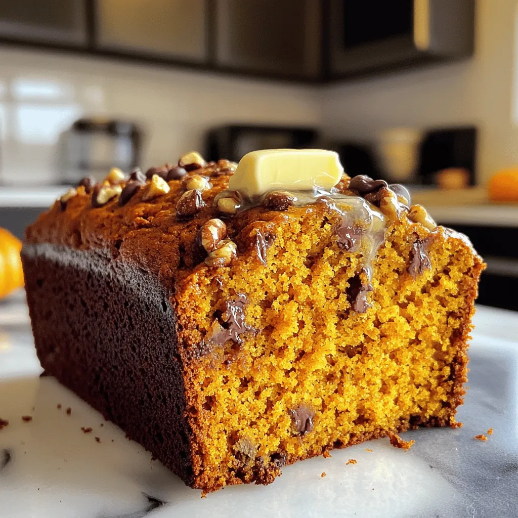 To make super moist pumpkin bread, gather these key ingredients: - 1 cup canned pumpkin puree - 1/2 cup vegetable oil - 1/2 cup unsweetened applesauce - 1 cup brown sugar, packed - 1/2 cup granulated sugar - 3 large eggs - 2 cups all-purpose flour - 1 teaspoon baking soda - 1/2 teaspoon baking powder - 1/2 teaspoon salt - 1 teaspoon ground cinnamon - 1/2 teaspoon ground nutmeg - 1/2 teaspoon ground ginger - 1/2 cup chopped walnuts or pecans (optional) - 1/2 cup chocolate chips (optional) You can swap some ingredients for a twist or to suit your taste: - Replace vegetable oil with melted coconut oil for a light flavor. - Use mashed banana instead of applesauce for a different sweetness. - Switch brown sugar for coconut sugar for a lower glycemic index. - Use whole wheat flour instead of all-purpose flour for added fiber. Add extra flavor or texture to your pumpkin bread with these options: - Include 1/2 cup of raisins for a chewy bite. - Add 1 teaspoon of vanilla extract for depth. - Fold in shredded coconut for a tropical touch. - Mix in dried cranberries for a tart contrast. These ingredients and substitutions help create a unique and tasty pumpkin bread. Enjoy experimenting with flavors to find your favorite combination! 1. Start by preheating your oven to 350°F (175°C). This gets your oven ready for baking. 2. Grease a 9x5-inch loaf pan. You can also use parchment paper to line it. This helps the bread come out easily. 3. In a large mixing bowl, add the canned pumpkin puree, vegetable oil, unsweetened applesauce, brown sugar, and granulated sugar. Mix these until they blend well. 4. Crack the eggs into the bowl, one at a time. Beat each egg well before adding the next. This keeps the mixture smooth. 5. In another bowl, whisk together the all-purpose flour, baking soda, baking powder, salt, ground cinnamon, nutmeg, and ginger. This mixes the dry ingredients well. 6. Gradually add the dry mix to the wet ingredients. Stir gently until just combined. It’s okay if there are a few lumps; don’t overmix. 7. If you like, fold in chopped walnuts or pecans and chocolate chips. This adds great texture and flavor. 8. Pour the batter into the prepared loaf pan. Use a spatula to smooth the top, so it bakes evenly. 9. Place the loaf pan in your preheated oven. Bake for 60-65 minutes. Check if it’s done by inserting a toothpick into the center. It should come out clean. 10. When your pumpkin bread is done, remove it from the oven. Let it cool in the pan for about 10 minutes. 11. After that, carefully transfer the bread to a wire rack. Allow it to cool completely. 12. Slice the bread and serve it warm. A dollop of butter on top is delicious. You can sprinkle cinnamon on the butter for extra flavor. Enjoy with a hot cup of tea or coffee for a cozy treat! To get super moist pumpkin bread, use canned pumpkin puree. It adds moisture and flavor. Mixing in unsweetened applesauce helps too. The oil in the recipe keeps the bread moist. I recommend using a good blend of spices. This adds richness and enhances the moisture. One common mistake is overmixing the batter. This can make the bread tough. Mix just until the dry ingredients disappear. Another mistake is not measuring ingredients correctly. Use proper measuring cups for dry and wet items. Also, make sure to check the oven temperature. An oven that is too hot can dry out the bread. When mixing, start with the wet ingredients. Then add the dry ingredients slowly. Use a spatula to fold in any add-ins like nuts or chocolate chips. This keeps the batter light. For baking, use a loaf pan that is greased or lined. Bake until a toothpick comes out clean. Let the bread cool in the pan for a bit. This helps keep it from breaking. {{image_2}} You can easily change the flavor of your pumpkin bread. Want a spicier kick? Add more cinnamon or a pinch of cloves. You can also swap the nutmeg for allspice. For a more tropical taste, mix in some coconut flakes. A hint of orange zest adds a fresh twist. Each tweak gives your bread a new taste experience. If you want a healthier version, here are some tips. You can replace half the vegetable oil with unsweetened applesauce. This keeps it moist but cuts down on fat. You can also use whole wheat flour instead of all-purpose flour. It adds fiber and nutrients. If you need a lower sugar option, use a sugar substitute like stevia. Adjust the amount based on your taste. Adding extras can make your pumpkin bread even better. Chopped nuts like walnuts or pecans give a nice crunch. If you love chocolate, toss in some chocolate chips for sweetness. You could also add dried fruits like cranberries or raisins for a chewy texture. For a fun surprise, try adding toffee bits or caramel swirls. Each option brings its own flavor and texture to the bread. To keep your pumpkin bread fresh, wrap it tightly. Use plastic wrap or aluminum foil. You can also place it in an airtight container. Store it at room temperature for up to four days. If you want it to last longer, consider freezing it. Freezing pumpkin bread is easy. First, let the bread cool completely. Then, slice it into pieces. Wrap each slice in plastic wrap. Place the wrapped slices in a freezer bag. Squeeze out as much air as possible. Label the bag with the date. This way, your bread stays good for up to three months. To reheat your pumpkin bread, take out a slice. You can use a toaster or microwave. If using a microwave, heat for about 10 to 15 seconds. For a crispier texture, use the oven. Preheat the oven to 350°F. Place the slice on a baking sheet. Heat for about 5 to 10 minutes. Enjoy your warm, moist pumpkin bread again! Pumpkin bread stays moist thanks to its ingredients. The canned pumpkin puree adds moisture. The vegetable oil and applesauce also help keep it soft. These fats trap air and add richness. Using brown sugar adds more moisture than white sugar. The eggs help bind everything together, ensuring a tender crumb. Yes, you can use fresh pumpkin. First, cook the pumpkin until soft. Then, puree it until smooth. You will need about one medium pumpkin for this recipe. Fresh pumpkin may have a different taste and texture, but it can be just as good. Just make sure to drain any excess water for the best results. Pumpkin bread lasts about 3-4 days at room temperature. Keep it wrapped in plastic or in an airtight container. If you want it to last longer, you can freeze it. Wrapped tightly, it will stay fresh for about 3 months in the freezer. Just thaw it overnight in the fridge before serving. This blog covers ingredients for pumpkin bread, including swaps and optional add-ins. I shared step-by-step instructions for preparation, baking, cooling, and serving. We discussed tips for moisture, common mistakes, and best practices. I explored flavor variations, healthier options, and how to store your bread. In closing, pumpkin bread is simple and fun to make. With these tips, you can enjoy warm slices anytime. Happy baking!