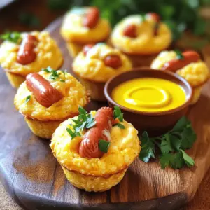 To make easy mini corn dog muffins, gather these tasty ingredients: - 1 cup cornmeal - 1 cup all-purpose flour - 1 tablespoon baking powder - 1/2 teaspoon salt - 1/4 teaspoon black pepper - 1 cup milk - 1 large egg - 2 tablespoons honey - 1 cup hot dog, diced into small pieces - 1/2 cup cheddar cheese, shredded - Cooking spray or muffin liners These ingredients create a fun and yummy treat. The cornmeal gives a sweet taste, while the hot dogs add a savory bite. You can jazz up your mini corn dog muffins with these optional items: - 1/4 cup diced onions - 1/4 cup diced jalapeños - Spices like paprika or garlic powder Adding these can boost the flavor. Onions add sweetness, and jalapeños give a nice kick. If you have dietary needs, try these substitutes: - Use gluten-free flour for a gluten-free option. - Swap hot dogs for veggie dogs or cooked sausage. - Replace milk with almond or oat milk for a dairy-free version. These swaps ensure everyone can enjoy this snack. It’s all about making the recipe fit your needs. First, gather all your ingredients. You will need: - 1 cup cornmeal - 1 cup all-purpose flour - 1 tablespoon baking powder - 1/2 teaspoon salt - 1/4 teaspoon black pepper - 1 cup milk - 1 large egg - 2 tablespoons honey - 1 cup hot dog, diced into small pieces - 1/2 cup cheddar cheese, shredded - Cooking spray or muffin liners Next, preheat your oven to 375°F (190°C). If you use muffin liners, place them in a mini muffin tin. Lightly spray them with cooking spray to stop sticking. This is key for easy removal later. Now, in a large mixing bowl, mix the dry ingredients. Combine cornmeal, flour, baking powder, salt, and black pepper. Stir them until they are well mixed and free of lumps. In another bowl, whisk the wet ingredients. Mix milk, egg, and honey until smooth. Make sure the honey blends well. Pour the wet mix into the dry mix. Stir gently until just combined. Do not overmix! A few lumps are fine. This keeps your muffins light and fluffy. Lastly, fold in the diced hot dog pieces and shredded cheddar cheese. This adds flavor and texture. Now, spoon the batter into the mini muffin tin. Fill each cup about 2/3 full. Place the muffin tin in your preheated oven. Bake for 12-15 minutes. You want them to be golden brown. Keep an eye on them as they bake. The smell will be amazing! To check doneness, insert a toothpick into the center of a muffin. If it comes out clean, they are done. If not, bake for a few more minutes. Once baked, remove the muffins from the oven. Allow them to cool in the pan for a few minutes. Then, transfer them to a wire rack. Let them cool completely before serving. Checking doneness is crucial for perfect muffins. A toothpick is your best friend here. Insert it gently into the center. If it comes out clean, your muffins are ready. If you see wet batter, give them more time. Keep checking every minute after the first 12 minutes. This helps you avoid overbaking. Overbaking can make them dry. You can also look at the tops. They should be golden brown and slightly springy to the touch. If they look too dark, check them right away. For the best taste, serve them warm with mustard or ketchup. Enjoy your tasty mini corn dog muffins! For a full recipe, refer to the previous section. When making mini corn dog muffins, watch for a few common mistakes. First, avoid overmixing the batter. This can lead to tough muffins. Mix just until the ingredients combine. Second, do not skip the cooking spray or muffin liners. This step helps prevent sticking. Lastly, keep an eye on baking time. If you bake too long, muffins can dry out. For the best mini corn dog muffins, follow these tips. Use fresh ingredients for great flavor. Measure your cornmeal and flour accurately. Too much flour can make the muffins dense. Bake them at the right temperature. Preheating the oven ensures even cooking. If you want a cheesy kick, add extra cheddar on top before baking. This gives a nice crust and flavor. To keep your mini corn dog muffins fresh, store them properly. Let them cool completely before putting them away. Use an airtight container for best results. They can last up to three days at room temperature. If you want to save them longer, freeze them. Wrap each muffin in plastic wrap, then place in a freezer bag. They can last up to three months frozen. When ready to eat, just reheat them in the oven or microwave. Enjoy your tasty treat at any time! For the full recipe, see the section above. {{image_2}} You can easily switch up the flavor of your mini corn dog muffins. Try adding diced jalapeños for a spicy kick. Chopped green onions give a fresh taste. You can also mix in cooked bacon bits for a smoky flavor. Want a cheesy twist? Add different types of cheese, like pepper jack or gouda. Each of these options makes your muffins more fun and tasty. If you want a vegetarian version, swap the hot dogs for diced veggies. Try bell peppers or zucchini for a great crunch. For a gluten-free option, use gluten-free all-purpose flour. Then, use a gluten-free cornmeal mix. This way, everyone can enjoy these muffins, no matter their diet. Serve these mini corn dog muffins in fun ways. Place them in a colorful basket with dipping sauces on the side. You can use mustard, ketchup, or even ranch dressing. For a party, make a platter with different flavors and dips. This adds variety and excitement to your snack time. Don’t forget to garnish with parsley for a pop of color! You can find the full recipe for these delicious muffins above. After you enjoy these mini corn dog muffins, store any leftovers in an airtight container. Keep them at room temperature for up to two days. If you want them to last longer, place them in the fridge. They will stay fresh for about one week. To freeze these muffins, first, let them cool completely. Then, place them in a single layer on a baking sheet. Freeze them for about an hour. Once frozen, transfer the muffins to a freezer bag or container. They can last for up to three months in the freezer. To reheat muffins, use an oven or microwave. For the oven, preheat it to 350°F (175°C). Place the muffins on a baking sheet and heat for about 10 minutes. If using a microwave, warm them for 15 to 20 seconds. Always check the center to make sure they are heated through. Enjoy your tasty mini corn dog muffins with your favorite dipping sauce! Yes, you can make mini corn dog muffins ahead of time. Just bake them and let them cool. Store them in an airtight container in the fridge for up to three days. When you're ready to eat, simply reheat them in the oven or microwave. This makes them a great snack for busy days or parties! If you want to switch up the flavor, there are many great options. You can use turkey dogs or chicken sausage for a leaner choice. For a meat-free option, try diced veggies like bell peppers or zucchini. You could also use cheese cubes for a cheesy twist. The key is to keep the pieces small for even cooking. To make these muffins healthier, you can use whole wheat flour instead of all-purpose flour. This adds fiber and nutrients. You can also reduce the amount of honey or use a natural sweetener like maple syrup. Adding veggies, like shredded carrots or spinach, boosts the nutrition without losing flavor. Enjoy your fun snack while keeping it healthy! You learned about making delicious muffins using simple, clear steps. We covered all the ingredients, baking methods, and tricks to avoid mistakes. You can also explore fun variations and how to store your muffins for longer freshness. Remember, baking is all about trying new things. Feel free to add your personal touch. Enjoy the process and share your tasty results with others!
