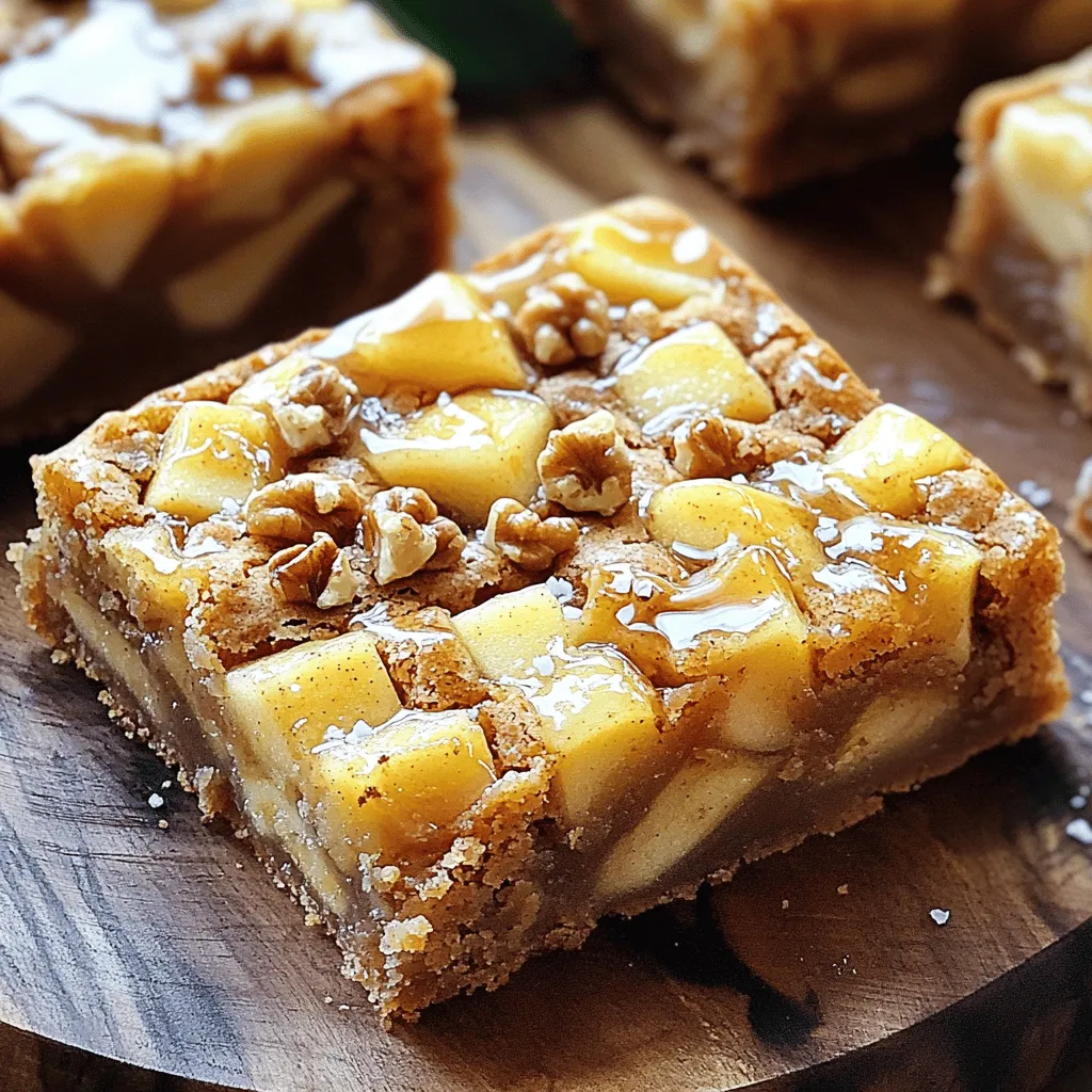 To make Maple Glazed Apple Blondies, you will need: - 1 cup unsalted butter, melted - 2 cups brown sugar, packed - 2 large eggs - 1 teaspoon vanilla extract - 2 cups all-purpose flour - 1 teaspoon baking powder - 1/2 teaspoon baking soda - 1/2 teaspoon salt - 1 teaspoon ground cinnamon - 1 cup diced apples (about 2 medium apples) - 1/2 cup chopped walnuts (optional) - 1/2 cup maple syrup (for glazing) - 1 tablespoon butter (for glaze) - Pinch of sea salt (for garnish) Using high-quality ingredients makes a big difference. Choose fresh apples for the best flavor. Look for firm apples without bruises. Use real maple syrup for a rich taste. Avoid imitation syrup, as it lacks depth. Fresh brown sugar gives a nice molasses flavor. It should be soft and packed well. You can make a few swaps for dietary needs: - Butter: Use coconut oil or vegan butter for a dairy-free option. - Eggs: Replace with flax eggs (1 tablespoon ground flaxseed + 2.5 tablespoons water) for a vegan choice. - Flour: Opt for gluten-free flour to make it gluten-free. - Sugar: Use coconut sugar as a lower-glycemic alternative. - Walnuts: Skip them for a nut-free version or replace with seeds. These swaps help you enjoy tasty blondies while meeting dietary needs. Start by preheating your oven to 350°F (175°C). Grease a 9x13 inch baking pan. You can use cooking spray or parchment paper for easy cleanup. In a big bowl, mix the melted butter and brown sugar. Whisk until it's smooth. Next, add two large eggs and a teaspoon of vanilla extract. Mix again until everything is blended well. In another bowl, combine two cups of all-purpose flour, one teaspoon of baking powder, half a teaspoon of baking soda, half a teaspoon of salt, and one teaspoon of ground cinnamon. Slowly add this dry mix to the wet ingredients. Stir until just combined. Fold in one cup of diced apples and half a cup of chopped walnuts, if you like. Pour the batter into the pan, spreading it evenly. Bake for 25-30 minutes. Check if they are done by inserting a toothpick in the center. If it comes out clean, they are ready! While the blondies bake, prepare the maple glaze. In a small saucepan, combine half a cup of maple syrup and one tablespoon of butter. Heat over medium until melted and smooth. Stir gently, then take off the heat. Once the blondies cool for about 10 minutes, pour the glaze over them. Use a spatula to spread it evenly. This sweet layer makes them shine! After glazing, sprinkle a pinch of sea salt on top. This adds a nice contrast to the sweetness. Let the blondies cool slightly before slicing them into squares. You can serve them warm or at room temperature. For a special touch, top each blondie with whipped cream or a scoop of vanilla ice cream. Garnish with an apple slice or a walnut. Enjoy your tasty treat! To make the best maple glazed apple blondies, follow these tips: - Use fresh apples. They add flavor and moisture. - Melt the butter, but don’t let it cool too much. Warm butter mixes better. - Don’t overmix the batter. Stir gently to keep the blondies soft. - Check the doneness with a toothpick. It should come out clean. Avoid these common errors to ensure success: - Skipping the greasing step can lead to sticking. Always grease the pan! - Adding too much flour will make them dry. Measure carefully! - Not preheating the oven can lead to uneven baking. Always preheat! - Overbaking can dry them out. Watch the timer closely! Choose apples wisely for the best flavor: - Use sweet and firm apples like Honeycrisp or Fuji. They hold up well in baking. - Avoid soft apples like McIntosh, as they can turn mushy. - Always taste your apples. Sweet apples make sweeter blondies! - For added spice, try mixing different apple varieties. {{image_2}} You can make these blondies even more special by adding spices. Try adding a pinch of nutmeg for warm notes. You can also mix in cardamom for a unique twist. If you want a little heat, a small dash of ginger works well. These spices mix nicely with the sweet apples and maple. If you need a gluten-free option, swap the all-purpose flour for a gluten-free blend. Many blends work well in baking. Just ensure it has xantham gum for proper texture. You can also replace eggs with flaxseed meal mixed with water for a vegan version. This keeps your blondies moist and tasty. Mix-ins can add extra flavor and texture to your blondies. Consider adding chocolate chips for a sweet touch. Dark chocolate or butterscotch chips work great too. Dried fruit, like cranberries or raisins, can add a chewy contrast. Nuts, such as pecans or almonds, also add crunch and depth. Choose what you love to make it your own! To keep your Maple Glazed Apple Blondies fresh, store them in an airtight container. This helps prevent them from drying out. You can keep them at room temperature for up to two days. If you want to keep them longer, refrigerate them. Just remember to let them cool completely before sealing them up. If you want to save some blondies for later, freezing is a great option. First, cut the blondies into squares. Then, wrap each piece in plastic wrap. Place them in a freezer-safe bag or container. They can last up to three months in the freezer. When you're ready to enjoy them, let them thaw in the fridge overnight. Maple Glazed Apple Blondies stay fresh for about three days at room temperature. In the fridge, they can last up to a week. If frozen, they maintain their taste and texture for about three months. Make sure to check for any signs of spoilage before eating, especially if they are stored for a while. Enjoying these blondies at their best means storing them right! The texture of Maple Glazed Apple Blondies is soft and chewy. They have a dense, cake-like feel, thanks to the butter and brown sugar. The apples add a nice bite, making each bite juicy and flavorful. The glaze adds a sweet, sticky finish that enhances the overall experience. You will enjoy the sweet, buttery goodness in every piece. Yes, you can make these blondies ahead of time. They store well and taste great for a few days. Just bake them, cool, and wrap them tightly in plastic wrap. You can also keep them in an airtight container. If you want to serve them warm, just reheat them in the oven for a few minutes. This makes them perfect for parties or family gatherings. To check if the blondies are done baking, insert a toothpick in the center. If it comes out clean or with a few crumbs, they are ready. If the toothpick has wet batter on it, they need more time. Bake for 25 to 30 minutes at 350°F (175°C). Keep an eye on them in the last few minutes to prevent overbaking. Enjoy your perfectly baked blondies! In this post, we covered how to make delicious Maple Glazed Apple Blondies. We discussed the key ingredients and tips for quality, along with substitutions for dietary needs. I shared step-by-step instructions, glazing techniques, and serving suggestions to guide you. We explored variations like spices and mix-ins to customize your blondies. I also provided essential storage practices and answered your common questions. Remember, small changes can elevate your baking. Enjoy making these tasty treats and share them with friends!