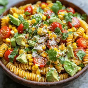 To make Mexican street corn pasta salad, gather these key items: - 8 oz rotini pasta - 2 cups corn kernels (fresh or frozen) - 1/2 cup cherry tomatoes, halved - 1/4 red onion, finely chopped - 1 avocado, diced - 1/2 cup cotija cheese, crumbled - 1/4 cup fresh cilantro, chopped - 2 tablespoons lime juice - 2 tablespoons olive oil - 1 teaspoon chili powder - 1/2 teaspoon garlic powder - Salt and pepper to taste These ingredients create a fresh and vibrant flavor. The pasta adds heartiness, while the corn gives sweetness. You can enhance this salad in many ways. Try adding: - Black beans for protein and fiber - Jalapeños for a spicy kick - Bell peppers for crunch and color - Lime zest for extra brightness These add-ins will give your salad a personal touch. Feel free to mix and match based on your taste. If you need to make swaps, here are some ideas: - Use gluten-free pasta for a gluten-free dish - Replace cotija cheese with feta or vegan cheese - For a lower-carb option, use zucchini noodles instead of pasta These substitutions keep the dish tasty, while catering to your needs. Enjoy creating your own version! First, boil water in a pot. Add salt to the water. Then, add 8 oz of rotini pasta. Cook according to the package time, usually around 8-10 minutes. You want it al dente, firm but not hard. Once cooked, drain the pasta. Rinse it under cold water to stop the cooking. Set it aside while you prepare the other ingredients. Next, take a skillet and heat some olive oil over medium heat. Use about 1 tablespoon of oil. Add 2 cups of corn kernels to the skillet. You can use fresh or frozen corn. Sauté the corn for 5-7 minutes. You want it to be lightly charred. This step adds a nice smoky flavor. Once done, remove from heat and let it cool. In a large mixing bowl, combine the cooled pasta and sautéed corn. Add 1/2 cup of halved cherry tomatoes, 1/4 finely chopped red onion, and 1 diced avocado. Then, sprinkle in 1/2 cup of crumbled cotija cheese and 1/4 cup of chopped fresh cilantro. In a small bowl, whisk together 2 tablespoons of lime juice, 2 tablespoons of olive oil, 1 teaspoon of chili powder, and 1/2 teaspoon of garlic powder. Add salt and pepper to taste. Pour this dressing over the pasta salad. Toss gently to mix everything without mashing the avocado. Now your Mexican Street Corn Pasta Salad is ready to serve! You can enjoy it right away or chill it for 30 minutes to blend the flavors. Cook the rotini pasta in salted boiling water. This adds great flavor to the pasta. Follow the package instructions for cooking time. Check it a minute early to avoid overcooking. You want it al dente, which means firm to the bite. After cooking, drain the pasta and rinse it under cold water. This stops the cooking process and cools the pasta. Set it aside while you prepare the other ingredients. To boost the taste, sauté the corn kernels. Use a little olive oil in a skillet over medium heat. Cook for about 5-7 minutes until they are lightly charred. This adds a nice smoky flavor. Mix lime juice, olive oil, chili powder, and garlic powder for a zesty dressing. Toss this dressing with the pasta salad gently. Be careful not to mash the avocado. Serve the salad in a large bowl. Garnish it with extra cilantro for color. A squeeze of lime on top adds freshness. This makes the dish look vibrant and inviting. You can also serve it in individual bowls for a fun touch. Enjoy the bright colors and flavors of this Mexican Street Corn Pasta Salad! {{image_2}} You can easily make this salad vegetarian or vegan. To make it vegan, skip the cotija cheese. Use a plant-based cheese or nutritional yeast instead. Fresh veggies like bell peppers or zucchini add color and crunch. Enjoy the same great taste without any meat or dairy. If you want to add protein, grilled chicken or shrimp works well. Cook the protein separately, then mix it in with the salad. You can also use canned black beans for a hearty, healthy option. This adds more flavor and makes the dish more filling. For a spicy kick, add diced jalapeños or a splash of hot sauce. You can also increase the chili powder in the dressing. If you prefer it mild, keep the spices light. The salad still tastes great without the heat. Adjust the spice level to fit your taste. To keep your Mexican street corn pasta salad fresh, store it in an airtight container. This helps keep the flavors intact. Make sure to cool the salad to room temperature before sealing it. It’s best to eat leftovers within three days for the best taste. You can enjoy this dish cold, but if you want to warm it, do so gently. Place it in a skillet over low heat. Stir often to avoid burning. Add a splash of olive oil or a bit of water if it seems dry. Heat until just warm, not hot, to keep the avocado fresh. When stored properly, your salad can last up to three days in the fridge. However, the avocado may brown after a day. To avoid this, add the avocado right before serving. Also, keep the dressing separate if you plan to store it for a longer time. This will help maintain the texture and taste. Yes, you can make this salad ahead of time. I recommend preparing it up to a day before you serve it. Just follow the recipe and chill it. The flavors will blend better as it sits. If you can't find cotija cheese, try using feta cheese. Feta has a similar salty taste. You can also use queso fresco for a milder flavor. Both options will work well in this dish. To add spice, you can increase the chili powder in the dressing. Try adding a pinch of cayenne pepper for extra heat. You can also mix in some diced jalapeños for a fresh kick. Just be careful not to overdo it. This blog post covered key ingredients needed for a tasty dish, from essentials to optional add-ins. I shared step-by-step instructions for cooking pasta and sautéing corn, plus how to mix everything perfectly. You now have tips for enhancing flavors and making your meal look great. I also shared variations to fit different diets and preferences. Finally, remember how to store your leftovers safely. With these insights, you can create a flavorful dish that everyone will love.