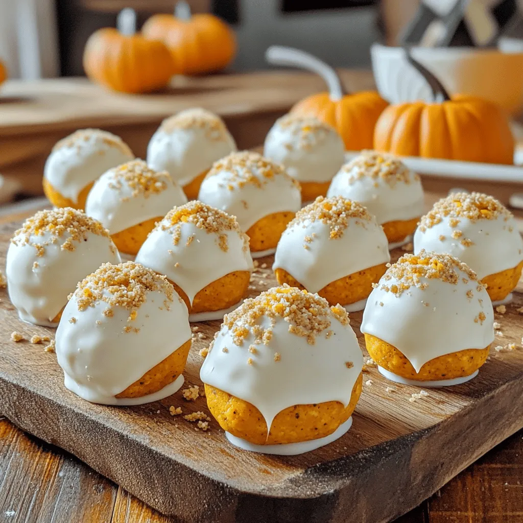 Here’s what you need to make Pumpkin Oreo Balls: - 1 package Oreo cookies (around 15-20 cookies) - 1 cup pumpkin puree - 1 teaspoon pumpkin pie spice - 8 oz cream cheese, softened - 1 cup white chocolate chips - 1 tablespoon coconut oil - Crushed graham crackers for garnish (optional) Each ingredient plays a key role in this treat. The Oreo cookies give a rich, chocolatey base. Pumpkin puree adds a creamy texture and seasonal flavor. Pumpkin pie spice brings warmth and sweetness. Cream cheese makes the filling smooth and rich. White chocolate coats the balls in sweetness. Coconut oil helps the chocolate melt smoothly. Adding graham crackers on top gives a fun crunch. These ingredients work together to make a delightful no-bake treat that everyone will love. For the full recipe, check the instructions above. - First, crush the Oreo cookies in a food processor. You want them finely ground. - Next, mix the crushed Oreos with pumpkin puree, pumpkin pie spice, and cream cheese. Stir until smooth and combined. - After that, roll the mixture into small balls, about one inch wide. Place them on a baking sheet lined with parchment paper. - Now, melt the white chocolate chips with coconut oil. Do this in a microwave-safe bowl using 30-second intervals. Stir each time until fully melted. - Once melted, dip each ball into the chocolate. Make sure they are completely covered. - Return the dipped balls to the baking sheet. If you want, you can garnish them with crushed graham crackers. - Finally, refrigerate the balls until the chocolate hardens. This usually takes about 15 to 20 minutes. For the full recipe, check the details above. Enjoy making these fun treats! To get that smooth and creamy texture, use softened cream cheese. It mixes well and blends easily with the other ingredients. Make sure to freeze the balls for at least 30 minutes before dipping. This helps them hold their shape when you coat them in chocolate. Want a little more flavor? Add a touch of vanilla extract to the mixture. This small addition can make a big difference. For a fun look, use decorative sprinkles or edible glitter to garnish the balls. It adds a festive vibe that makes these treats even more special. These tips will help you create a delightful no-bake treat. For the complete recipe, check out the Full Recipe section. {{image_2}} You can easily change the flavor of your Pumpkin Oreo Balls. One fun idea is to use different cookies. Try chocolate mint for a fresh twist. You can also use peanut butter Oreos for a nutty taste. If you want a richer flavor, substitute dark chocolate for white chocolate. Dark chocolate pairs well with the pumpkin and adds depth. If you need a gluten-free treat, use gluten-free Oreo cookies. They work just as well, and no one will know the difference. For a dairy-free option, choose vegan cream cheese and vegan chocolate. These small changes make the recipe fit many diets. Everyone can enjoy these yummy Pumpkin Oreo Balls! To keep your Pumpkin Oreo Balls fresh, store them in an airtight container in the refrigerator. This helps maintain their flavor and texture. If you want a longer shelf life, you can also keep them in the freezer. They will last up to three months when frozen. No reheating is needed for these treats. You can enjoy them chilled or at room temperature. This makes them perfect for quick snacks or dessert any time of day. Typically, Pumpkin Oreo Balls last up to one week in the refrigerator. To keep them fresh, store them in an airtight container. The cream cheese and pumpkin puree can spoil, so always check for any changes in smell or texture. Yes, you can freeze Pumpkin Oreo Balls for up to three months. To freeze, place them in a single layer on a baking sheet. Once they are firm, transfer them to a freezer-safe container. This way, you can enjoy this treat later without losing flavor or texture. Milk chocolate or dark chocolate are good alternatives to white chocolate. Each option adds a different flavor. Milk chocolate gives a sweeter taste, while dark chocolate adds a rich depth. Choose what you prefer for your Pumpkin Oreo Balls! These Pumpkin Oreo Balls are easy to make and taste great. You just crush, mix, roll, and dip. Remember to use softened cream cheese and freeze the balls for the best texture. You can customize them with different cookies or chocolate types. Store them in an airtight container for freshness. Enjoy these treats with friends or family. They are perfect for any occasion or just a sweet snack at home. Simple steps and fun flavors make this a recipe to try today!