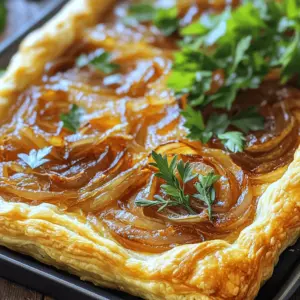 You need one sheet of puff pastry. Make sure it is thawed. This dough forms the base of the tart. It gives a nice, flaky texture when baked. Roll it out to fit a 9-inch tart pan. Next, gather three large onions. Slice them thinly for even cooking. Heat two tablespoons of olive oil in a large skillet. Add the onions and cook them over medium heat. This will take about 15-20 minutes. Stir them often. They should become soft and brown. This is called caramelizing. Add one tablespoon of balsamic vinegar and one teaspoon of thyme leaves. Season with salt and pepper to taste. Cook for two to three more minutes. Let the mixture cool a bit before using. Now, for the creamy part, crack two large eggs into a bowl. Whisk them well. Add one cup of heavy cream and mix until smooth. Grate one cup of Gruyère cheese and stir it in. This cheese gives a rich flavor. Make sure it is evenly mixed. This mixture will be poured over the onions later. First, preheat your oven to 400°F (200°C). Take a sheet of puff pastry and let it thaw. On a clean surface, sprinkle a little flour. Roll out the pastry to fit your 9-inch tart pan. Place the pastry in the pan and press it gently into the edges. Prick the bottom with a fork. This helps to stop the pastry from puffing too much while baking. Next, grab a large skillet and heat 2 tablespoons of olive oil over medium heat. Add 3 large, thinly sliced onions. Stir them often for about 15 to 20 minutes. You want them soft and golden brown. This is the sweet spot for caramelizing. Once they reach that lovely color, stir in 1 tablespoon of balsamic vinegar and 1 teaspoon of thyme leaves. Cook this for another 2 to 3 minutes. Make sure to season with salt and pepper to your liking. Then, take the skillet off the heat and let the onion mix cool a bit. In a mixing bowl, crack open 2 large eggs and add 1 cup of heavy cream. Whisk them together until they are well mixed. Now, add in 1 cup of grated Gruyère cheese. Make sure to mix it until the cheese is evenly spread. This filling will blend perfectly with your caramelized onions. Once everything is ready, spread the caramelized onion mix over your puff pastry base. Pour the egg and cheese mixture over the onions. Bake it in your preheated oven for 25 to 30 minutes. You'll know it's done when the filling is set and the pastry is a nice golden brown. After baking, allow it to cool for a few minutes. Garnish with fresh parsley for a pop of color before serving. Enjoy! To make great caramelized onions, start with medium heat. Use a large skillet and add olive oil. Cook the onions for about 15-20 minutes. Stir them often to avoid burning. When the onions turn golden brown, add balsamic vinegar and thyme. This adds a sweet and tangy flavor. Don’t rush this step. Patience brings out their best taste. For a crispy crust, roll out the puff pastry thinly. Make sure it fits your tart pan well. Prick the bottom with a fork. This step helps prevent puffing and keeps it flat. Bake the tart at 400°F (200°C) until golden brown. This usually takes about 25-30 minutes. Watch closely so it doesn’t burn. A golden crust is key to a perfect tart. This tart tastes great warm or cold. If you serve it warm, the cheese is melty and delicious. Let it cool for a few minutes after baking. This helps the filling set. If you prefer it cold, refrigerate it for a couple of hours. Cold tart is nice for picnics or lunch boxes. It can be enjoyed any time of day. {{image_2}} You can switch Gruyère for other cheeses. Fontina melts well and gives a creamy taste. Cheddar adds a sharpness that contrasts nicely with the sweet onions. For a tangy twist, try goat cheese. Each cheese changes the flavor, so feel free to experiment. To make this tart vegan, use a plant-based puff pastry. Replace the eggs with a mix of ground flaxseed and water. For the cream, use coconut cream or cashew cream. You can also use vegan cheese or nutritional yeast for a cheesy flavor. These swaps keep the dish rich and tasty without dairy. Enhance your tart with extra ingredients. Try adding sautéed mushrooms for an earthy flavor. Spinach brings a fresh note and vibrant color. For a kick, sprinkle in some red pepper flakes. You can also add caramelized garlic for depth. These add-ins make each bite exciting and unique. After you enjoy the tart, you may have some left. Let it cool completely. Place leftovers in an airtight container. The tart stays fresh for up to 3 days in the fridge. If you want to keep it longer, freezing is a great option. You can freeze the tart if you want to save it for later. Wrap it tightly in plastic wrap and then in foil. This helps prevent freezer burn. The tart can stay in the freezer for up to 2 months. When you’re ready, just thaw it in the fridge overnight before reheating. To reheat the tart, preheat your oven to 350°F (175°C). Place the tart on a baking sheet. Heat it for about 15-20 minutes, or until warm. This method keeps the crust crispy and the filling creamy. You can also reheat it in the microwave for 1-2 minutes, but the crust may not be as crisp. If you cannot find Gruyère cheese, here are some good substitutes: - Emmental cheese - Comté cheese - Fontina cheese - A blend of mozzarella and parmesan These cheeses have similar flavors and textures. Emmental offers a nutty taste like Gruyère. Comté is also rich and smooth. Fontina melts well, just like Gruyère. You can mix mozzarella and parmesan for a tasty combo. You can store the tart in the fridge for up to three days. Wrap it tightly in plastic wrap. This keeps it fresh and prevents it from drying out. When you want to eat it, just reheat it in the oven. This brings back its crispy crust and warm filling. Yes, you can make the tart in advance. Prepare the tart and bake it as directed. Let it cool completely before storing. Cover it tightly and keep it in the fridge. You can also freeze it before baking. Just thaw it in the fridge overnight before baking. This makes meal prep easy! This blog post covers the main ingredients for a cheese tart and how to prepare it. We discussed puff pastry, onions, and the cheese blend. The step-by-step guide helps you caramelize onions and mix the filling. Tips ensure a crispy crust and perfect serving. You can explore variations like different cheeses or vegan options. Lastly, proper storage keeps your tart fresh. Remember, cooking is fun and creative! Enjoy making your cheese tart and share it with others. It’s a treat anyone will love!
