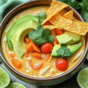 To make a tasty Creamy Chicken Tortilla Soup, you need some fresh veggies and herbs. Here’s a list of the key ingredients: - 2 tablespoons olive oil - 1 medium onion, diced - 3 cloves garlic, minced - 1 bell pepper (red or yellow), diced - 2 medium carrots, diced - 1 jalapeño, minced (optional for spice) - 1 teaspoon ground cumin - 1 teaspoon smoked paprika - 6 cups chicken broth - 2 cups cooked chicken, shredded - 1 cup corn kernels (fresh or frozen) - 1 can (15 oz) black beans, drained and rinsed - 1 cup heavy cream - Salt and pepper to taste - 1 cup cherry tomatoes, halved - 1 cup cilantro, chopped This soup needs chicken and broth for depth. You can use any cooked chicken, like rotisserie. The broth adds warmth and flavor. For the creamy touch, we use heavy cream, which makes it rich and smooth. The spices, ground cumin and smoked paprika, add warmth and complexity. They make the soup more exciting and flavorful. Garnishes can take your soup to the next level. Here are some great options: - Tortilla strips, which add crunch - Slices of avocado for creaminess - Lime wedges for a zesty kick - Fresh cilantro for brightness - You can also add cheese or sour cream if you like These garnishes not only look nice but also enhance the taste. They add different textures and flavors, making each bite delightful. For the full recipe, check out the detailed cooking instructions. To make creamy chicken tortilla soup, start by heating olive oil in a large pot over medium heat. Add diced onion and minced garlic. Sauté them for about 3-4 minutes until the onion turns translucent. This step builds a solid flavor base. Next, stir in the diced bell pepper, carrots, and minced jalapeño if you want some heat. Cook these vegetables for about 5 minutes until they start to soften. This helps all the flavors blend well together. Now, add the ground cumin and smoked paprika. Stir them in for about 30 seconds until you smell their warm scents. Then, pour in 6 cups of chicken broth. Bring the mixture to a boil, then reduce the heat and let it simmer for 10 minutes. This simmering time allows the flavors to mix. After that, add 2 cups of shredded chicken, 1 cup of corn, and 1 can of black beans. Stir everything together and let it simmer for another 10 minutes. This will let the chicken and beans soak up the broth's flavor. Finally, slowly mix in 1 cup of heavy cream while stirring. Let the soup simmer on low for about 5 more minutes. Season it with salt and pepper to your taste. Just before serving, stir in 1 cup of halved cherry tomatoes and 1 cup of chopped cilantro. This adds freshness to the soup. Serve it hot in bowls. For a beautiful presentation, garnish with tortilla strips and avocado slices. Don't forget to add lime wedges on the side. They give a nice zing to each bite! For the full recipe, check out the [Full Recipe]. Enjoy your cooking adventure! To make your creamy chicken tortilla soup even better, think about spice adjustments. You can add more jalapeño if you like heat. For a milder taste, skip the jalapeño or use just half. Try adding a pinch of cayenne for an extra kick. You can also mix in some chili powder or a dash of hot sauce to elevate the flavor. If you're looking for cream substitutes, consider using half-and-half or coconut milk. Both will give you a nice creaminess without the heaviness. You can even try using plain yogurt for a tangy twist. Just stir it in after the soup cools slightly to avoid curdling. While cooking, watch out for overcooking the veggies. You want them tender but not mushy. Pay attention to the cooking times in the recipe to get the best texture. Another mistake is not tasting the soup as you go. Add salt and pepper gradually. Each broth can be different, so adjust to your taste. When combining ingredients, be sure to add the cream slowly. Stir it in gently to keep the soup smooth. If you dump it all in at once, it might not blend well. These tips will help you make a delicious soup that everyone will love! For the full recipe, check out the link above. {{image_2}} You can swap out some ingredients to suit your needs. If you're dairy-free, use coconut cream instead of heavy cream. It adds a nice richness without the dairy. For gluten-free options, look for gluten-free chicken broth. You can also use corn tortillas or crispy rice as a crunchy garnish instead of standard tortilla strips. Want to spice things up? Add more jalapeño or some cayenne pepper. You can also toss in a dash of hot sauce for a kick. If you're looking for a different protein, turkey works great in this soup. For vegetarian options, try using chickpeas or lentils instead of chicken. These choices keep the soup hearty and delicious. By mixing and matching these options, you can create a unique soup every time. Check out the Full Recipe for more ideas! To keep your creamy chicken tortilla soup fresh, use airtight containers. Glass containers work best. They do not stain and are easy to clean. You can also use plastic containers, but ensure they seal tightly. Store your soup in the fridge for up to three days. If you want to keep it longer, freeze it for up to three months. Just make sure to leave some space in the container, as the soup will expand when frozen. When reheating your soup, use the stove for the best flavor. Pour the soup into a pot and heat over medium heat. Stir occasionally to prevent sticking. This method helps keep the flavors rich. You can also use the microwave. Place the soup in a microwave-safe bowl. Heat in short bursts of one minute, stirring in between. This way, it heats evenly. For both methods, add a splash of water or broth if the soup seems too thick. This helps maintain a nice, creamy texture. To thicken your soup, you have a few easy options. - Cornstarch Slurry: Mix equal parts cornstarch and cold water. Stir it into the soup and cook until it thickens. - Flour Roux: Cook equal parts flour and butter in a pan until golden. Add it to the soup for a rich texture. - Mashed Beans: Blend a portion of the black beans before adding them. This adds body and flavor. These methods work well and fit nicely with the creamy taste of the soup. Yes, you can make this soup ahead of time! It actually helps the flavors blend better. - Make-ahead Timing: Cook the soup and let it cool. Store it in the fridge for up to three days. - Reheating: When ready to eat, reheat gently on the stove. Add fresh cream if needed for a creamy finish. Keep in mind, if you add the avocado or tortilla strips early, they might become soggy. Add these right before serving for the best taste. The soup can be as spicy as you want! - Spice Levels: The jalapeño adds heat, but you can skip it if you prefer mild flavors. - Adjusting Spice: If you want more heat, add extra jalapeños or a pinch of cayenne pepper. For less heat, remove seeds from the jalapeño before adding it. This soup is flexible! You can easily adjust the spice to fit your taste. In this blog post, we explored the key ingredients for creamy chicken tortilla soup. We covered fresh veggies, chicken options, and tasty spices. You learned about garnishes that can elevate your dish too. We walked through clear steps for cooking and assembling the soup, plus tips to avoid common mistakes. Finally, we discussed variations, storage, and reheating ideas. Creamy chicken tortilla soup can be fun and easy to make. Try your own twists to make it your favorite! Enjoy cooking!